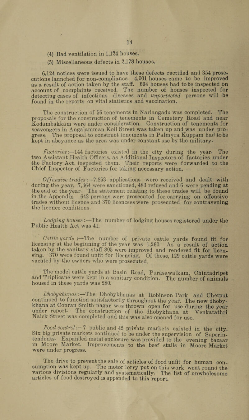 (4) Bad ventilation in 1,124 houses. (5) Miscellaneous defects in 2,178 houses. 6,124 notices were issued to have these defects rectified and 354 prose¬ cutions launched for non-compliance. 4,001 houses came to be improved as a result of action taken by the staff. 694 houses had to be inspected on account of complaints received. The number of houses inspected for detecting cases of infectious diseases and unportected persons will be found in the reports on vital statistics and vaccination. The construction of 56 tenements in Nariangadu was completed. The proposals for the construction of tenements in Cemetery Road and near Kodambakkam were under consideration. Construction of tenements for scavengers in Angalamman Koil Street was taken up and was under pro¬ gress. The proposal to construct tenements in Palmyra Kuppam had to be kept in abeyance as the area was under constant use by the military. Factories:—144 factories existed in the city during the year. The two Assistant Health Officers, as Additional Inspectors of factories under the Factory Act, inspected them. Their reports were forwarded to the Chief Inspector of Factories for taking necessary action. Offensive trades:—7,853 applications were received and dealt with during the year. 7,364 were sanctioned, 483 refused and 6 were pending at the end of the year. The statement relating to these trades will be found in the Appendix. 642 persons were prosecuted for carrying on offensive trades without licence and 370 licencees were prosecuted for contravening the licence conditions. Lodging houses’.—The number of lodging houses registered under the Public Health Act was 41. Cattle yards The number of private cattle yards found fit for licensing at the beginning of the year was 1,260. As a result of action taken by the sanitary staff 805 were improved and rendered fit for licen¬ sing. 370 were found unfit for licensing. Of these, 129 cattle yards were vacated by the owners who were prosecuted. The model cattle yards at Basin Road, Purasawalkam, Chintadripet and Triplicane were kept in a sanitary condition. The number of animals housed in these yards was 280. Dhohykhanas The Dhobykhanas at Robinson Park and Chetput continued to function satisfactorily throughout the year. The new dhoby- khana at Conran Smith nagar was thrown open for use during the year under report. The construction of the dhobykhana at Yenkatathri Naick Street was completed and this was also opened for use. Food control:— 7 public and 42 private markets existed in the city. Six big private markets continued to be under the supervision of Superin¬ tendents. Expanded metal enclosure was provided to the evening bazaar in Mcore Market. Improvements to the beef stalls in Moore Market were under progress. The drive to prevent the sale of articles of food unfit for human con¬ sumption was kept up. The motor lorry put on this work went round the various divisions regularly and systematically. The list of unwholesome articles of food destroyed is appended to this report.