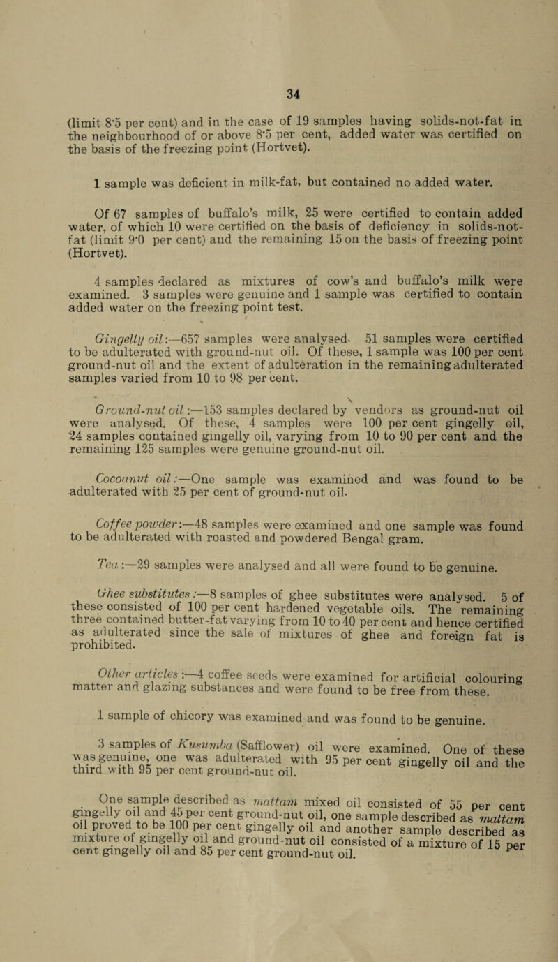 (limit 8*5 per cent) and in the case of 19 samples having solids-not-fat in the neighbourhood of or above 8*5 per cent, added water was certified on the basis of the freezing point (Hortvet). 1 sample was deficient in milk-fat, but contained no added water. Of 67 samples of buffalo’s milk, 25 were certified to contain added water, of which 10 were certified on the basis of deficiency in solids-not- fat (limit 9'0 per cent) and the remaining 15 on the basis of freezing point (Hortvet). 4 samples declared as mixtures of cow’s and buffalo’s milk were examined. 3 samples were genuine and 1 sample was certified to contain added water on the freezing point test. / Gingelly oil:—657 samples were analysed. 51 samples were certified to be adulterated with ground-nut oil. Of these, 1 sample was 100 per cent ground-nut oil and the extent of adulteration in the remaining adulterated samples varied from 10 to 98 percent. \ Grouncl-nut oil:—153 samples declared by vendors as ground-nut oil were analysed. Of these, 4 samples were 100 per cent gingelly oil, 24 samples contained gingelly oil, varying from 10 to 90 per cent and the remaining 125 samples were genuine ground-nut oil. Cocoanut oil:—One sample was examined and was found to be adulterated with 25 per cent of ground-nut oil. Coffee powder:—48 samples were examined and one sample was found to be adulterated with roasted and powdered Bengal gram. Tea29 samples were analysed and all were found to be genuine. Ghee substitutes:—8 samples of ghee substitutes were analysed. 5 of these consisted of 100 per cent hardened vegetable oils. The remaining three contained butter-fat varying from 10 to 40 percent and hence certified as adulterated since the sale ot mixtures of ghee and foreign fat is prohibited. Other articles : 4 coffee seeds were examined for artificial colouring mattei and glazing substances and were found to be free from these. 1 sample of chicory was examined and was found to be genuine. 3 samples of Kusumba (Safflower) oil were examined. One of these v as genuine, one was adulterated with 95 per cent gingelly oil and the third with 95 per cent ground-nut oil. One sample described as mattam mixed oil consisted of 55 per cent gingelly oil and 45 per cent ground-nut oil, one sample described as mattam oil proved to be 100 per cent gingelly oil and another sample described as mixture of gingelly oil and ground-nut oil consisted of a mixture of 15 per cent gingelly oil and 85 per cent ground-nut oil. ^