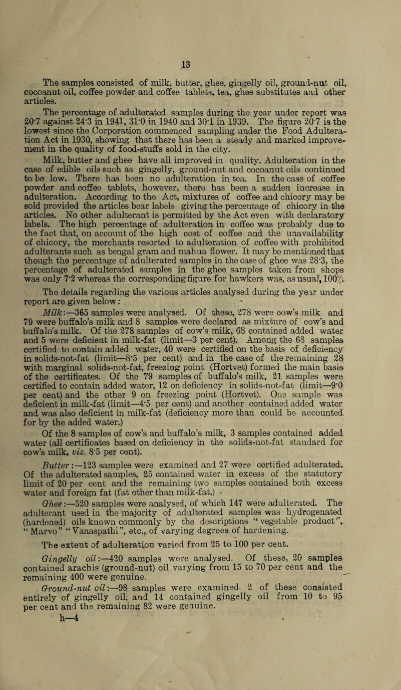 The samples consisted of milk, butter, ghee, gingelly oil, ground-nut oil, cocoanut oil, coffee powder and coffee tablets, tea, ghee substitutes and other articles. The percentage of adulterated samples during the year under report was 20*7 against 24*3 in 1941, 31*0 in 1940 and 30*1 in 1939. The figure 207 is the lowest since the Corporation commenced sampling under the Food Adultera¬ tion Act in 1930, showing that there has been a steady and marked improve¬ ment in the quality of food-stuffs sold in the city. Milk, butter and ghee have all improved in quality. Adulteration in the case of edible oils such as gingelly, ground-nut and cocoanut oils continued to be low. There has been no adulteration in tea. In the case of coffee powder and coffee tablets, however, there has been a sudden increase in adulteration. According to the Act, mixtures of coffee and chicory may be sold provided the articles bear labels giving the percentage of chicory in the articles. No other adulterant is permitted by the Act even with declaratory labels. The high percentage of adulteration in coffee was probably due to the fact that, on account of the high cost of coffee and the unavailability of chicory, the merchants resorted to adulteration of coffee with prohibited adulterants such as bengal gram and mahua flower. It may be mentioned that though the percentage of adulterated samples in thecas9of ghee was 28*3, the percentage of adulterated samples in the ghee samples taken from shops was only 7*2 whereas the corresponding figure for hawkers was, as usual, 100^ The details regarding the various articles analysed during the year under report are given below: Milk:—365 samples were analysed. Of these, 278 were cow’s milk and 79 were buffalo’s milk and 8 samples were declared as mixture of cow’s and buffalo's milk. Of the 278 samples of cowT’s milk, 68 contained added water and 5 were deficient in milk-fat (limit—3 per cent). Among the 68 samples certified to contain added water, 40 were certified on the basis of deficiency in solids-not-fat (limit—8*5 per cent) and in the case of the remaining 28 with marginal solids-not-fat, freezing point (Hortvet) formed the main basis of the certificates. Of the 79 samples of buffalo’s milk, 21 samples were certified to contain added water, 12 on deficiency in solids-not-fat (limit—9*0 per cent) and the other 9 on freezing point (Hortvet). One sample was deficient in milk-fat (limit—4*5 per cent) and another contained added water and was also deficient in milk-fat (deficiency more than could be accounted for by the added water.) Of the 8 samples of cow’s and buffalo’s milk, 3 samples contained added water (all certificates based on deficiency in the solids-not-fat standard for cow’s milk, viz. 8*5 per cent). Butter:—123 samples were examined and 27 were certified adulterated. Of the adulterated samples, 25 contained water in excess of the statutory limit of 20 per cent and the remaining two samples contained both excess water and foreign fat (fat other than milk-fat.) Ghee:—520 samples were analysed, of which 147 were adulterated. The adulterant used in the majority of adulterated samples was hydrogenated (hardened) oils known commonly by the descriptions “vegetable product'’, “Marvo” “ Vanaspathi”, etc., of varying degrees of hardening. The extent of adulteration varied from 25 to 100 per cent. Gingelly oil:—420 samples were analysed. Of these, 20 samples contained arachis (ground-nut) oil varying from 15 to 70 per cent and the remaining 400 were genuine. Ground-nut oil:—98 samples were examined. 2 of these consisted entirely of gingelly oil, and 14 contained gingelly oil from 10 to 95 per cent and the remaining 82 were genuine. h—4 :