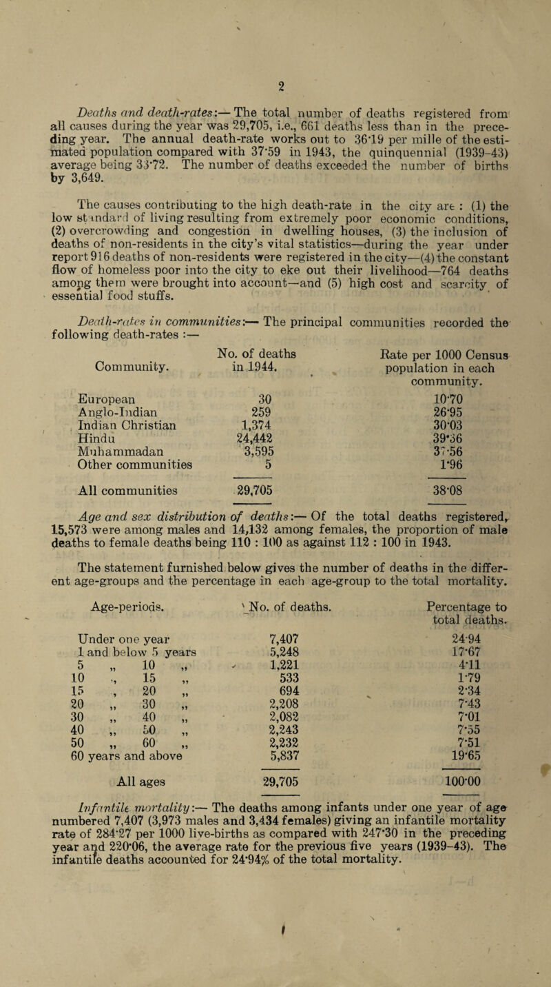 x Deaths and death-rates:—The total number of deaths registered from all causes during the year was 29,705, i.e., 661 deaths less than in the prece¬ ding year. The annual death-rate works out to 3619 per mille of the esti¬ mated population compared with 37*59 in 1943, the quinquennial (1939-43) average being 33*72. The number of deaths exceeded the number of births by 3,649. The causes contributing to the high death-rate in the city are : (1) the low standard of living resulting from extremely poor economic conditions, (2) overcrowding and congestion in dwelling houses, (3) the inclusion of deaths of non-residents in the city’s vital statistics—during the year under report 916 deaths of non-residents were registered in the city—(4) the constant flow of homeless poor into the city to eke out their livelihood—764 deaths among them were brought into account—and (5) high cost and scarcity of essentia] food stuffs. Death-rate;s in communities:— The principal communities recorded the following death-rates :— No. of deaths Rate per 1000 Census Community. in 1944. population in each community. European 30 10*70 Anglo-Indian 259 26*95 Indian Christian 1,374 30-03 Hindu 24,442 39*36 Muhammadan 3,595 37-56 Other communities 5 1*96 All communities 29,705 38*08 Age and sex distribution of deaths:— Of the total deaths registered. 15,573 were among males and 14,132 among females, the proportion of male deaths to female deaths being 110 : 100 as against 112 : 100 in 1943. The statement furnished below gives the number of deaths in the differ- ent age-groups and the percentage in each age-group to the total mortality. Age-periods. 'No. of deaths. Percentage to total deaths. Under one year 7,407 24-94 1 and below 5 years 5,248 17*67 5 „ 10 „ - 1.221 4*11 10 „ 15 533 1*79 15 , 20 694 2*34 20 „ 30 2,208 7*43 30 „ 40 2,082 7*01 40 „ 50 „ 2,243 7*55 50 „ 60 „ 2,232 7*51 60 years and above 5,837 19-65 All ages 29,705 100*00 Infantile mortality:— The deaths among infants under one year of age numbered 7,407 (3,973 males and 3,434 females) giving an infantile mortality rate of 284*27 per 1000 live-births as compared with 247*30 in the preceding year and 220*06, the average rate for the previous five years (1939-43). The infantile deaths accounted for 24*94% of the total mortality.