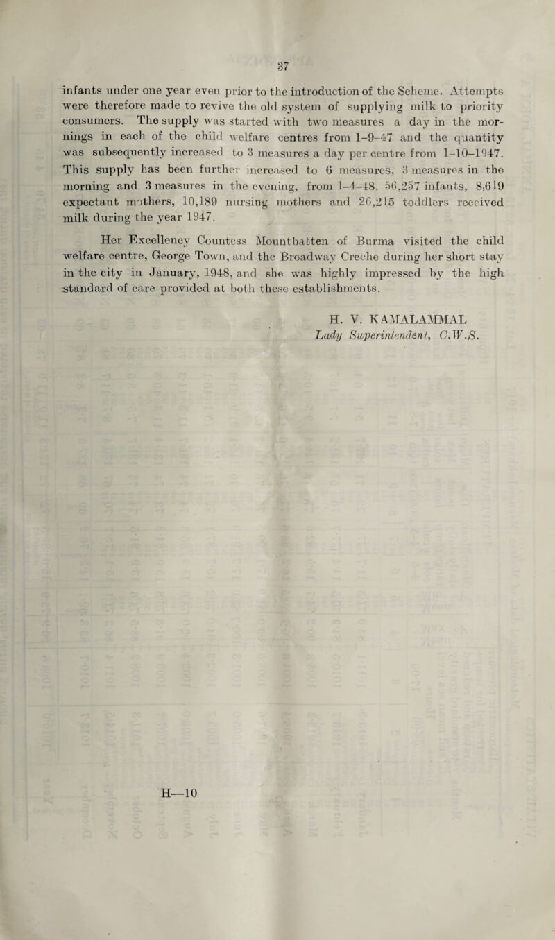 infants under one year even prior to the introduction of the Scheme. Attempts were therefore made to revive the old system of supplying milk to priority consumers. The supply was started with two measures a day in the mor¬ nings in each of the child welfare centres from 1-9-47 and the quantity was subsequently increased to 3 measures a day per centre from 1-10-1 ()47. This supply has been further increased to 6 measures, 3 measures in the morning and 3 measures in the evening, from 1-4-48. 56,257 infants, 8,619 expectant mothers, 10,189 nursing mothers and 26,215 toddlers received milk during the year 1947. Her Excellency Countess Mountbatten of Burma visited the child welfare centre, George Town, and the Broadway Creche during her short stay in the city in January, 1948, and she was highly impressed by the high standard of care provided at both these establishments. H. V. KAMALAMMAL Lady Superintendent, C. !F.$. H—10