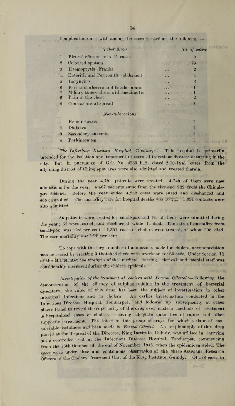 Complications met with among the cases treated are the following:— Tuberculous No. of cases.- 1. Pleural effusion in A. P. cases ... 9 2. Coloured sputum ... 13 3. Haemoptysis (Frank) ... 2 4. Enteritis and Peritonitis (abdomen) ... 4 5. Laryngitis ... 3 6. Peri-anal abscess and fistula-in-ano ... 1 7. Miliary tuberculosis with meningitis ... 1 8. Pain in the chest ... 2 D. Contra-lateral spread ... 3 Non-tuber culous 1. Helminthiasis ... 2 2. Diabetes ... 1 3. Secondary anaemia ... 2 4. Parkinsonism ... 1 The Infectious Diseases Hospital, Tondiarpei :—This hospital is primarily intended for the isolation and treatment of cases of infectious diseases occurring in the oity. But, in pursuance of G.O. No. 4255 P.H. dated 2-10-1941 cases from the adjoining district, of Chingleput area were also admitted and treated therein. During the year 4,791 patients were treated. 4,749 of them were new admissions for the year. 4,467 patients came from the city and 282 from the Chingle¬ put district. Before the year endec! 4,232 cases were cured and discharged and 488 cases died. The mortality rate for hospital deaths was 10,2%. 1,031 contacts were also admitted. 86 patients were treated for small-pox and 81 of them were admitted during the year; 52 were cured and discharged while 11 died. The rate of mortality from small-pox was 12'8 per cent. 1,301 cases of cholera were treated, of whom 205 died. The case mortality was 15-8 per cent. To cope with the large number of admissions made for cholera, accommodation was increased by erecting 3 thatched sheds with provision for 60 beds. Under Section 11 of the M.C.M. Act the strength of the medical, nursing, clerical and menial staff was considerably increased during the cholera epidemic. Investigation of the treatment of cholera with Formol Cibazol:—Following the demonstration of the efficacy of sulphaguanidine in the treatment of bacterial dysentery, the value of this drug has been the subject of investigation in other intestinal infections and in cholera. An earlier investigation conducted in the Infectious Diseases Hospital, Tondiarpet, and followed up subsequently at other places failed to reveal the superiority of this drug over modern methods of treatment in hospitalised cases of cholera receiving adequate quantities of saline and other supportive treatment. The latest in this group of drugs for which a claim of con¬ siderable usefulness had been made is Formol Cibazol. An ample supply of this drug placed at the disposal of the Director, King Institute, Guindy, was utilised in carrying out a controlled trial at the Infectious Diseases Hospital, Tondiarpet, commencing from the 13th October till the end of November, 1948, when the epidemic subsided. The cases were under close and continuous observation of the three Assistant Research Officers of the Cholera Treatment Unit of the King Institute, Guindy. Of 138 cases ia