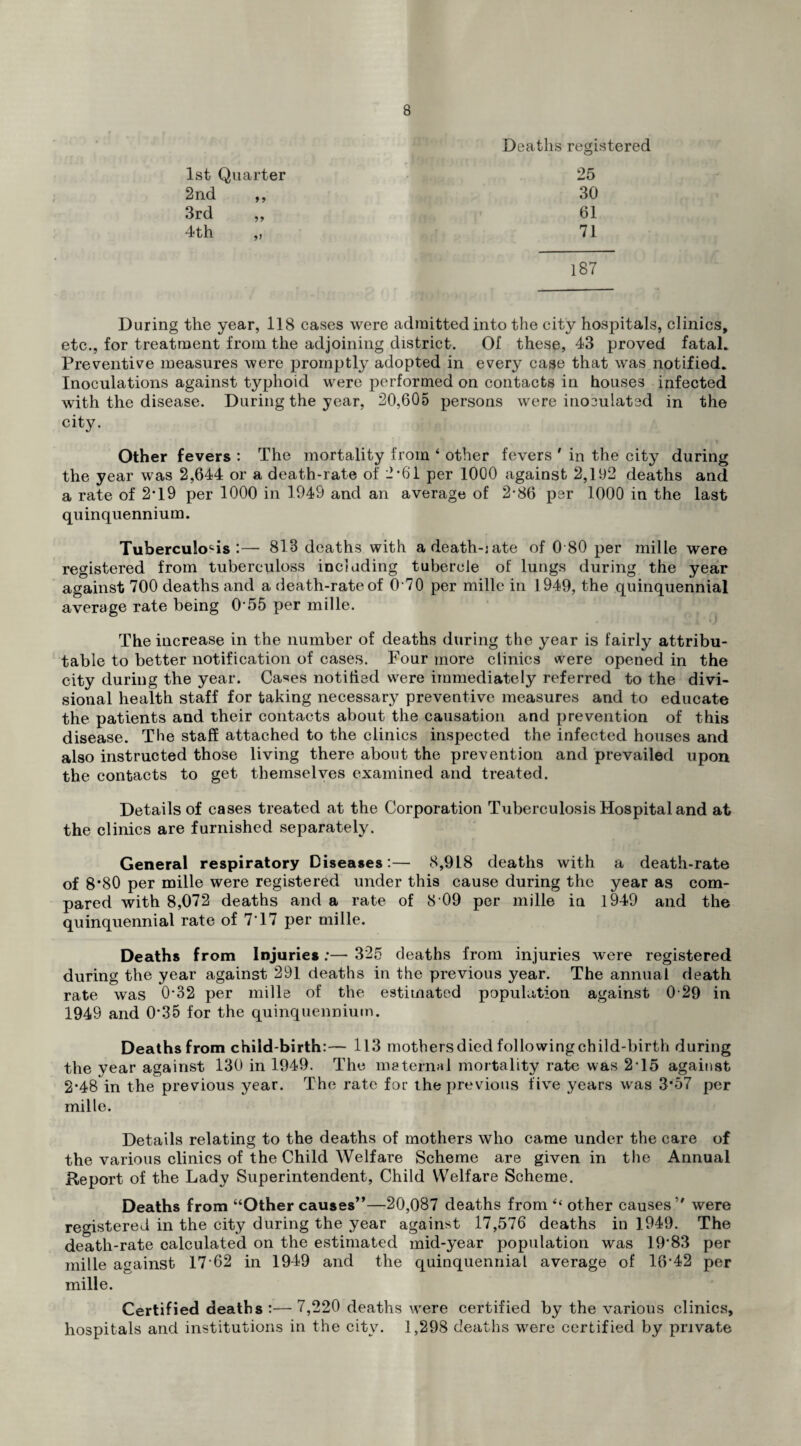 8 Deaths registered 1st Quarter 25 2nd ,, 30 3rd „ 61 4th ,, 71 187 During the year, 118 cases were admitted into the city hospitals, clinics, etc., for treatment from the adjoining district. Of these, 43 proved fatal. Preventive measures were promptly adopted in every case that w*as notified. Inoculations against typhoid were performed on contacts in houses infected with the disease. During the year, 20,605 persons were inoculated in the city. Other fevers : The mortality from ‘ other fevers ' in the city during the year was 2,644 or a death-rate of 2-61 per 1000 against 2,192 deaths and a rate of 2*19 per 1000 in 1949 and an average of 2*86 per 1000 in the last quinquennium. Tuberculosis :— 813 deaths with adeath-jate of 0 80 per mille were registered from tuberculoss including tubercle of lungs during the year against 700 deaths and a death-rate of 0 70 per mille in 1949, the quinquennial average rate being 0'55 per mille. The increase in the number of deaths during the year is fairly attribu¬ table to better notification of cases. Four more clinics were opened in the city during the year. Cases notified were immediately referred to the divi¬ sional health staff for taking necessary preventive measures and to educate the patients and their contacts about the causation and prevention of this disease. The staff attached to the clinics inspected the infected houses and also instructed those living there about the prevention and prevailed upon the contacts to get themselves examined and treated. Details of cases treated at the Corporation Tuberculosis Hospital and at the clinics are furnished separately. General respiratory Diseases:— 8,918 deaths with a death-rate of 8*80 per mille were registered under this cause during the year as com¬ pared with 8,072 deaths and a rate of 8 09 per mille in 1949 and the quinquennial rate of 7T7 per mille. Deaths from Injuries :— 325 deaths from injuries were registered during the year against 291 deaths in the previous year. The annual death rate was 0*32 per mille of the estimated population against 0 29 in 1949 and 0*35 for the quinquennium. Deaths from child-birth:— 113 mothers died following child-birth during the year against 130 in 1949. The maternal mortality rate was 215 against 2*48 in the previous year. The rate for the previous five years was 3*57 per mille. Details relating to the deaths of mothers who came under the care of the various clinics of the Child Welfare Scheme are given in the Annual Report of the Lady Superintendent, Child Welfare Scheme. Deaths from “Other causes”—20,087 deaths from “ other causes” were registered in the city during the year against 17,576 deaths in 1949. The death-rate calculated on the estimated mid-year population was 19*83 per mille against 17*62 in 1949 and the quinquennial average of 16*42 per mille. Certified deaths :— 7,220 deaths were certified by the various clinics, hospitals and institutions in the citv. 1,298 deaths were certified by private
