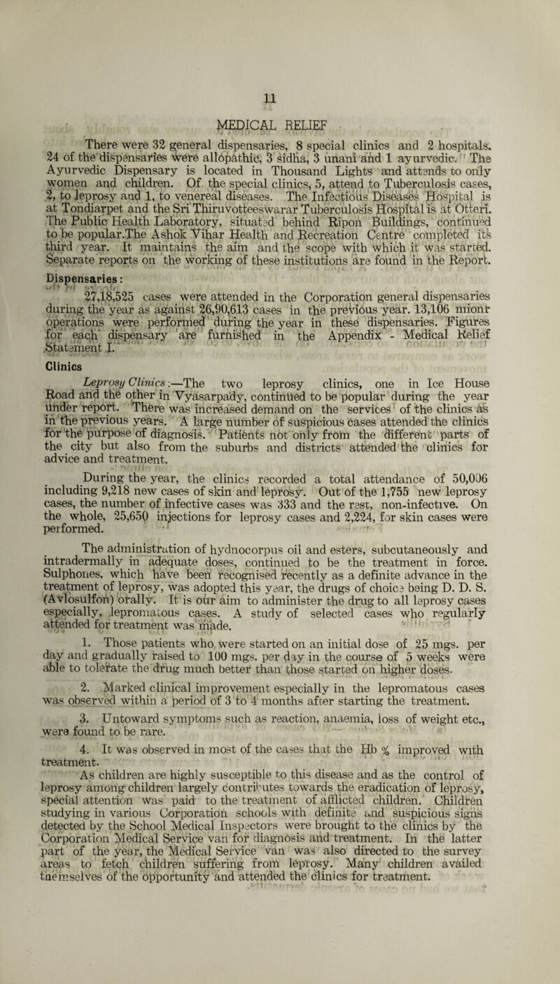 MEDICAL RELIEF There were 32 general dispensaries, 8 special clinics and 2 hospitals. 24 of the dispensaries were allopathic, 3 sidha, 3 unani and 1 ayurvedic. The Ayurvedic Dispensary is located in Thousand Lights and attends to only women and children. Of the special clinics, 5, attend to Tuberculosis cases, % to leprosy and 1, to venereal diseases. The Infectious' Diseases Hospital is at Tondiarpet and the Sri Thiruvotteeswarar Tuberculosis Hospital is at Often. The Public Health Laboratory, situated behind Ripon Buildings, continued to be popular.The Ashok Yihar Health and Recreation Centre completed its third year. It maintains the aim and the scope with which it was started. Separate reports on the working of these institutions are found in the Report. Dispensaries: 27,18,525 cases were attended in the Corporation general dispensaries during the year as against 26,90,613 cases in the previous year. 13,106 mionr operations were performed during the year in these dispensaries. Figures for' each dispensary are furbished in the Appendix - Medical Relief Statement I.' ‘ ’ 1' ' 1 :: 1 ! ! Clinics Leprosy Clinics:—The two leprosy clinics, one in Ice House Road and the other in Vyasarpady, continued to be popular during the year Under report. There was increased demand on the services of the clinics as in the previous years. A large number of suspicious cases attended the clinics for the purpose of diagnosis. Patients not only from the different parts of the city but also from the suburbs and districts attended the clinics for advice and treatment. ■ ‘ . »|ln i; During the year, the clinics recorded a total attendance of 50,006 including 9,218 new cases of skin and leprosy. Out of the 1,755 new leprosy cases, the number of infective cases was 333 and the rest, non-infective. On the whole, 25,650 injections for leprosy cases and 2,224, for skin cases were performed. 1 The administration of hydnocorpus oil and esters, subcutaneously and intradermally in adequate doses, continued to be the treatment in force. Sulphones, which have beeil recognised recently as a definite advance in the treatment of leprosy, was adopted this year, the drugs of choice being D. D. S. (Avfflsulfon) orally. It is our aim to administer the drug to all leprosy cases especially, lepromatous cases. A study of selected cases who regularly attended for treatment was made. ' * • t- . '.1 r: ' . J 1. Those patients who were started on an initial dose of 25 mgs. per day and gradually raised to 100 mgs. per day in the course of 5 weeks were able to tolerate the drug much better than those started on higher doses. * ... • j ■ . . - . s - • . ( 2. Marked clinical improvement especially in the lepromatous cases was observed within a period of 3 to 4 months after starting the treatment. 3. Untoward symptoms such as reaction, anaemia, loss of weight etc., were found to be rare. 4. It was observed in most of the cases that the Hb % improved with treatment. As children are highly susceptible to this disease and as the control of leprosy among children largely contributes towards the eradication of leprosy, special attention was paid to the treatment of afflicted children. Children studying in various Corporation schools with definite and suspicious signs detected by the School Medical Inspectors were brought to the clinics by the Corporation Medical Service van for diagnosis and treatment. In the latter part of the year, the Medical Service van was also directed to the survey areas to fetch children suffering from leprosy. Many children availed themselves of the opportunity and attended the clinics for treatment.