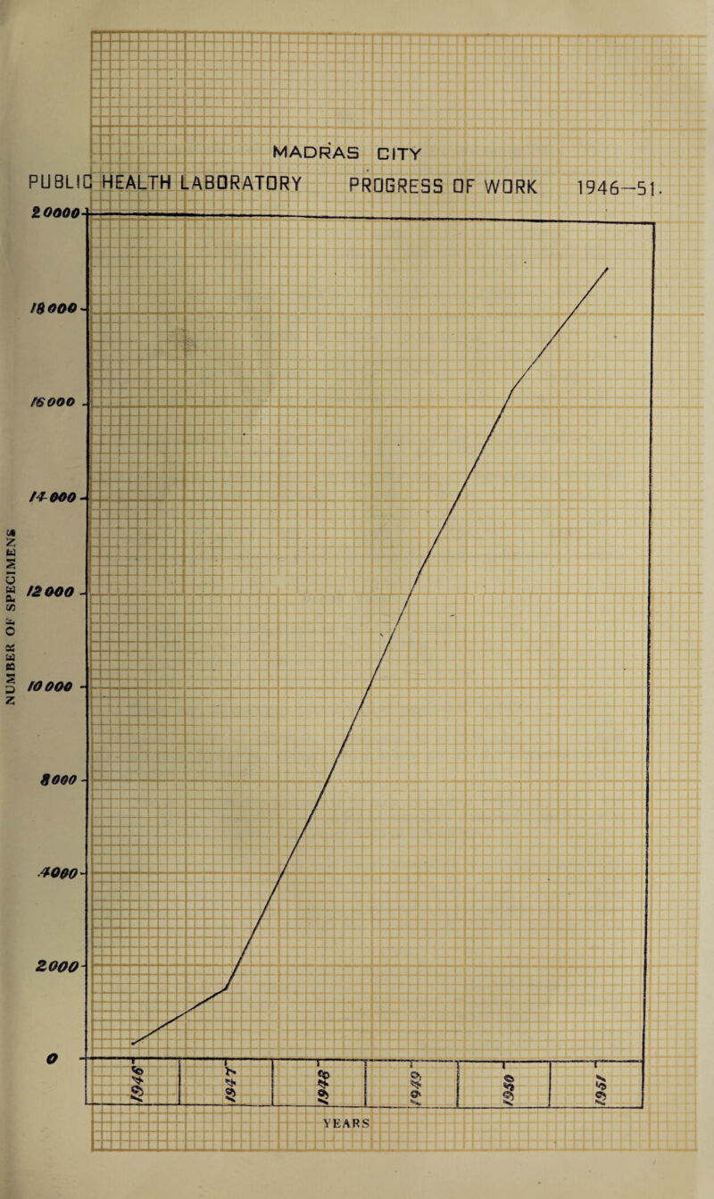 NUMBER OF SPECIMENS rr ~r +T-4 I! I I_1_1 ' » 1 I 1 1 1 1 I II! MADRAS CITY PUBLIC HEALTH LABORATORY PROGRESS L Ll LH 11 _L_I jM. L i j _f_I 1 < Mil OF WORK 1946-51 20000 IB 000 r6ooo 14-000 12000 IOOOO 9000 .4000 2000 o /9jy
