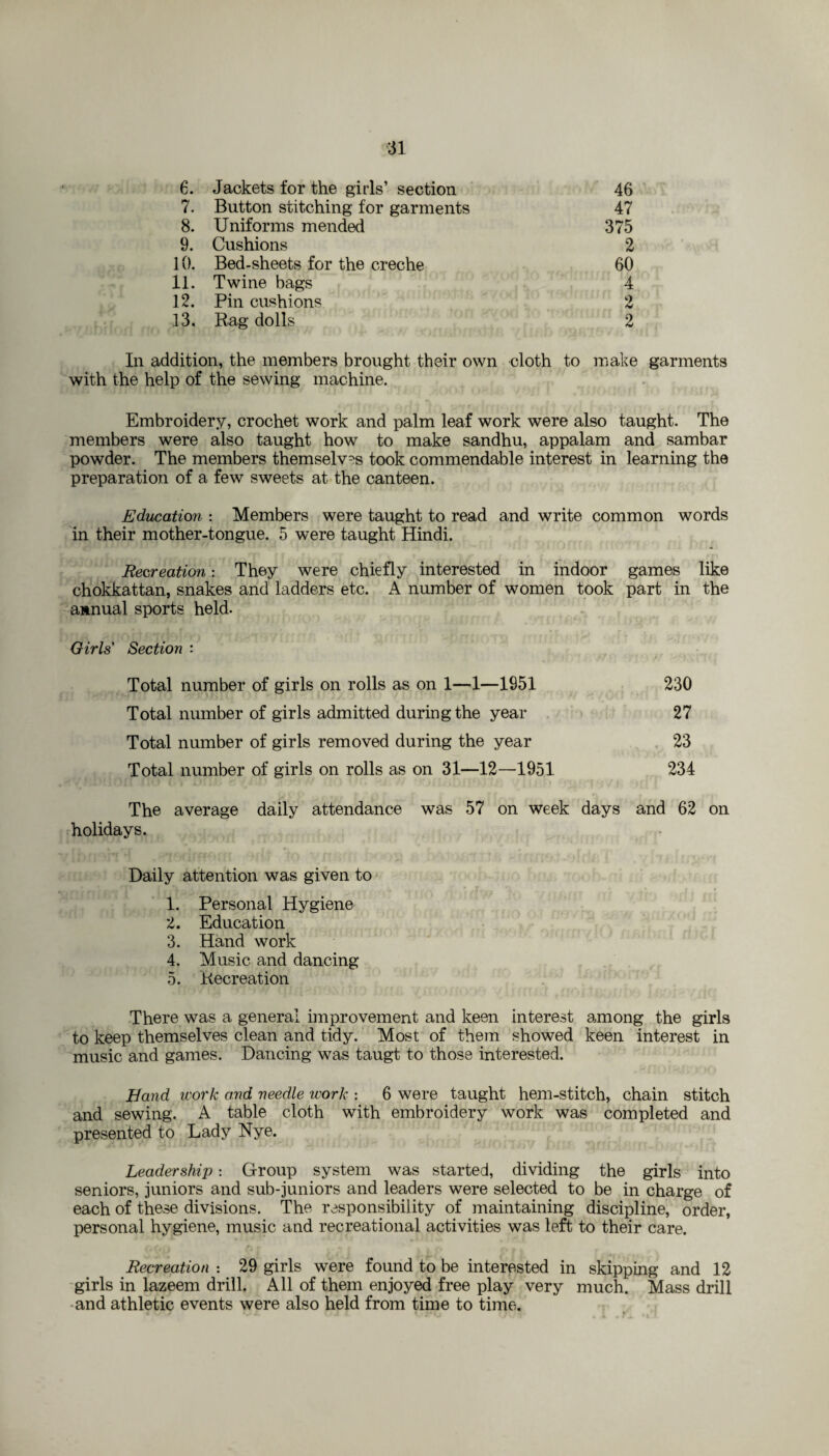 6. Jackets for the girls’ section 46 7. Button stitching for garments 47 8. Uniforms mended 375 9. Cushions 2 10. Bed-sheets for the creche 60 11. Twine bags 4 12. Pin cushions 2 13. Bag dolls 2 In addition, the members brought their own cloth to make garments with the help of the sewing machine. Embroidery, crochet work and palm leaf work were also taught. The members were also taught how to make sandhu, appalam and sambar powder. The members themselves took commendable interest in learning the preparation of a few sweets at the canteen. Education : Members were taught to read and write common words in their mother-tongue. 5 were taught Hindi. Recreation: They were chiefly interested in indoor games like chokkattan, snakes and ladders etc. A number of women took part in the annual sports held. Girls' Section : Total number of girls on rolls as on 1—1—1951 230 Total number of girls admitted during the year 27 Total number of girls removed during the year 23 Total number of girls on rolls as on 31—12—1951 234 The average daily attendance was 57 on week days and 62 on holidays. Daily attention was given to 1. Personal Hygiene 2. Education 3. Hand work 4. Music and dancing 5. Kecreation There was a general improvement and keen interest among the girls to keep themselves clean and tidy. Most of them showed keen interest in music and games. Dancing was taugt to those interested. Hand work and needle work : 6 were taught hem-stitch, chain stitch and sewing. A table cloth with embroidery work was completed and presented to Lady Nye. Leadership: Group system was started, dividing the girls into seniors, juniors and sub-juniors and leaders were selected to be in charge of each of these divisions. The responsibility of maintaining discipline, order, personal hygiene, music and recreational activities was left to their care. Recreation : 29 girls were found to be interested in skipping and 12 girls in lazeem drill. All of them enjoyed free play very much. Mass drill and athletic events were also held from time to time.