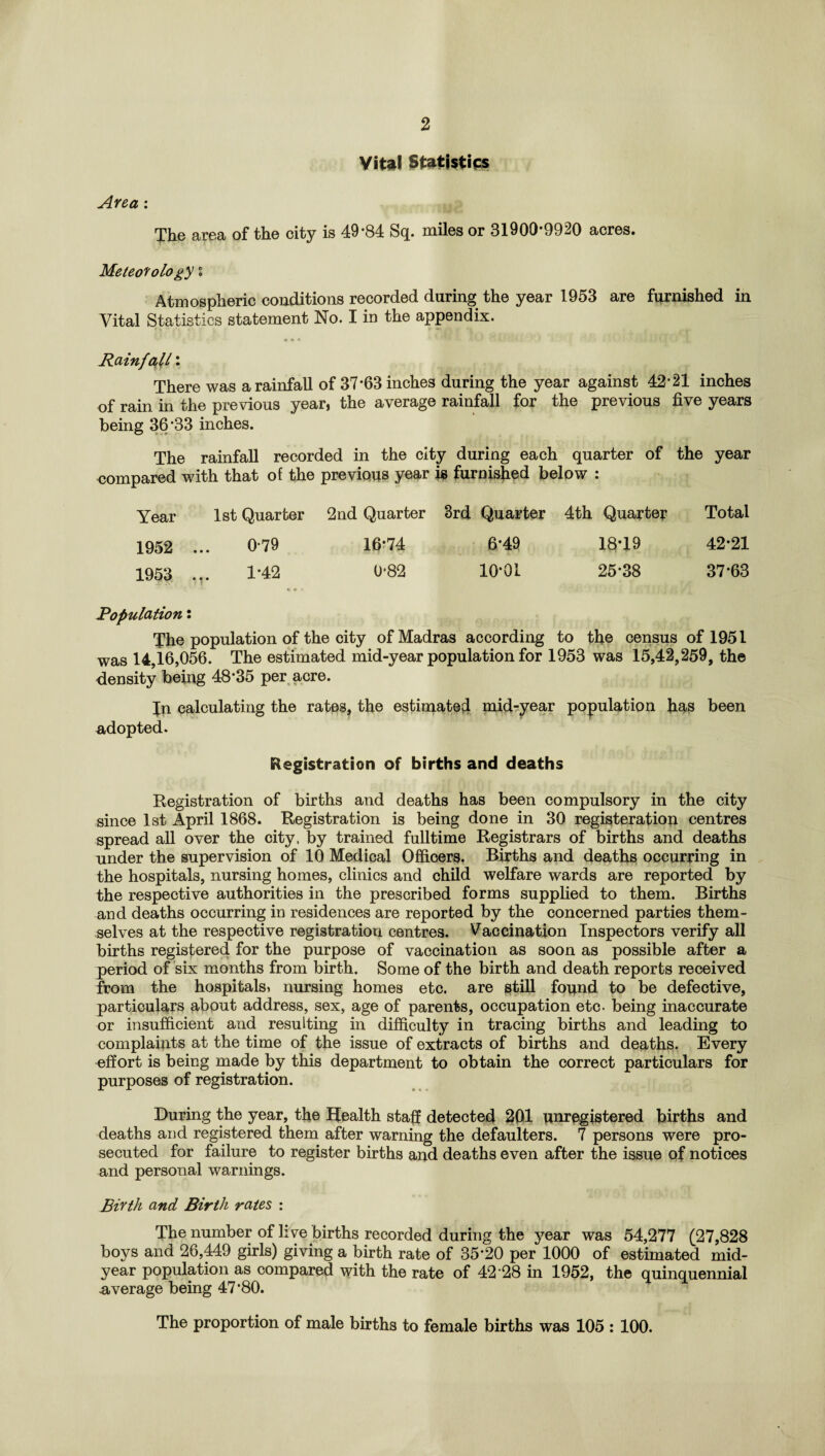 Vital Statistics Area: The area of the city is 49*84 Sq. miles or 31900*9920 acres. Meteorology i Atmospheric conditions recorded during the year 1953 are furnished in Vital Statistics statement No. I in the appendix. « • *« Rainfall: There was a rainfall of 37*63 inches during the year against 42*21 inches of rain in the previous year, the average rainfall for the previous five years being 36*33 inches. The rainfall recorded in the city during each quarter of the year compared with that of the previous year is furnished below : Year 1st Quarter 2nd Quarter 3rd Quarter 4th Quarter Total 1952 0-79 16*74 6*49 18*19 42*21 1953 1-42 0*82 10*01 25*38 37*63 Population: The population of the city of Madras according to the census of 1951 was 14,1.6,056. The estimated mid-year population for 1953 was 15,42,259, the density being 48*35 per acre. Jn calculating the rates, the estimated mid-year population has been adopted. Registration of births and deaths Registration of births and deaths has been compulsory in the city since 1st April 1868. Registration is being done in 30 registeration centres spread all over the city, by trained fulltime Registrars of births and deaths under the supervision of 10 Medical Officers. Births and deaths occurring in the hospitals, nursing homes, clinics and child welfare wards are reported by the respective authorities in the prescribed forms supplied to them. Births and deaths occurring in residences are reported by the concerned parties them¬ selves at the respective registration centres. Vaccination Inspectors verify all births registered for the purpose of vaccination as soon as possible after a period of six months from birth. Some of the birth and death reports received from the hospitals, nursing homes etc. are still found to be defective, particulars about address, sex, age of parents, occupation etc- being inaccurate or insufficient and resulting in difficulty in tracing births and leading to complaints at the time of the issue of extracts of births and deaths. Every effort is being made by this department to obtain the correct particulars for purposes of registration. During the year, the Health staff detected 201 unregistered births and deaths and registered them after warning the defaulters. 7 persons were pro¬ secuted for failure to register births and deaths even after the issue of notices and personal warnings. Birth and Birth rates : The number of live births recorded during the year was 54,277 (27,828 boys and 26,449 girls) giving a birth rate of 35*20 per 1000 of estimated mid¬ year population as compared with the rate of 42'28 in 1952, the quinquennial .average being 47*80. The proportion of male births to female births was 105 : 100.