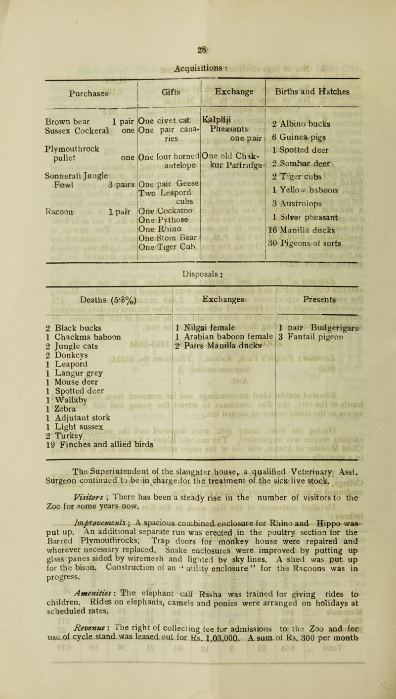 Acquisitions : Purchases Gifts Exchange Births and Hatches Brown bear 1 pair Sussex Cockeral one One civet cat One pair cana¬ ries Kalpliji Pheasants one pair 2 Albino bucks 6 Guinea pigs Plymouthrock pullet one One four horned antelope One old Chak- kur Partridge 1 Spotted deer 2 Sambur deer Sonnerati Jungle Fowl 3 pairs Racoon 1 pair One pair Geese Two Leapord cubs One Cockatoo One Pythose One Rhino One Stom Bear One Tiger Cub 2 Tiger cubs 1 Yellow baboon 3 Austrolops 1 Silver pheasant 16 Manilla ducks 30 Pigeons of sorts Disposals: Deaths (5*8%) Exchanges Presents ' ' 2 Black bucks 1 Nilgai female 1 pair Budgerigars 1 Chackma baboon 1 Arabian baboon female 3 Fantail pigeon 2 Jungle cats 2 Donkeys 2 Pairs Manilla ducks 1 Leapord 1 Langur grey 1 Mouse deer 1 Spotted deer 1 Wallaby 1 Zebra 1 Adjutant stork 1 Light Sussex 2 Turkey 19 Finches and allied birds The Superintendent of the slaughter house, a qualified Veterinary Asst. Surgeon continued to be in charge.for the treatment of the sick live stock. Visitors ; There has been a steady rise in the number of visitors to the Zoo for some years now. Improvements ; A spacious combined enclosure for Rhino and Hippo was put up. An additional separate run was erected in the poultry section for the Barred Plymouthrocks. Trap doors for monkey house were repaired and wherever necessary replaced. Snake enclosures were improved by putting up glass panes sided by wiremesh and lighted by sky lines. A shed was put up for the bison. Construction of an utility enclosure ” for the Racoons was in progress. Amenities'. The elephant calf Rasha was trained for giving rides to children. Rides on elephants, camels and ponies were arranged on holidays at scheduled rates. Revenue'. 1 he right of coileding fee for admissions to the Zoo and for use of cycle stand was leased out for Rs._ L.03,000. A sum of Rs. 300 per month