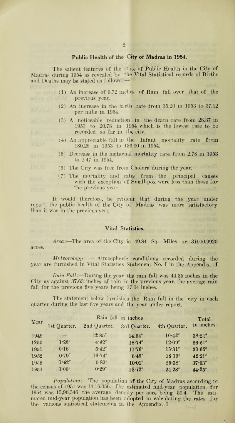 Public Health of the City of Madras in 1954. The salient features of the state of Public Health in the City of Madras during 1954 as revealed by the Vital Statistical records of Births and Deaths may be started as follows: — (1) An increase of 6.72 inches of Rain fall over that of the previous year. (2) An increase in the birth rate from 35.20 in 1953 to 37.12 per mille in 1954. (3) A noticeable reduction in the death rate from 28.37 in 1953 to 20.78 in 1954 which is the lowest rate to be recorded so far in the city. (4) An appreciable fall in the Infant mortality rate from 180.28 in 1953 to 136.00 in 1954. (5) Decrease in the maternal mortality rate from 2.78 in 1953 to 2.47 in 1954. (6) The City was free from Cholera during the year. (7) The mortality and rates from the principal causes with the exception of Small-pox were less than those for the previous year. It would therefore, be evident that during the year under report, the public health of the City of Madras was more satisfactory than it was in the previous year. Vital Statistics. Area\—The area of the City is 49.84 Sq. Miles or 31900.9920 acres. Meteorology. — Atmospheric conditions recorded during the year are furnished in Vital Statistics Statement No. I in the Appendix. I Rain Fall:—During the year the rain fall was 44.35 inches in the City as against 37.63 inches of rain in the previous year, the average rain fall for the previous five years being 37.04 inches. The statement below furnishes the Rain fall in the city in each quarter during the last five years and the year under report. Year 1st Quarter. 2nd Quarter. 1949 — 12 85 1950 1*26 4-42 1951 0T6 5-42 1952 0-79 16-74 1953 1-42 0 82 1954 1*06 0-29 in inches Total 3rd Quarter. 4th Quarter. in inches 14.94 10-42 38-2 V 18-74 12-09 36-51 11-76 13-31 30*65 6-49 18 19 42-21 o © 25-38 37*63 18-72 24 28 44*85 Populatin’.—The population of the City of Madras according tc the census of 1951 was 14,16,056. The estimated mid-year population for 1954 was 15,96,346, the average density per acre being 50.4. The esti¬ mated mid-year population has been adopted in calculating the rates for the various statistical statements in the Appendix. I