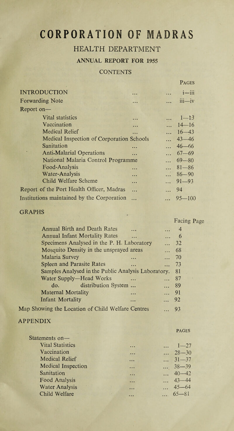 HEALTH DEPARTMENT ANNUAL REPORT FOR 1955 CONTENTS INTRODUCTION • • • Pages i—iii Forwarding Note • • • iii—iv Report on— Vital statistics • • • 1—13 Vaccination • • • 14—16 Medical Relief • • • 16—43 Medical Inspection of Corporation Schools •«• 43—46 Sanitation • • • 46—66 Anti-Malarial Operations t k • 67—69 National Malaria Control Programme • • • 69—80 Food-Analysis • • • 81—86 Water-Analysis 86—90 Child Welfare Scheme • • * 91—93 Report of the Port Health Officer, Madras « • • 94 Institutions maintained by the Corporation ... • • • 95—100 GRAPHS Annual Birth and Death Rates • • • Facing P 4 Annual Infant Mortality Rates • • • 6 Specimens Analysed in the P. H. Laboratory « • • 32 Mosquito Density in the unsprayed areas • 0 • 68 Malaria Survey • • • 70 Spleen and Parasite Rates • • • 73 Samples Analysed in the Public Analysis Laboratory. 81 Water Supply—Head Works 0 • • 87 do. distribution System ... • • • 89 Maternal Mortality • • • 91 Infant Mortality • • • 92 Map Showing the Location of Child Welfare Centres • • • 93 APPENDIX PAGES Statements on— Vital Statistics • • • 1—27 Vaccination • • • 28—30 Medical Relief • • • 31—37 Medical Inspection • • • * 38—39 Sanitation • 0 • 40—42 Food Analysis • • • 43—44 Water Analysis • • • 45—64 Child Welfare • • • 65—81