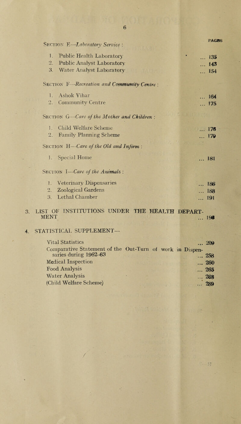 PA<G®S Section E—Laboratory Service : 1. Public Health Laboratory • ... 13& 2. Public x4nalyst Laboratory 143 3. Water Analyst Laboratory ... 154 Section F—-Recreation and Community Centre : 1. Ashok Vihar . . 2. Community Centre 175 Section G—Care of the Mother and Children : 1. Child Welfare Scheme ... 17$ 2. Family Planning Scheme ... 179 Section H—Ccire of the Old and Infirm : 1. Special Home ... |g| Section 1—Care of the Animals : 1. Veterinary Dispensaries ... 2. Zoological Gardens ... igg 3. Lethal Chamber ... 191 3. LIST OF INSTITUTIONS UNDER THE HEALTH DEPART¬ MENT ... |9S 4. STATISTICAL SUPPLEMENT— Vital Statistics ... 209 Comparative Statement of the Out-Turn of work in Dispen¬ saries during 1962-63 ... 258 Medical Inspection ... 260 Food Analysis ... 265 Water Analysis ... 268 (Child Welfare Scheme) ...” 289 /