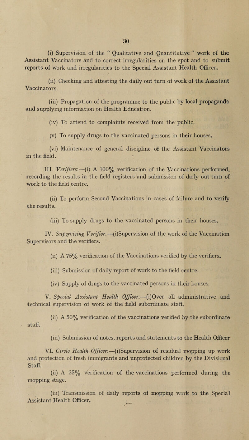 (i) Supervision of the “ Qualitative and Quantitative ” work of the Assistant Vaccinators and to correct irregularities on the spot and to submit reports of work and irregularities to the Special Assistant Health Officer. (ii) Checking and attesting the daily out turn of work of the Assistant Vaccinators. (iii) Propagation of the programme to the public by local propaganda and supplying information on Health Education. (iv) To attend to complaints received from the public. (v) To supply drugs to the vaccinated persons in their houses. (vi) Maintenance of general discipline of the Assistant Vaccinators in the field. III. Verifiers:—(i) A 100% verification of the Vaccinations performed, recording the results in the field registers and submission of daily out turn of work to the field centre. (ii) To perform Second Vaccinations in cases of failure and to verify the results. (iii) To supply drugs to the vaccinated persons in their houses. IV. Supervising Verifier.—p) Supervision of the work of the Vaccination Supervisors and the verifiers. (ii) A 75% verification of the Vaccinations verified by the verifiers. (iii) Submission of daily report of work to the field centre. (iv) Supply of drugs to the vaccinated persons in their houses. V. Special Assistant Health Officer.—(i)Over all administrative and technical supervision of work of the field subordinate staff. (ii) A 50% verification of the vaccinations verified by the subordinate staff. (iii) Submission of notes, reports and statements to the Health Officer VI. Circle Health Officer.—(i)Supervision of residual mopping up work and protection of fresh immigrants and unprotected children by the Divisional Staff. (ii) A 25% verification of the vaccinations performed during the mopping stage. (iii) Transmission of daily reports of mopping work to the Special Assistant Health Officer.
