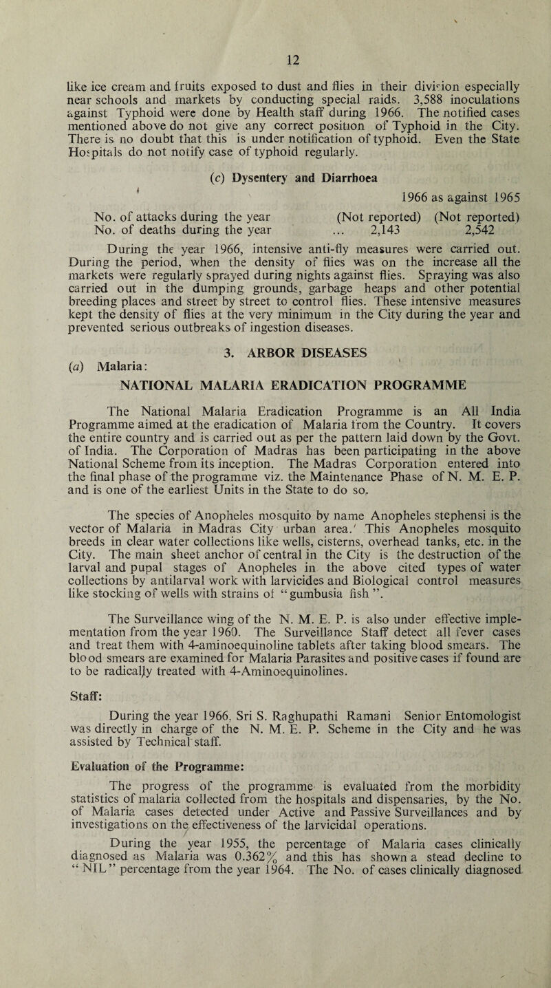 like ice cream and fruits exposed to dust and flies in their division especially near schools and markets by conducting special raids. 3,588 inoculations against Typhoid were done by Health staff during 1966. The notified cases mentioned above do not give any correct position of Typhoid in the City. There is no doubt that this is under notification of typhoid. Even the State Hospitals do not notify case of typhoid regularly. (c) Dysentery and Diarrhoea 1966 as against 1965 No. of attacks during the year (Not reported) (Not reported) No. of deaths during the year ... 2,143 2,542 During the year 1966, intensive anti-fly measures were carried out. During the period, when the density of flies was on the increase all the markets were regularly sprayed during nights against flies. Spraying was also carried out in the dumping grounds, garbage heaps and other potential breeding places and street by street to control flies. These intensive measures kept the density of flies at the very minimum in the City during the year and prevented serious outbreaks of ingestion diseases. 3. ARBOR DISEASES (a) Malaria: NATIONAL MALARIA ERADICATION PROGRAMME The National Malaria Eradication Programme is an All India Programme aimed at the eradication of Malaria from the Country. It covers the entire country and is carried out as per the pattern laid down by the Govt, of India. The Corporation of Madras has been participating in the above National Scheme from its inception. The Madras Corporation entered into the final phase of the programme viz. the Maintenance Phase of N. M. E. P. and is one of the earliest Units in the State to do sor The species of Anopheles mosquito by name Anopheles stephensi is the vector of Malaria in Madras City urban area/ This Anopheles mosquito breeds in clear water collections like wells, cisterns, overhead tanks, etc. in the City. The main sheet anchor of central in the City is the destruction of the larval and pupal stages of Anopheles in the above cited types of water collections by antilarval work with larvicides and Biological control measures like stocking of wells with strains of “gumbusia fish The Surveillance wing of the N. M. E. P. is also under effective imple¬ mentation from the year 1960. The Surveillance Staff detect all fever cases and treat them with 4-aminoequinoline tablets after taking blood smears. The blood smears are examined for Malaria Parasites and positive cases if found are to be radically treated with 4-Aminoequinolines. Staff: During the year 1966, Sri S. Raghupathi Ramani Senior Entomologist was directly in charge of the N. M. E. P. Scheme in the City and he was assisted by Technical staff. Evaluation of the Programme: The progress of the programme is evaluated from the morbidity statistics of malaria collected from the hospitals and dispensaries, by the No. of Malaria cases detected under Active and Passive Surveillances and by investigations on the effectiveness of the larvicidal operations. During the year 1955, the percentage of Malaria cases clinically diagnosed as Malaria was 0.362% and this has shown a stead feline to “ NIL” percentage from the year 1964. The No. of cases clinically diagnosed