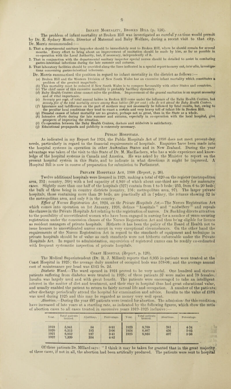 Infant Mortality, Broken Hill (p. 124). The problem of infant mortality at Broken Hill was investigated as carcful'y as time would permit by Dr. E. Sydney Morris, Director of Maternal and Baby Welfare, during a recent visit to that city. Dr. Morris recommended :—- 1. That a departmental sanitary inspector should he immediately sent to Broken Hill, where he should remain for several months. Every effort to brine; about an improvement of sanitation should be made by him, as far as possible in co-operation with the Local Authority, but, if necessary, independently of it. 2. That in conjunction with the departmental sanitary inspector special nurses should be detailed to assist in combating gastro-intestinal infections during the late summer and autumn. 3. That laboratory facilities should be provided along the lines indicated in a special report to carry out, inter alia, investiga¬ tions concerning gastro-intestinal infections. Dr. Morris summarised the position in regard to infant mortality in the district as follows:— (a) Broken Hill and the Western Division of New South Wales has an excessive infant mortality which constitutes a problem of the greatest magnitude. (b) This mortality must be reduced if New South Wales is to compare favourably with other States and countries. (c) The chief cause of this excessive mortality is probably bacillary dysentery. (d) Baby Health Centres alone cannot solve the problem. Improvement of the general sanitation is an urgent necessity and of vital importance. (e) Seventy per cent, of total annual babies in Broken Hill come under the influence of the Baby Health Centres, but seventy-five of the total mortality occurs among those babies (30 per cent.) uho do not attend the Baby Health Centres. (j) Ignorance and indifference on the part of mothers may not necessarily be followed by fatal results, but, owing to the peculiar local conditions they tend to exact a certain and very heavy toll of infant life in Broken Hill. (g) Prenatal causes of infant mortality are no greater, perhaps not so great, than in the State as a whole. (h) Intensive efforts during the late summer and autumn, especially in co-operation with the local hospital, give prospects of improving the situation. (?*) Co-operation between the Baby Health Centres, doctors and midwivCS is satisfactory. (j) Educational propaganda and publicity is extremely necessary. Public Hospitals. As indicated in my Report for 1924, the Public Hospitals Act of 1898 does not meet present-day needs, particularly in regard to the financial requirements of hospitals. Enquiries have been made into the hospital systems in operation in other Australian States and in New Zealand. During the year advantage was taken of the visit to this State of Dr. M. MacEachern, who has a wide experience and know¬ ledge of the hospital systems in Canada and America. He was asked by the Minister to report on the present hospital system in this State, and to indicate in what directions it might be improved. A Hospital Bill is now in course of preparation for submission to Parliament. Private Hospitals Act, 1908 (Report, p. 26). Twelve additional hospitals were licensed in 1925, making a total of 620 on the register (metropolitan area, 252; country, 368) with a bed capacity of 4,940 of which about one-third are Solely for maternity cases. Slightly more than one half of the hospitals (327) contain from 1 to 5 beds; 253, from 6 to 20 beds; the bulk of these being in country districts (country, 156; metropolitan area, 97). Tbe larger private hospitals, those containing more than 20 beds, arc practically all in Sydney, the returns showing 32 in the metropolitan area, and only 8 in the country. Effect of Nurses Registration Act, 1924, on the Private Hospitals Act— The Nurses Registration Act which comes into operation on 1st January, 1926, defines “hospitals” and “midwifery” and repeals the clauses in the Private Hospitals Act relating to the registration of nurses. Dr. Suckling directs attention to the possibility of uncertificated women who have been engaged in nursing for a number of years securing registration under the concession clauses of the Nurses Registration Act and thus being eligible for license as resident managers of private hospitals. Hitherto it has been the policy of the Board of Health not to issue licenses to uncertificated nurses except in very exceptional circumstances. On the other hand the requirements of the Nurses Registration Act in regard to the standards of equipment and technique in private hospitals should be of value as such standards were not hitherto enforceable under the Private Hospitals Act. In regard to administration, supervision of registered nurses can be readily co-ordinated with frequent systematic inspection of private hospitals. Coast Hospital (Report, p. 128). The Medical Superintendent (Dr. R. J. Millard) reports that 8,935 in-patients were treated at the Coast Hospital in 1925; the average daily number of occupied beds was 578-06; and the average annual cost of maintenance per head was £143 9s. 2d. Diabetic Ward.—The ward opened in 1924 proved to be very useful. One hundred and sixteen patients suffering from diabetes were treated in 1925; of these patients 37 were males and 79 females. Insulin was largely used and with great benefit. The patients were encouraged to take an intelligent interest in the matter of diet and treatment, and their stay in hospital thus had great educational value, and usually enabled the patient to return to fairly normal life and occupation. A number of the patients after discharge periodically attend the hospital for examination and advice. Insulin to the value of £184 was used during 1925 and this may be regarded as money very well spent. Abortion.—During the year 497 patients were treated for abortion. The admission'• for this condition have increased of late years at a startling rate, as indicated by the following figures, which show the ratio of abortion cases to all cases treated in successive years 1919-1925 inclusive:— Year. Total patients treated. Abortions. Percentage. Year. Total patients treated. Abortions. Percentage. 1919 5,941 54 0-91 1923 8,769 381 4-34 1920 6,313 193 306 1924 8,667 436 503 1921 6,952 237 3-41 1925 8,935 497 5 56 1922 7,339 354 4-82 Of these patients Dr. Mfllard says: “ I think it may be taken for granted that in the great majority of these cases, if not in all, the abortion had been artifically produced. The patients were sent to hospital