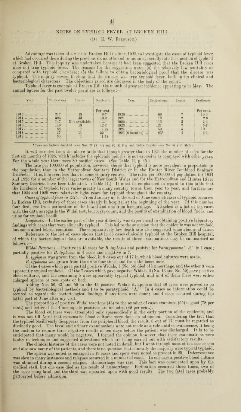 NOTES ON TYPHOID FEVER AT BROKEN HILL (Dr. E. W. Ferguson.) Advantage was taken of a visit to Broken Hill in June, 1925, to investigate the cases of typhoid fever which had occurred there during the previous six months and to inquire generally into the question of typhoid at Broken Hill. This inquiry was undertaken because it had been suggested that the Broken Hill cases were not true typhoid fever. The reasons for the suggestion wore—(a) the relatively low mortality as compared with typhoid elsewhere; (b) the failure to obtain bacteriological proof that the disease was typhoid. The inquiry served to show that the disease was true typhoid fever, both in its clinical and bacteriological characters. The objections raised arc discussed in the body of the report. Typhoid fever is endemic at Broken Hill, the. month of greatest incidence appearing to be May. The annual figures for the past twelve years are as follows :•— Year. Notifications. Deaths. Death-rate. 1 Year. Notifications. Deaths. Death-rate. Per cent. Per cent. 1913 . 217 19 8-7 1920 . 66 7 10-6 1914 . 395 43 10-9 1921 . 72 2 2-8 1915 . 147 Not available. 1922 . 115 3 2-6 1916 . 146 18 12-3 1923 . 121 7 5-7 1917. 88 7 7-97 1924 . 50 5 10 1918 . 47 11 22 1925 (6 months) ... 63* 4 6-3 1919 . 56 1 1-78 * Does not include doubtful cases Nos. 27 (A. A.) and 60 (E. P.); and Police District case No. 58 ( J. McB.). It will be noted from the above table that though greater than in 1924 the number of cases for the first six months of 1925, which includes the epidemic months, is not excessive as compared with other years. For the whole year there wrere 80 notified cases. (See Table II, p. 45.) The rate per 100,000 of population, however, shows that typhoid is more prevalent in proportion to the population than in the Metropolitan Sanitary District or in the Hunter River Combined Sanitary Districts. It is, however, less than in some country centres. The rates per 100,000 of population for 1924 and 1925 for a number of the larger towns of New South Wales and for the Metropolitan and Hunter River Sanitary Districts have been tabulated. (Table II.) It must be emphasised in regard to this table that the incidence of typhoid fever varies greatly in many country towns from year to year, and furthermore that 1924 and 1925 were relatively light years for typhoid throughout the country. Cases of typhoid fever in 1525.—From January up to the end of June some 64 cases of typhoid occurred in Broken Hill, exclusive of those cases already in hospital at the beginning of the year. Of this number four died, two from perforation of the bowel and one from haemorrhage. Attached is a list of the cases with the data as regards the Widal test, leucocyte count, and the results of examination of blood, faeces, and urine for typhoid bacilli. Diagnosis.—In the earlier part of the year difficulty was experienced in obtaining positive laboratory findings with cases that were clinically typhoid. This led to the suspicion that the epidemic was not typhoid but some allied febrile condition. The comparatively low death-rate also suggested some abnormal cause. Reference to the list of cases shows that in 55 cases clinically typhoid at the Broken Hill hospital, of which the bacteriological data are available, the results of these examinations may be summarised as follows :— Widal Reactions.—Positive in 43 cases for B. typhosus and positive for Paratyphosus “ A ” in 1 case; partially positive for B. typhosus in 4 cases and negative in 7. B. typhosus was grown from the blood in 8 cases out of 17 in which blood cultures were made. B. typhosus was grown from the urine four times and from the faeces once. Of the 4 cases which gave partial positive Widals, 1 (No. 56) died of haemorrhage, and the other 3 were apparently typical typhoid. Of the 7 cases which gave negative Widals, 2 (No. 43 and No. 59) gave positive blood cultures, and the remaining 5 were apparently typical typhoid, and in 4 of them there were either enlarged spleens or rose spots or both. Adding Nos. 56, 43, and 59 to the 43 positive Widals it, appears that 46 cases were proved to be typhoid by bacteriological methods and 1 to be paratyphoid “A.” In 4 cases no information could be secured as regards the bacteriological findings, if any tests were done; and 4 cases occurred during the latter part of June after my visit. The proportion of positive Widal reactions (43) to the number of cases examined (55) is good (78 per cent.) and better if the 4 incomplete positives are included (89 per cent.). The blood cultures were attempted only spasmodically in the early portion of the epidemic, and it was not till April that systematic blood cultures were done on admission. Considering the fact that the typhoid bacilli early disappears from the peripheral blood, the result. 8 out of 17, must be regarded as distinctly good. The faecal and urinary examinations were not made as a rule until convalescence, it being the custom to require three negative results in ten days before the patient was discharged. It is to be anticipated that many wmuld be negative. I formed the opinion, however, that these examinations were faulty in technique and suggested alterations which are being carried out with satisfactory results. The clinical histories of the cases were not noted in detail, but I went through most of the case sheets and also saw many of the patients, and there is no question that clinically the majority were typical typhoid. The spleen was noted as enlarged in 19 cases and spots were noted as present in 25. Defervescence was slow in many instances and relapses occurred in a number of cases. In one case a positive blood culture was obtained during a second relapse. Haemorrhage was rare. This fact was commented upon by the medical staff, but one case died as the result of haemorrhage. Perforation occurred three times, two of the cases being fatal, and the third was operated upon with good results. The two fatal oases probably perforated before admission.