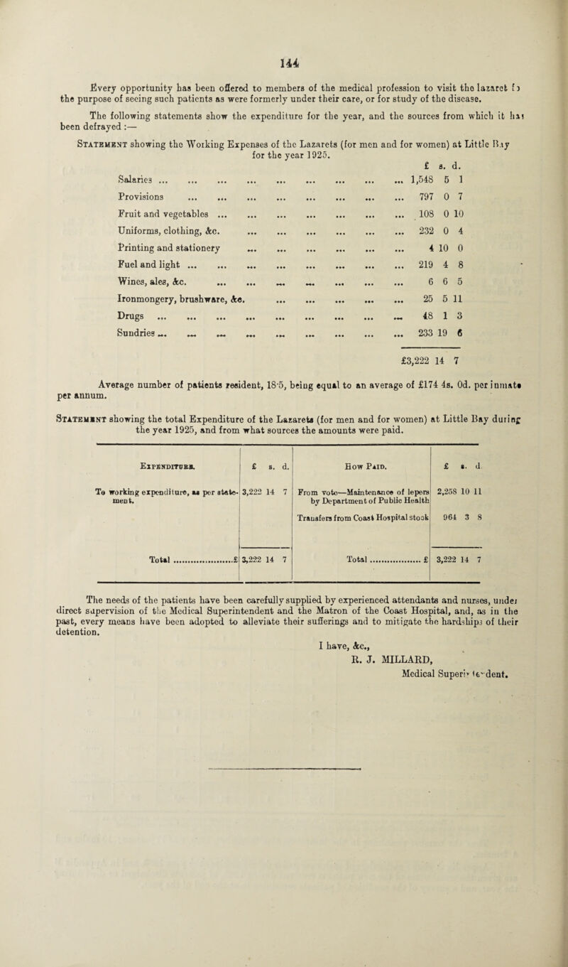 Every opportunity lias been offered to members of the medical profession to visit tho lazaret fi the purpose of seeing such patients as were formerly under their care, or for study of the disease. The following statements show the expenditure for the year, and the sources from which it haj been defrayed :— Statement showing the Working Expenses of the Lazarets (for men and for women) at Little B.iy for the year 1925. Salaries ... • * • • • • • • • • • • • • • £ ... 1,548 a. 5 d. 1 Provisions . • 6 • • • • • • • • • • »« • ... 797 0 7 Fruit and vegetables ... • • • • »« • • • • • • • • • ... 108 0 10 Uniforms, clothing, Ac. • • • • • • • • • • • « • • • ... 232 0 4 Printing and stationery M • »• • • • • »•« • •• 4 10 0 Fuel and light. M • • •• » »• »•» ... 219 4 8 Wines, ale3, Ac. • M *♦« *•« • • • 6 6 5 Ironmongery, brushware, Ac. • • • • • • » • « 25 5 11 Drugs . • •• • • • • •• • • • t CO 1 3 Sundries _ • M • •• • •• • • • ... 233 19 6 £3,222 14 7 Average number of patients resident, 18*5, being equal to an average of £174 4s. Od. per inmate per annum. Statemint showing the total Expenditure of the Lazarets (for men and for women) at Little Bay during the year 1925, and from what sources the amounts were paid. ExpEnditubb. £ s. d. Bow Paid. £ s. d. To working expenditure, u per state- 3,222 14 7 From vote—Maintenance of lepers 2,258 10 11 ment. by Department of Public Health Transfers from Coast Hospital stock 964 3 8 Total.£ 3,222 14 7 Total.£ 3,222 14 7 The needs of the patients have been carefully supplied by experienced attendants and nurses, under direct supervision of the Medical Superintendent and the Matron of the Coast Hospital, and, as in the past, every means have been adopted to alleviate their sufferings and to mitigate the hardships of their detention. I have, Ac., It. J. MILLARD, Medical Super!’ dent.