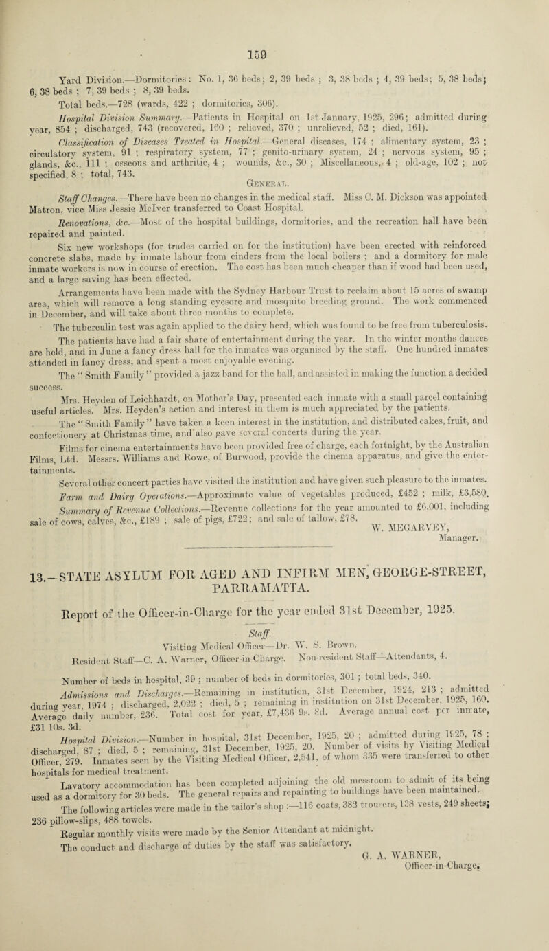 Yard Division.—Dormitories : No. 1, 36 beds; 2, 39 beds ; 3, 38 beds ; 4, 39 beds; 5, 38 beds; 6, 38 beds ; 7, 39 beds ; 8, 39 beds. Total beds.—728 (wards, 422 ; dormitories, 306). Hospital Division Summary.—Patients in Hospital on 1st January, 1925, 296; admitted during year, 854 ; discharged, 743 (recovered, 160 ; relieved, 370 ; unrelieved, 52 ; died, 161). Classification of Diseases Treated in Hospital.—General diseases, 174 ; alimentary system, 23 ; circulatory system, 91 ; respiratory system, 77 ; genito-urinary system, 24 ; nervous system, 95 ; glands, &c., ill ; osseous and arthritic, 4 ; wounds, &c., 30 ; Miscellaneous,-4 ; old-age, 102 ; not specified, 8 ; total, 743. General. Staff Changes.—There have been no changes in the medical staff. Miss C. M. Dickson was appointed Matron, vice Miss Jessie Mclver transferred to Coast Hospital. Renovations, &c.—Most of the hospital buildings, dormitories, and the recreation hall have been repaired and painted. Six new workshops (for trades carried on for the institution) have been erected with reinforced concrete slabs, made by inmate labour from cinders from the local boilers ; and a dormitory for male inmate workers is now in course of erection. The cost has been much cheaper than if wood had been used, and a large saving has been effected. Arrangements have been made with the Sydney Harbour Trust to reclaim about 15 acres of swamp area, which will remove a long standing eyesore and mosquito breeding ground. The work commenced in December, and will take about three months to complete. The tuberculin test was again applied to the dairy herd, which was found to be free from tuberculosis. The patients have had a fair share of entertainment during the year. In the winter months dances arc held, and in June a fancy dress ball for the inmates was organised by the staff. One hundred inmates attended in fancy dress, and spent a most enjoyable evening. The “ Smith Family” provided a jazz band for the ball, and assisted in making the function a decided success. Mrs. Heyden of Leichhardt, on Mother’s Day, presented each inmate with a small parcel containing useful articles. Mrs. Heyden’s action and interest in them is much appreciated by the patients. The “ Smith Family ” have taken a keen interest in the institution, and distributed cakes, fruit, and confectionery at Christmas time, and'also gave several concerts during the year. Films for cinema entertainments have been provided free of charge, each fortnight, by the Australian Films, Ltd. Messrs. Williams and Rowe, of Burwood, provide the cinema apparatus, and give the enter¬ tainments. Several other concert parties have visited the institution and have given such pleasure to the inmates. Farm and Dairy Operations— Approximate value of vegetables produced, £452 ; milk, £3,580. Summary of Revenue Collections.—Revenue collections for the year amounted to £6,001, including sale of cows, calves, &c., £189 ; sale of pigs, £722; and sale ol tallow, £78. VV. IVlJiiCrAK V Jli x , Manager. 13 - STATE ASYLUM EOR AGED AND INEIRM MEN, GEORGKE-STREET, PARRAMATTA. Report of the Officer-in-Charge for the year ended 31st December, 1925. Staff. Visiting Medical Officer—Dr. TV. S. Brown. Resident Staff_C. A. Warner, Officer-in Charge. Non-resident Staff Attendants, 4. Number of beds in hospital, 39 ; number of beds in dormitories, 301 ; total beds, 340. Admissions and Discharges.—Remaining in institution, 31st Decemberj, 1924,. 213 ; admitted during year 1974 ; discharged, 2,022 ; died, 5 ; remaining in institution on olst December, 192c, 164. Average daily number, 236. Total cost for year, £7,436 9s. 8d. Average annual cost per mmate, £31 10s. 3d. * , . , . . _ror „ Hospital Division.—Number in hospital, 31st December 1925, 20 ; admitted during R2o /8 discharged^ 87 ; died, 5 ; remaining, 31st December, 1925, 20. Number of visits by \ l&itmg Medical Officer, 279. Inmates seen by the Visiting Medical Officer, 2,541, of whom 335 were transferred to other hospitals for medical treatment. Lavatory accommodation has been completed adjoining the old messrcom to admit of ^ being used as a dormitory for 30 beds. The general repairs and repainting to buildings ha\ e been maintained. The following articles were made in the tailor’s shop 116 coats, 382 trousers, 138 vests, 249 sheets; 236 pillow-slips, 488 towels. Regular monthly visits were made by the Senior Attendant at midnight. The conduct and discharge of duties by the staff was satisfactory. G. A. WARNER, Officer-in-Charge.