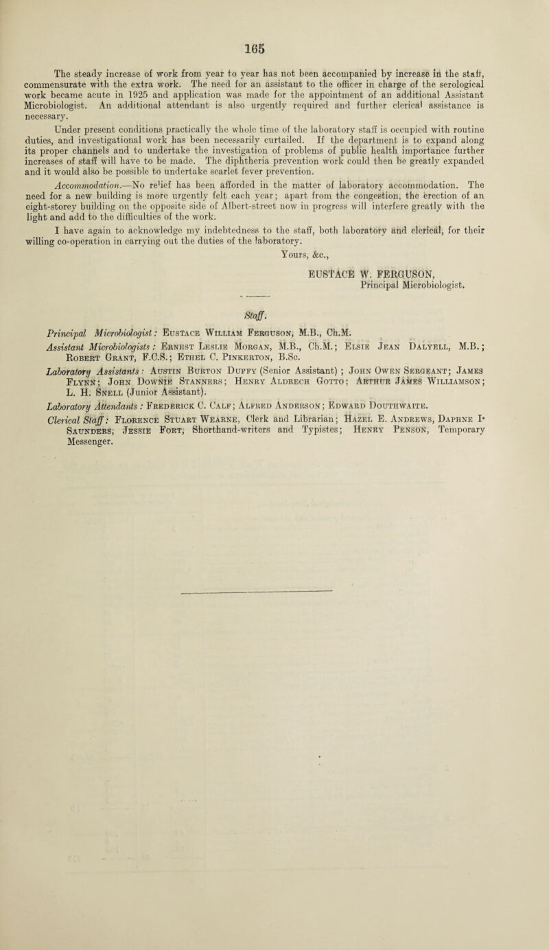 The steady increase of work from year to year has not been accompanied by increase in the staff, commensurate with the extra work. The need for an assistant to the officer in charge of the serological work became acute in 1925 and application was made for the appointment of an additional Assistant Microbiologist. An additional attendant is also urgently required and further clerical assistance is necessary. Under present conditions practically the whole time of the laboratory staff is occupied with routine duties, and investigational work has been necessarily curtailed. If the department is to expand along its proper channels and to undertake the investigation of problems of public health importance further increases of staff will have to be made. The diphtheria prevention work could then be greatly expanded and it would also be possible to undertake scarlet fever prevention. Accommodation.—No re’ief has been afforded in the matter of laboratory accommodation. The need for a new building is more urgently felt each year; apart from the congestion, the erection of an eight-storey building on the opposite side of Albert-street now in progress will interfere greatly with the light and add to the difficulties of the work. I have again to acknowledge my indebtedness to the staff, both laboratory and clerical, for their willing co-operation in carrying out the duties of the laboratory. Yours, &c., EUSTACE W. FERGUSON, Principal Microbiologist. Staff. Principal Microbiologist: Eustace William Ferguson, M.B., Ch.M. Assistant Microbiologists: Ernest Leslie Morgan, M.B., Ch.M.; Elsie Jean Dalyell, M.B.; Robert Grant, F.C.S.; Ethel C. Pinkerton, B.Sc. Laboratory Assistants: Austin Burton Duffy (Senior Assistant); John Owen Sergeant; James Flynn; John Downie Stanners; Henry Aldrech Gotto; Arthur James Williamson; L. H. Snell (Junior Assistant). Laboratory Attendants : Frederick C. Calf; Alfred Anderson; Edward Douthwaite. Clerical Staff: Florence Stuart Wearne, Clerk and Librarian; Hazel E. Andrews, Daphne I* Saunders, Jessie Fort, Shorthand-writers and Typistes; Henry Penson, Temporary Messenger.