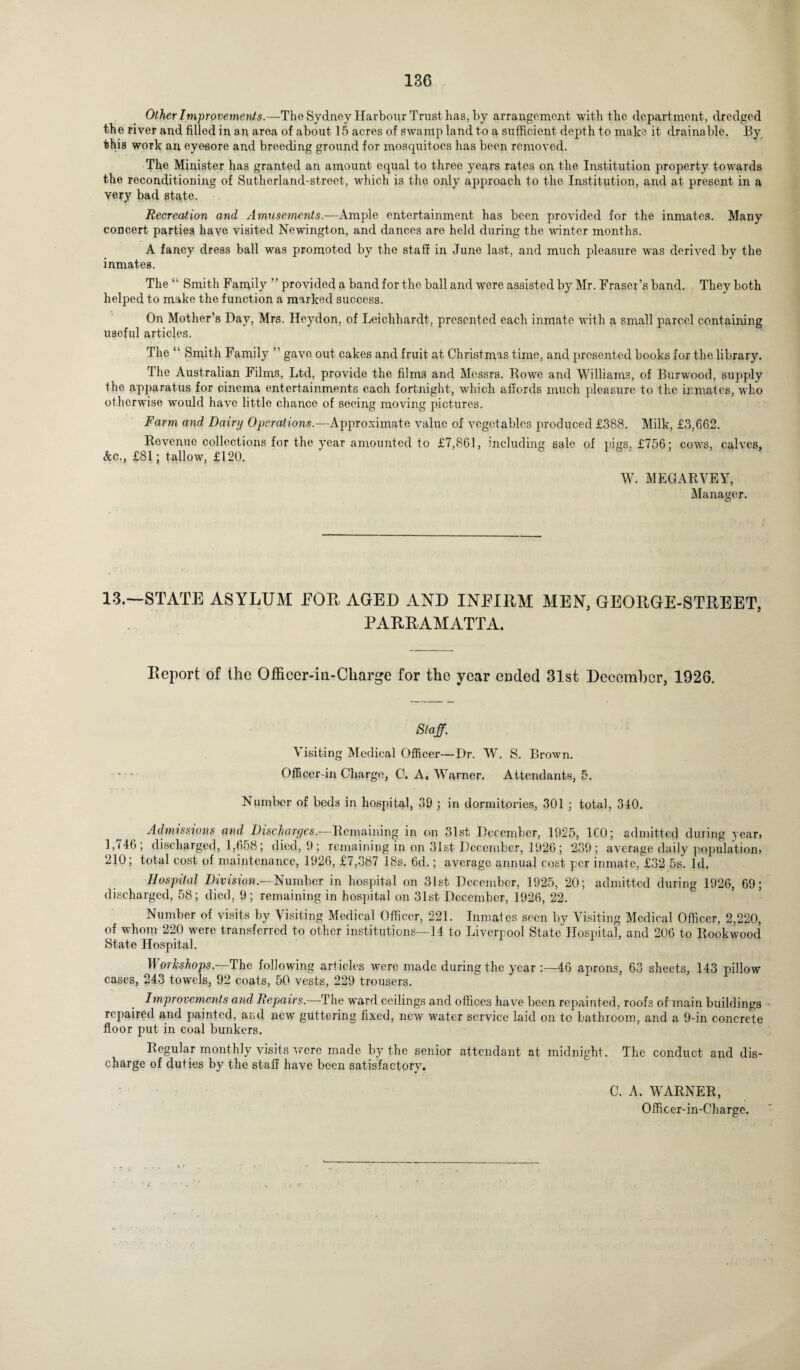 Other Improvements.—The Sydney Harbour Trust has, by arrangement with the department, dredged the river and filled in an area of about 15 acres of swamp land to a sufficient depth to make it drainable. By this work an eyesore and breeding ground for mosquitoes has been removed. The Minister has granted an amount equal to three years rates on the Institution property towards the reconditioning of Sutherland-street, which is the only approach to the Institution, and at present in a very bad state. Recreation and Amusements.—Ample entertainment has been provided for the inmates. Many concert parties have visited Newington, and dances are held during the winter months. A fancy dress ball was promoted by the staff in June last, and much pleasure was derived by the inmates. The “ Smith Family ” provided a band for the ball and were assisted by Mr. Fraser’s band. They both helped to make the function a marked success. On Mother’s Day, Mrs. Heydon, of Leichhardt, presented each inmate with a small parcel containing useful articles. The “ Smith Family ” gave out cakes and fruit at Christmas time, and presented books for the library. The Australian Films, Ltd, provide the films and Messrs. Rowe and Williams, of Burwood, supply the apparatus for cinema entertainments each fortnight, which affords much pleasure to the inmates, who otherwise would have little chance of seeing moving pictures. Farm and Dairy Operations.—Approximate value of vegetables produced £388. Milk, £3,662. Revenue collections for the year amounted to £7,861, including sale of pigs. £756; cows, calves, &c., £81; tallow, £120. W. MEGARYEY, Manager. O 13.—STATE ASYLUM EOR AGED AND INEIRM MEN, GEORGE-STREET, PARRAMATTA. Report of the Officer-in-Charge for the year ended 31st December, 1926. Staff. Visiting Medical Officer—Dr. W. S. Brown. — Officer-in Charge, C. A. Warner. Attendants, 5. Number of beds in hospital, 39 ; in dormitories, 301 ; total, 340. Admissions and Discharges.-—Remaining in on 31st December, 1925, ICO; admitted during year? 1,<46; discharged, 1,658; died, 9; remaining in on 31st December, 1926 ; 239; average daily population? 210; total cost of maintenance, 1926, £7,387 18s. 6d.; average annual cost per inmate, £32 5s. Id. Hospital Division.—Number in hospital on 31st December, 1925, 20; admitted during 1926, 69; discharged, 58; died, 9; remaining in hospital on 31st December, 1926, 22. Number of visits by Visiting Medical Officer, 221. Inmates seen by Visiting Medical Officer, 2,220, of whom 220 were transferred to other institutions—14 to Liverpool State Plospital, and 206 to Rookwood State Hospital. Workshops.—The following articles were made during the year 46 aprons, 63 sheets, 143 pillow cases, 243 towels, 92 coats, 50 vests, 229 trousers. Improvements and Repairs.—The ward ceilings and offices have been repainted, roofs of main buildings repaired and painted, and new guttering fixed, new water service laid on to bathroom, and a 9-in concrete floor put in coal bunkers. Regular monthly visits were made by the senior attendant at midnight. The conduct and dis¬ charge of duties by the staff have been satisfactory. C. A. WARNER, Officer-in-Charge.