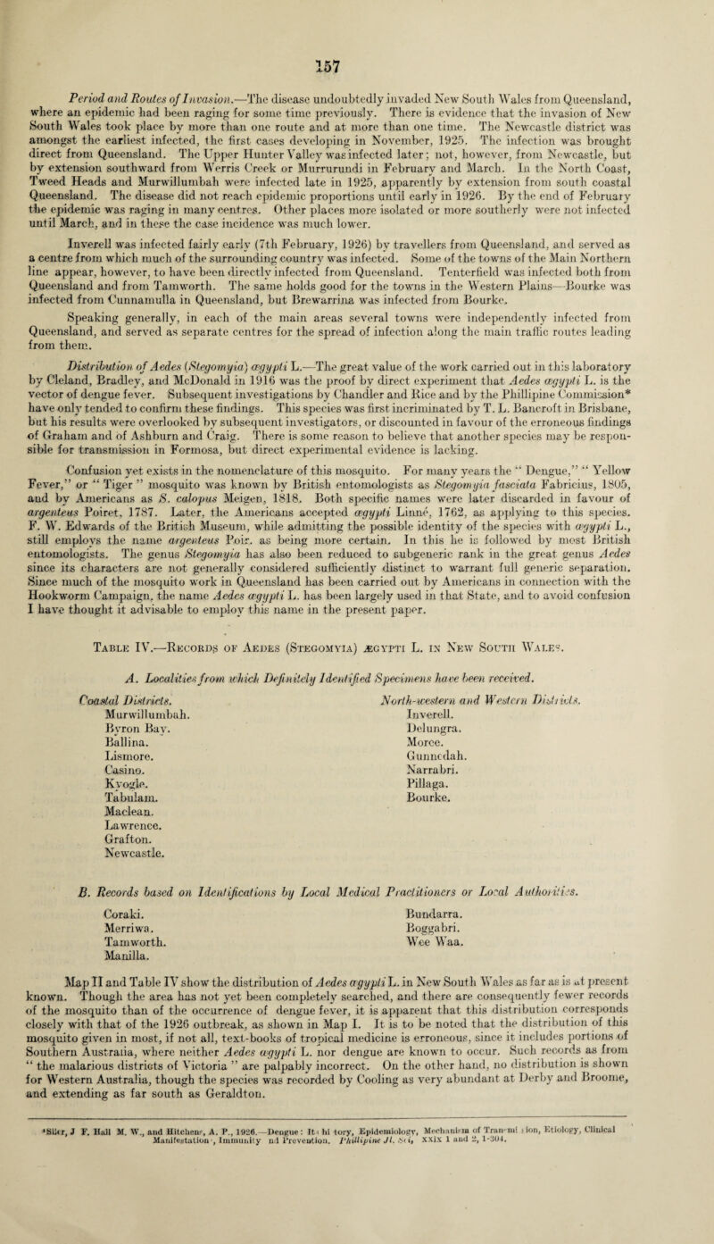 Period and Routes of Invasion.—The disease undoubtedly invaded New South Wales from Queensland, where an epidemic had been raging for some time previously. There is evidence that the invasion of New South Wales took place by more than one route and at more than one time. The Newcastle district was amongst the earliest infected, the first cases developing in November, 1925. The infection was brought direct from Queensland. The Upper Hunter Valley was infected later; not, however, from Newcastle, but by extension southward from Werris €reek or Murrurundi in February and March. In the North Coast, Tweed Heads and Murwillumbah were infected late in 1925, apparently by extension from south coastal Queensland. The disease did not reach epidemic proportions until early in 1926. By the end of February the epidemic was raging in many centres. Other places more isolated or more southerly were not infected until March, and in these the case incidence was much lower. Inverell was infected fairly early (7th February, 1926) by travellers from Queensland, and served as a centre from which much of the surrounding country was infected. Some of the towns of the Main Northern line appear, however, to have been directly infected from Queensland. Tenterfield was infected both from Queensland and from Tamworth. The same holds good for the towns in the Western Plains—Bourke was infected from Cunnainulla in Queensland, but Brewarrina was infected from Bourke. Speaking generally, in each of the main areas several towns were independently infected from Queensland, and served as separate centres for the spread of infection along the main traffic routes leading from them. Distribution of Aedes (Stegomyia) cegypti L.—The great value of the work carried out in this laboratory by Cleland, Bradley, and McDonald in 1916 was the proof by direct experiment that Aedes cegypti L. is the vector of dengue fever. Subsequent investigations by Chandler and Rice and by the Phillipine Commission* have only tended to confirm these findings. This species was first incriminated by T. L. Bancroft in Brisbane, but his results were overlooked by subsequent investigators, or discounted in favour of the erroneous findings of Graham and of Ashburn and Craig. There is some reason to believe that another species may be respon¬ sible for transmission in Formosa, but direct experimental evidence is lacking. Confusion yet exists in the nomenclature of this mosquito. For many years the Dengue,” “ Yellow Fever,” or “ Tiger ” mosquito was known by British entomologists as Stegomyia fasciata Fabricius, 1305, and by Americans as S. calopus Meigen, 1818. Both specific names were later discarded in favour of argenteus Poiret, 1787. Later, the Americans accepted cegypti Linne, 1762, as applying to this species. F. W. Edwards of the British Museum, while admitting the possible identity of the species with cegypti L., still employs the name argenteus Poir. as being more certain. In this he is followed by most British entomologists. The genus Stegomyia has also been reduced to subgeneric rank in the great genus Aedes since its characters are not generally considered sufficiently distinct to warrant full generic separation. Since much of the mosquito work in Queensland has been carried out by Americans in connection with the Hookworm Campaign, the name Aedes cegypti L. has been largely used in that State, and to avoid confusion I have thought it advisable to employ this name in the present paper. Table IV.—Records of Aedes (Stegomyia) cegypti L. in New South Wales. A. Localities from which Definitely Identified Specimens have been received. Coastal Districts. Murwillumbah. Bvron Bav. k! ■4 Ballina. Lismore. Casino. Kyogle. Tabulam. Maclean. Lawrence. Grafton. Newcastle. B. Records based on Identifications by Local Coraki. Merriwa. Tamworth. Manilla. North-western and Western Districts. Inverell. Delungra. Morce. Gunncdah. Narrabri. Pillaga. Bourke. Medical Practitioners or Local Authorities. Bundarra. Boggabri. Woe Waa. Map II and Table IV show the distribution of Aedes cigypli L. in New South Wales as far as is at present known. Though the area has not yet been completely searched, and there are consequently fewer records of the mosquito than of the occurrence of dengue fever, it is apparent that this distribution corresponds closely with that of the 1926 outbreak, as shown in Map I. It is to be noted that the distribution of this mosquito given in most, if not all, text-books of tropical medicine is erroneous, since it includes portions of Southern Australia, where neither Aedes cegypti L. nor dengue are known to occur. Such records as from “ the malarious districts of Victoria ” are palpably incorrect. On the other hand, no distribution is shown for Western Australia, though the species was recorded by Cooling as very abundant at Derby and Broome, and extending as far south as Geraldton. 'Siler, J F. Hall M. W., and Hitchen?, A. P., 1926.—Dengue : It< hi tory, Epidemiology, Mechanism of Tran-mi tion, Etiology, Clinical Manifestation-, Immunity nd Prevention. Phillipine Jt. S<», xxix 1 and 2, 1-304.
