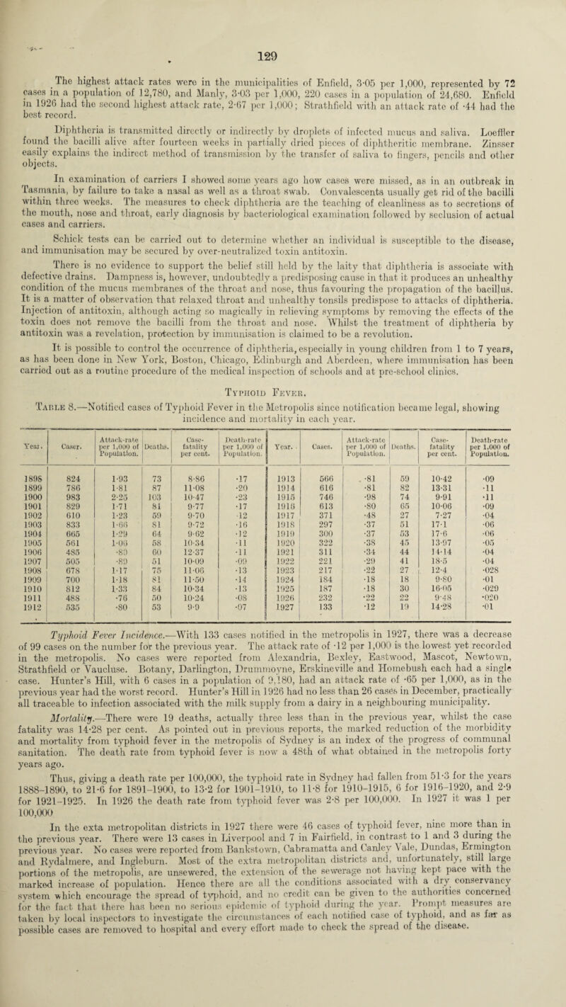 - 129 The highest attack rates were in the municipalities of Enfield, 3‘05 per 1,000, represented by 72 cases in a population of 12,780, and Manly, 3-03 per 1,000, 220 cases in a population of 24,680. Enfield in 1926 had the second highest attack rate, 2-67 per 1,000; Strathfield with an attack rate of -44 had the best record. Diphtheria is transmitted directly or indirectly by droplets of infected mucus and saliva. Loeffler found the bacilli alive after fourteen weeks in partially dried pieces of diphtheritic membrane. Zinsser easily explains the indirect method of transmission by the transfer of saliva to fingers, pencils and other objects. In examination of carriers I showed some years ago how cases were missed, as in an outbreak in Tasmania, by failure to take a nasal as well as a throat swab. Convalescents usually get rid of the bacilli within three weeks. The measures to check diphtheria are the teaching of cleanliness as to secretions of the mouth, nose and throat, early diagnosis by bacteriological examination followed by seclusion of actual cases and carriers. Schick tests can be carried out to determine whether an individual is susceptible to the disease, and immunisation may be secured by over-neutralized toxin antitoxin. There is no evidence to support the belief still held by the laity that diphtheria is associate with defective drains. Dampness is, however, undoubtedly a predisposing cause in that it produces an unhealthy condition of the mucus membranes of the throat and nose, thus favouring the propagation of the bacillus. It is a matter of observation that relaxed throat and unhealthy tonsils predispose to attacks of diphtheria. Injection of antitoxin, although acting .so magically in relieving symptoms by removing the effects of the toxin does not remove the bacilli from the throat and nose. Whilst the treatment of diphtheria by antitoxin was a revelation, protection by immunisation is claimed to be a revolution. It is possible to control the occurrence of diphtheria, especially in young children from 1 to 7 years, as has been done in New York, Boston, Chicago, Edinburgh and Aberdeen, where immunisation has been carried out as a routine procedure of the medical inspection of schools and at pre-school clinics. Typhoid Fever. Tap.ee 8.—Notified cases of Typhoid Fever in the Metropolis since notification became legal, showing incidence and mortality in each year. Yeaj. Caser. Attack-rate per 1,000 of Population. Deatlis. ' Case- fatality per cent. Death-rate per 1,000 of Population. Year. • Cases. Attack-rate per 1,000 of Population. Deaths. Case- fatality per cent. Death-rate per 1,000 of Population. 1898 824 1-93 73 8-86 •17 1913 566 . -81 59 10-42 •09 1899 786 1-81 87 11-08 •20 1914 616 •SI 82 13-31 •11 1900 983 2-25 103 10-47 •23 1915 746 •98 74 9-91 •11 1901 829 1-71 81 9-77 •17 1918 613 •80 65 10-06 •09 1902 610 1-23 59 9-70 12 1917 371 •48 27 7-27 •04 1903 833 1-66 SI 9-72 •16 1918 297 •37 51 17-1 •06 1904 665 1-29 64 9-62 •12 1919 300 •37 53 17-6 •06 1905 561 1-06 58 . 10-34 •11 1920 322 •3S 45 13-97 •05 1906 485 ■89 60 12-37 •11 1921 311 •34 44 14-14 •04 1907 505 •89 51 10-09 •09 1922 221 •29 41 18-5 •04 1908 678 117 75 11-08 •13 1923 217 •22 27 12-4 •028 1909 700 1-18 81 11-50 •14 1924 184 •18 18 9-80 •01 1910 812 1-33 84 10-34 •13 1925 187 •18 30 16-05 •029 1911 488 •76 50 10-24 •08 1926 232 •22 22 9-48 •020 1912 535 •80 53 9-9 •07 1927 133 •12 19 14-28 •01 Typhoid Fever Incidence.—With 133 cases notified in the metropolis in 1927, there was a decrease of 99 cases on the number for the previous year. The attack rate of -12 per 1,000 is the lowest yet recorded in the metropolis. No cases were reported from ^Alexandria, Bexley, Eastwood, Mascot, Newtown, Strathfield or Vaucluse. Botany, Darlington, Drummoyne, Erskineville and Homebush each had a single case. Hunter’s Hill, with 6 cases in a population of 9,180, had an attack rate of -65 per 1,000, as in the previous year had the worst record. Hunter’s Hill in 1926 had no less than 26 cases in December, practically all traceable to infection associated with the milk supply from a dairy in a neighbouring municipality. Mortality.—-There were 19 deaths, actually three less than in the previous year, whilst the case fatality was 14'28 per cent. As pointed out in previous reports, the marked reduction of the morbidity and mortality from typhoid fever in the metropolis of Sydney is an index of the progress of communal sanitation. The death rate from typhoid fever is now a 48th of what obtained in the metropolis forty years ago. Thus, giving a death rate per 100,000, the typhoid rate in Sydney had fallen from 51-5 for the years 1888-1890, to 21-6 for 1891-1900, to 13-2 for 1901-1910, to 11-8 for 1910-1915, 6 for 1916-1920, and 2-9 for 1921-1925. In 1926 the death rate from typhoid fever was 2-8 per 100,000. In 1927 it was 1 per 100,000 In the exta metropolitan districts in 1927 there were 46 cases of typhoid fever, nine more than in the previous year. There were 13 cases in Liverpool and 7 in Fairfield, in contrast to 1 and 3 during the previous year. No cases were reported from Bankstown, Cabramatta and Canley A ale, Dundas, Ermington and Rydalmere, and Ingleburn. Most of the extra metropolitan districts and, unfortunately, still large portions of the metropolis, are unsewered, the extension of the sewerage not having kept pace with ihe marked, increase of population. Hence there are all the conditions associated with a dry conservancy system which encourage the spread of typhoid, and no credit can be given to the authorities concerned for the fact that there has been no serious epidemic of typhoid during the year. 1 roinpt measures aie taken by local inspectors to investigate the circumstances of each notified case of typhoid, and as far as possible cases are removed to hospital and every effort made to check the spread of the disease.