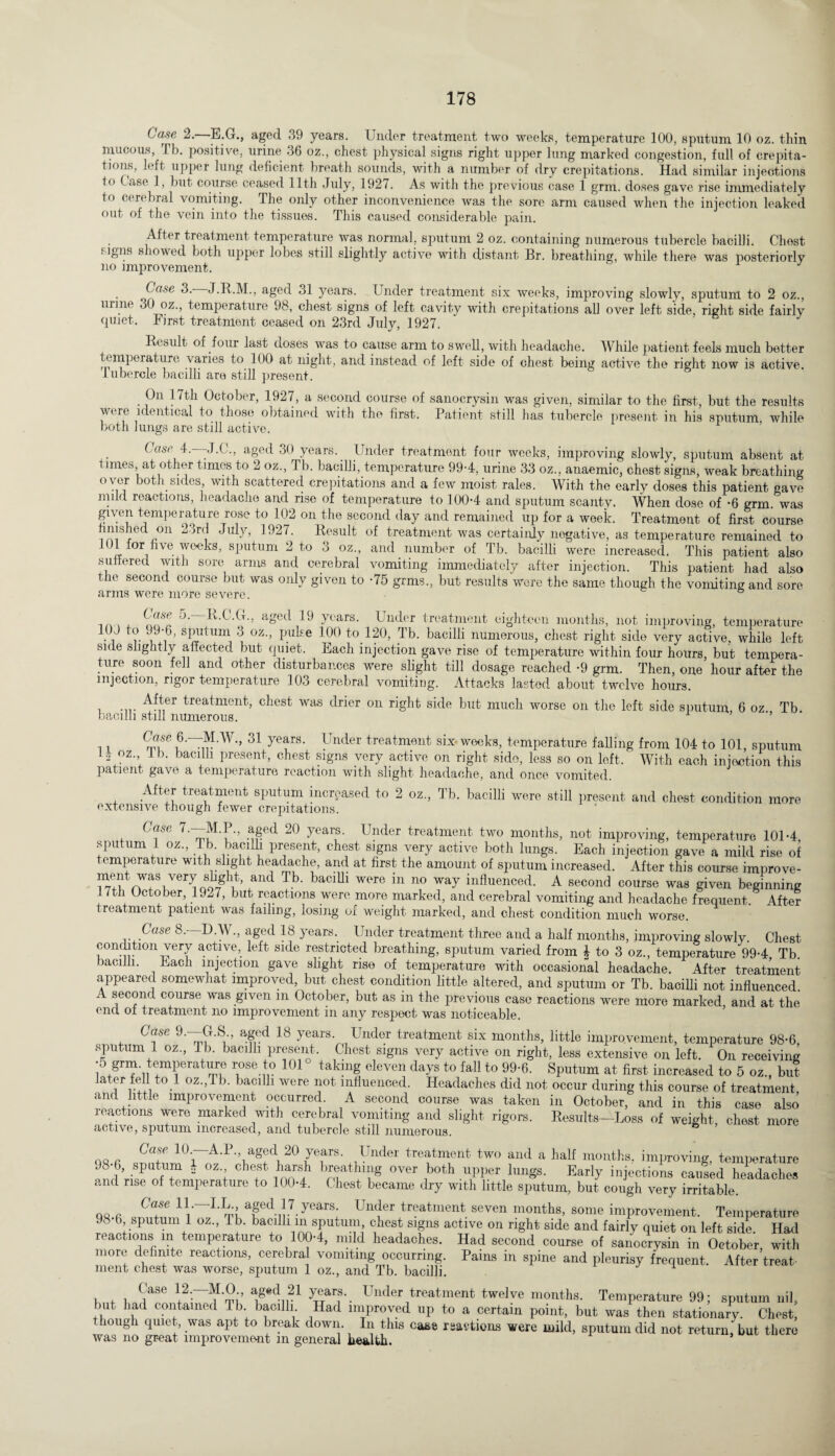 Case 2. E.G., aged 39 years. Under treatment two weeks, temperature 100, sputum 10 oz. thin mucous, Tb. positive, urine 36 oz., chest physical signs right upper lung marked congestion, full of crepita¬ tions, left upper lung deficient breath sounds, with a number of dry crepitations. Had similar injections to C ase 1, but course ceased 11th July, 1927. As with the previous case 1 grm. doses gave rise immediately to cerebral vomiting. The only other inconvenience was the sore arm caused when the injection leaked out of the vein into the tissues. This caused considerable pain. After treatment temperature was normal, sputum 2 oz. containing numerous tubercle bacilli. Chest signs showed both upper lobes still slightly active with distant Br. breathing, while there was posteriorly no improvement. Case 3/ J.R.M., aged 31 years. Under treatment six weeks, improving slowly, sputum to 2 oz., ur’ne 30 oz., temperature 98, chest signs of left cavity with crepitations all over left side, right side fairly quiet. First treatment ceased on 23rd July, 1927. Result of four last cioses was to cause arm to swell, with headache. While patient feels much better temperature varies to 100 at night, and instead of left side of chest being active the right now is active, tubercle bacilli are still present. . pn l^th October, 1927, a second course of sanocrysin was given, similar to the first, but the results were identical to those obtained with the first. Patient still has tubercle present in his sputum while both lungs are still active. tcisr 4.—-J.C, aged 30 years. Under treatment four weeks, improving slowly, sputum absent at times at other times to 2 oz., Tb. bacilli, temperature 99-4, urine 33 oz., anaemic, chest signs, weak breathing o\ei both sides, with scattered crepitations and a few moist rales. With the early doses this patient gave mild reactions, headache and rise of temperature to 100-4 and sputum scantv. When dose of -6 grm was given temperature rose to 102 on the second day and remained up for a week. Treatment of first course finished on 23rd July, 1927. Result of treatment was certainly negative, as temperature remained to for five we-eks, sputum 2 to 3 oz., and number of Tb. bacilli were increased. This patient also suffered with sore arms and cerebral vomiting immediately after injection. This patient had also the second course but was only given to -75 grms., but results were the same though the vomiting and sore arms were more severe. 1n, . KX-(t-, aSed 19 years. Under treatment eighteen months, not improving, temperature 10J to 99*6, sputum 3 oz., puke 100 to 120, Tb. bacilli numerous, chest right side very active, while left side slightly affected but quiet. Each injection gave rise of temperature within four hours, but tempera¬ ture soon fell and other disturbances were slight till dosage reached -9 grm. Then, one hour after the injection, rigor temperature 103 cerebral vomiting. Attacks lasted about twelve hours. , A^;er treatment, chest was drier on right side but much worse on the left side sputum 6 oz Tb bacilli still numerous. 11 v',W,» 31 year8, Under treatment six weeks, temperature falling from 104 to 101, sputum U oz lb. bacilli present, chest signs very active on right side, less so on left. With each injection this patient gave a temperature reaction with slight headache, and once vomited. After treatment sputum increased to 2 oz., Tb. bacilli were still present and chest condition more extensive though fewer crepitations. 0 7. M.P, aged 20 yeais. Under treatment two months, not improving, temperature 101-4 sputum 1 oz., Tb. bacilli present, chest signs very active both lungs. Each injection gave a mild rise of temperature with slight headache, and at first, the amount of sputum increased. After this course improve- ment was very shght and Tb. bacilli were in no way influenced. A second course was given beginning 7th October, 1927, but reactions were more marked, and cerebral vomiting and headache frequent. After treatment patient was failing, losing of weight marked, and chest condition much worse. Case 8. D.W., aged 18 years. Under treatment three and a half months, improving slowly. Chest condition very active, left side restricted breathing, sputum varied from 4 to 3 oz., temperature 99-4 Tb. bacilli. Each injection gave slight rise of temperature with occasional headache. After treatment appeared somewhat improved, but chest condition little altered, and sputum or Tb. bacilli not influenced A second course was given m October, but as in the previous case reactions were more marked and at the end of treatment no improvement in any respect was noticeable. Case 9.—G.S, aged 18 years. Under treatment six months, little improvement, temperature 98-6 sputum 1 oz, Tb. bacilli present. Chest signs very active on right, less extensive on left. On receiving ;S grm. temperature rose to 101 taking eleven days to fall to 99-6. Sputum at first increased to 5 oz, but later fell to 1 oz,Tb. bacilli were not influenced. Headaches did not occur during this course of treatment and little improvement occurred. A second course was taken in October, and in this case also reactions were marked with cerebral vomiting and slight rigors. Results—Loss of weight, chest more active, sputum increased, and tubercle still numerous. Case 10-—A.P, aged 20 years. Under treatment two and a half months, improving, temperature . e 6, sputum , oz chest harsh breathing over both upper lungs. Early injections caused headaches and rise of temperature to 100-4. Chest became dry with little sputum, but cough very irritable. qq.fi ,wteJV7/'TfiTdii7-yearS; Under treatment seven months, some improvement. Temperature 98 b, sputum 1 oz, lb. bacilli m sputum, chest signs active on right side and fairly quiet on left side. Had reactions m temperature to 100-4, nnld headaches. Had second course of sanocrysin in October with more definite reactions, cerebral vomiting occurring. Pains in spine and pleurisy frequent After’treat¬ ment chest was worse, sputum 1 oz, and Tb. bacilli. 1 w Tdu21 UnderJtreatment twelve months. Temperature 99; sputum nil, but had contained Tb bacilli Had improved up to a certain point, but was then stationary. Chest, though quiet, was apt to break down. In this case reactions were mild, sputum did not return, but there was no great improvement m general health.