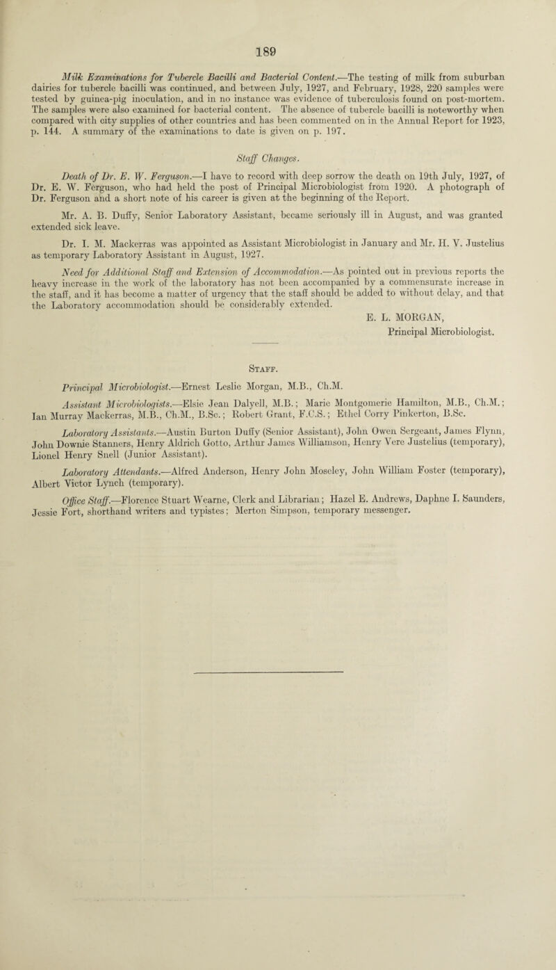Milk Examinations for Tubercle Bacilli and Bacterial Content.—The testing of milk from suburban dairies for tubercle bacilli was continued, and between July, 1927, and February, 1928, 220 samples were tested by guinea-pig inoculation, and in no instance was evidence of tuberculosis found on post-mortem. The samples were also examined for bacterial content. The absence of tubercle bacilli is noteworthy when compared with city supplies of other countries and has been commented on in the Annual Report for 1923, p. 144. A summary of the examinations to date is given on p. 197. Staff Changes. Death of Dr. E. W. Ferguson.—I have to record with deep sorrow the death on 19th July, 1927, of Dr. E. W. Ferguson, who had held the post of Principal Microbiologist from 1920. A photograph of Dr. Ferguson and a short note of his career is given at the beginning of the Report. Mr. A. B. Duffy, Senior Laboratory Assistant, became seriously ill in August, and was granted extended sick leave. Dr. I. M. Mackerras was appointed as Assistant Microbiologist in January and Mr. H. V. Justelius as temporary Laboratory Assistant in August, 1927. Need for Additional Staff arid Extension of Accommodation.—As pointed out in previous reports the heavy increase in the work of the laboratory has not been accompanied by a commensurate increase in the staff, and it has become a matter of urgency that the staff should be added to without delay, and that the Laboratory accommodation should be considerably extended. E. L. MORGAN, Principal Microbiologist. Staff. Principal Microbiologist.—Ernest Leslie Morgan, M.B., Ch.M. Assistant Microbiologists— Elsie Jean Dalyell, M.B.; Marie Montgomerie Hamilton, M.B., Ch.M.; Ian Murray Mackerras, M.B., Ch.M., B.Sc.; Robert Grant, F.C.S.; Ethel Corry Pinkerton, B.Sc. Laboratory Assistants— Austin Burton Duffy (Senior Assistant), John Owen Sergeant, Janies Flynn, John Downie Stanners, Henry Aldrich Gotto, Arthur James Williamson, Henry Yere Justelius (temporary), Lionel Henry Snell (Junior Assistant). Laboratory Attendants— Alfred Anderson, Henry John Moseley, John William Foster (temporary), Albert Victor Lynch (temporary). Office Staff.—Florence Stuart Wearne, Clerk and Librarian; Hazel E. Andrews, Daphne I. Saunders, Jessie Fort, shorthand writers and typistes; Merton Simpson, temporary messenger.