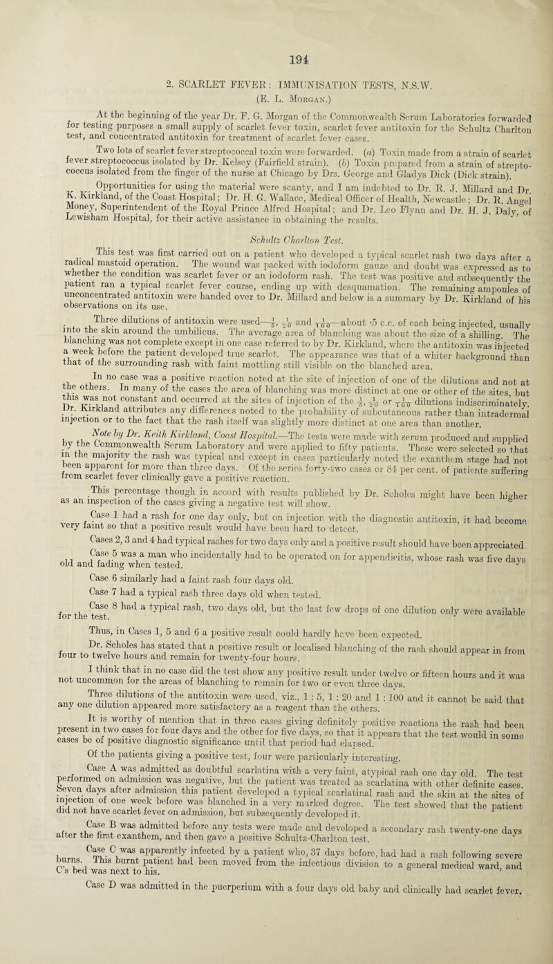 2. SCARLET FEVER: IMMUNISATION TESTS, N.S.W. (E. L. Morgan.) At the beginning of the year Dr. F. G. Morgan of the Commonwealth Serum Laboratories forwarded for testing purposes a small supply of scarlet fever toxin, scarlet fever antitoxin for the Schultz Charlton test, and concentrated antitoxin for treatment of scarlet fever cases. Two lots of scarlet fever streptococcal toxin were forwarded, (a) Toxin made from a strain of scarlet fever streptococcus isolated by Dr. Kelsey (Fairfield strain), (b) Toxin prepared from a strain of strepto¬ coccus isolated from the finger of the nurse at Chicago by Drs. George and Gladys Dick (Dick strain). _ Opportunities for using the material were scanty, and I am indebted to Dr. R. J. Millard and Dr K. Kirkland, of the Coast Hospital; Dr. IT. G. Wallace, Medical Officer of Health, Newcastle ; Dr R Aimei Money, Superintendent of the Royal Prince Alfred Hospital; and Dr. Leo Flynn and Dr. H. J. Daly °of Lewisham Hospital, for their active assistance in obtaining the results. * ’ Schultz Charlton Test. This test was first carried out on a patient who developed a typical scarlet rash two days after a radical mastoid operation. The wound was packed with iodoform gauze and doubt was expressed as to whether the condition was scarlet fever or an iodoform rash. The test was positive and subsequently the patient ran a typical pcarlet fever course, ending up with desquamation. The remaining ampoules of unconcentrated antitoxin were handed over to Dr. Millard and below is a summary by Dr. Kirkland of his observations on its use. . , ,, T1\ree dilutions of antitoxin were used—1, ^ and T^—about -5 c.c. of each being injected, usually into the skin around the umbilicus. The average area of blanching was about tlmsize of a shilling. The blanching was not complete except in one case referred to by Dr. Kirkland, where the antitoxin was injected a week before the patient developed true scarlet. The appearance was that of a whiter background than that of the surrounding rash with faint mottling still visible on the blanched area. +1 , 110 TaSe WaS a Tosii'ive reaction noted at the site of injection of one of the dilutions and not at the others. In many of the cases the area of blanching was more distinct at one or other of the sites but Hus was not constant and occurred at the sites of injection of the ± A0- or dilutions indiscriminately. . r' Nirkland attributes any differences noted to the probability of subcutaneous rather than intradermal injection or to the fact that the rash itself was slightly more distinct at one area than another. ^ote Dr- Keith Kirldand, Coast Hospital.—The tests were made with serum produced and supplied by the Commonwealth Serum Laboratory and were applied to fifty patients. These were selected so that in the majority the rash was typical and except in cases particularly noted the exanthem stage had not wen apparent for more than three days. Of the series forty-two cases or 84 per cent, of patients suffering from scarlet fever clinically gave a positive reaction. This percentage though in accord with results published by Dr. Scholes might have been higher as an inspection of the cases giving a negative test will show. Case 1 had a rash for one day only, but on injection with the diagnostic antitoxin, it had become very faint so that a positive result would have been hard to detect. Cases 2, 3 and 4 had typical rashes for two days only and a positive result should have been appreciated. Case 5 was a man who incidentally had to be operated on for appendicitis, whose rash was five clavs ofcl and fading when tested. Case 6 similarly had a faint rash four days old. Case 7 had a typical rash three days old when tested. .f . +aSf 8 a ras*b two ^aNs buC Che last few drops of one dilution only were available ioi rne Ecsr. Thus, in Cases 1, 5 and 6 a positive result could hardly have been expected. Dr. Scholes has stated that a positive result or localised blanching of the rash should appear in from four to twelve hours and remain for twenty-four hours. I think that in no case did the test show any positive result under twelve or fifteen hours and it was not uncommon for the areas of blanching to remain for two or even three days. Three dilutions of the antitoxin were used, viz., 1 : 5, 1 : 20 and 1 : 100 and it cannot be said that any one dilution appeared more satisfactory as a reagent than the others. It is worthy of mention that in three cases giving definitely positive reactions the rash had been present m two cases for four days and the other for five days, so that it appears that the test would in some cases be of positive diagnostic significance until that period had elapsed. Of the patients giving a positive test, four were particularly interesting. Case A was admitted as doubtful scarlatina with a very faint, atypical rash one day old. The test performed on admission was negative, but the patient was treated as scarlatina with other definite cases. ► even days after admission this patient developed a typical scarlatinal rash and the skin at the sites of injection of one week before was blanched in a very marked degree. The test showed that the patient did not fiave scarlet fever on admission, but subsequently developed it. ,,Caf B was admitted before any tests were made and developed a secondary rash twentv-one days after the first exanthem, and then gave a positive Schultz-Charlton test. * ' J I Cls®. C was apparently infected by a patient who, 37 days before, had had a rash following severe burns This burnt patient had been moved from the infectious division to a general medical ward, and C s bed was next to his. ’ Case D was admitted in the puerperium with a four days old baby and clinically had scarlet fever.