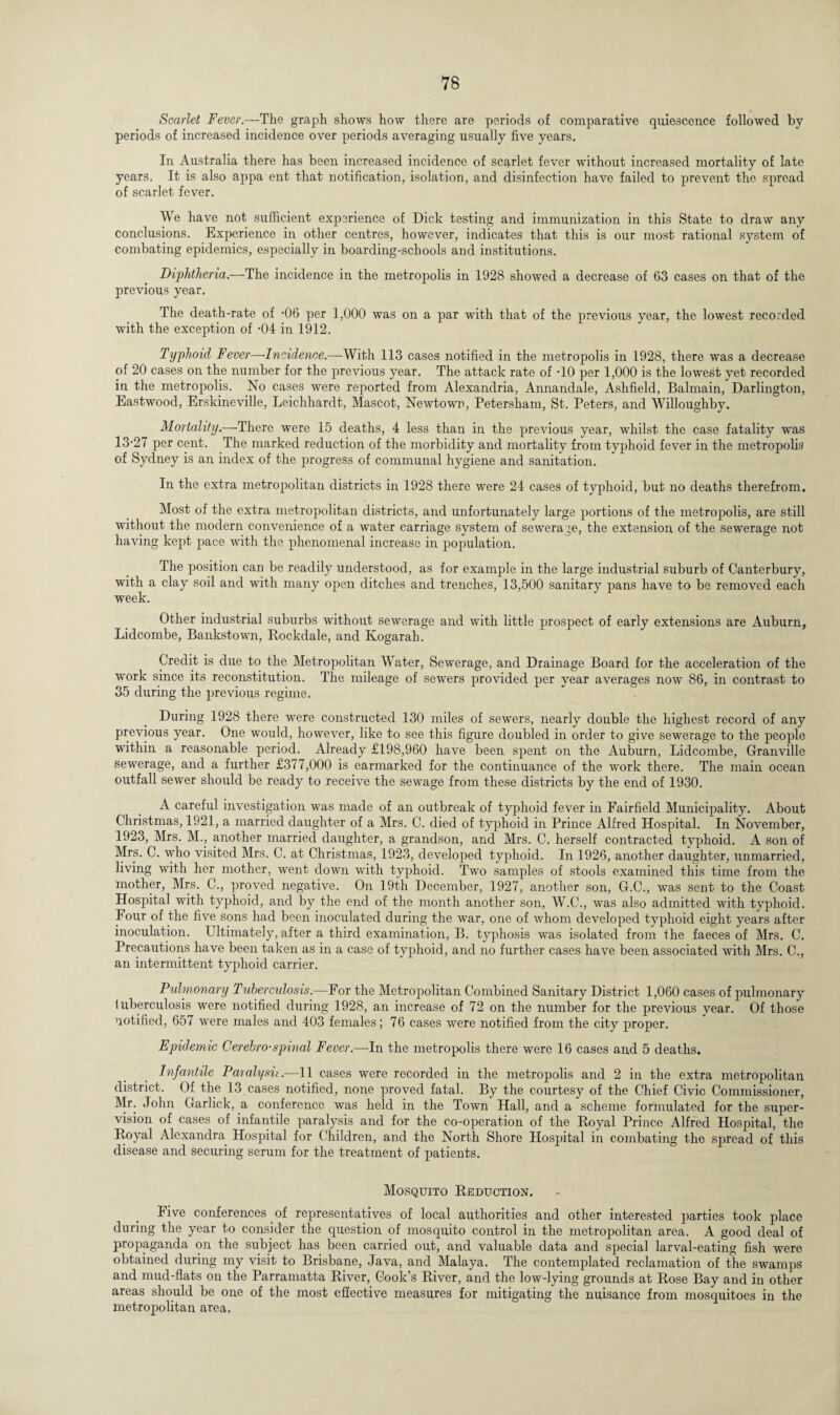 Scarlet Fever.—The graph shows how there are periods of comparative quiescence followed by periods of increased incidence over periods averaging usually five years. In Australia there has been increased incidence of scarlet fever without increased mortality of late years. It is also appa ent that notification, isolation, and disinfection have failed to prevent the spread of scarlet fever. We have not sufficient experience of Dick testing and immunization in this State to draw any conclusions. Experience in other centres, however, indicates that this is our most rational system of combating epidemics, especially in boarding-schools and institutions. Diphtheria.—The incidence in the metropolis in 1928 showed a decrease of 63 cases on that of the previous year. The death-rate of ’06 per 1,000 was on a par with that of the previous year, the lowest recorded with the exception of -04 in 1912. Typhoid Fever—■Incidence.—With 113 cases notified in the metropolis in 1928, there was a decrease of 20 cases on the number for the previous year. The attack rate of DO per 1,000 is the lowest yet recorded in the metropolis. No cases were reported from Alexandria, Annandale, Ashfield, Balmain, Darlington, Eastwood, Erskineville, Leichhardt, Mascot, Newtown, Petersham, St. Peters, and Willoughby. Mortality.—There were 15 deaths, 4 less than in the previous year, whilst the case fatality was 13-27 per cent. The marked reduction of the morbidity and mortality from typhoid fever in the metropolis of Sydney is an index of the progress of communal hygiene and sanitation. In the extra metropolitan districts in 1928 there were 24 cases of typhoid, but no deaths therefrom. Most of the extra metropolitan districts, and unfortunately large portions of the metropolis, are still without the modern convenience of a water carriage system of sewerage, the extension of the sewerage not having kept pace with the phenomenal increase in population. The position can be readily understood, as for example in the large industrial suburb of Canterbury, with a clay soil and with many open ditches and trenches, 13,500 sanitary pans have to be removed each week. Other industrial suburbs without sewerage and with little prospect of early extensions are Auburn, Lidcombe, Bankstown, Rockdale, and Kogarah. Credit is due to the Metropolitan Water, Sewerage, and Drainage Board for the acceleration of the work since its reconstitution. The mileage of sewers provided per year averages now 86, in contrast to 35 during the previous regime. During 1928 there were constructed 130 miles of sewers, nearly double the highest record of any previous year. One would, however, like to see this figure doubled in order to give sewerage to the people within a reasonable period. Already £198,960 have been spent on the Auburn, Lidcombe, Granville sewerage, and a further £377,000 is earmarked for the continuance of the work there. The main ocean outfall sewer should be ready to receive the sewage from these districts by the end of 1930. A careful investigation was made of an outbreak of typhoid fever in Fairfield Municipality. About Christmas, 1921, a married daughter of a Mrs. C. died of typhoid in Prince Alfred Hospital. In November, 1923, Mrs. M., another married daughter, a grandson, and Mrs. C. herself contracted typhoid. A son of Mrs. C. who visited Mrs. C. at Christmas, 1923, developed typhoid. In 1926, another daughter, unmarried, living with her mother, went down with typhoid. Two samples of stools examined this time from the mother, Mrs. C., proved negative. On 19th December, 1927, another son, G.C., was sent to the Coast Hospital with typhoid, and by the end of the month another son, W.C., was also admitted with typhoid. Four of the five sons had been inoculated during the war, one of whom developed typhoid eight years after inoculation. Ultimately, after a third examination, B. typhosis was isolated from the faeces of Mrs. C. Precautions have been taken as in a case of typhoid, and no further cases have been associated with Mrs. C., an intermittent typhoid carrier. Pulmonary Tuberculosis.—For the Metropolitan Combined Sanitary District 1,060 cases of pulmonary tuberculosis were notified during 1928, an increase of 72 on the number for the previous year. Of those notified, 657 were males and 403 females; 76 cases were notified from the city proper. Epidemic Cerebro-spinal Fever.—In the metropolis there were 16 cases and 5 deaths. Infantile Paralysis.—11 cases were recorded in the metropolis and 2 in the extra metropolitan district. Of the 13 cases notified, none proved fatal. By the courtesy of the Chief Civic Commissioner, Mr. John Garlick, a conference was held in the Town Hall, and a scheme formulated for the super¬ vision of cases of infantile paralysis and for the co-operation of the Royal Prince Alfred Hospital, the Royal Alexandra Hospital for Children, and the North Shore Hospital in combating the spread of this disease and securing serum for the treatment of patients. Mosquito Reduction. Five conferences of representatives of local authorities and other interested parties took place during the year to consider the question of mosquito control in the metropolitan area. A good deal of propaganda on the subject has been carried out, and valuable data and special larval-eating fish were obtained during my visit to Brisbane, Java, and Malaya. The contemplated reclamation of the swamps and mud-flats on the Parramatta River, Cook’s River, and the low-lying grounds at Rose Bay and in other areas should be one of the most effective measures for mitigating the nuisance from mosquitoes in the metropolitan area.