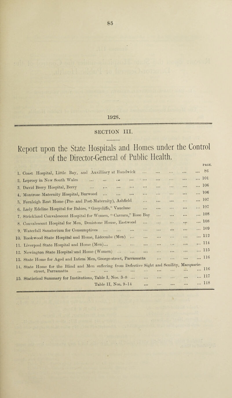 1928. SECTION III. Report upon the State Hospitals and Homes under the Control of the Director-General of Public Health. PAGE. 1. Coast Hospital, Little Bay, and Auxilliary at Randwick 2. Leprosy in New South Wales ... ... ••• * ••• 3. David Berry Hospital, Berry ... ... 4. Montrose Maternity Hospital, Burwood ... ... 5. Fernleigh Rest Home (Pre- and Post-Maternity), Ashfield 6. Lady Edeline Hospital for Babies, “ Greycliffe,” Vaucluse 7. Strickland Convalescent Hospital for Women, “ Carrara,’ Rose Bay 8. Convalescent Hospital for Men, Denistone House, Eastwood 9. Waterfall Sanatorium for Consumptives . 10. Rookwood State Hospital and Home, Lidcombe (Men) ... 11. Liverpool State Hospital and Home (Men)... 12. Newington State Hospital'and Home (Women) 13. State Home for Aged and Infirm Men, George-street, Parramatta 14. State Home for the Blind and Men suffering from Defective Sight street, Parramatta 15. Statistical Summary for Institutions, Table I, Nos. 3-8. Table II, Nos. 9-14 ... 86 ... 101 ... 106 ... 106 ... 107 ... 107 ... 108 ... 108 ... 109 ... 112 ... 114 ... 115 ... 116 and Senility, Macquarie- .116 ... 117 ... IIS