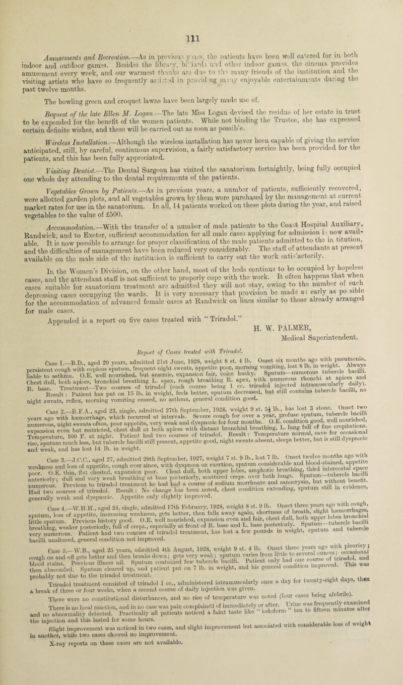 Amusements and Recreation.—As in previous ym's, the patients have been well catered for in both indoor and outdoor games. Besides the library, bi ianls and other indoor games, the cinema provides amusement every week, and our warmest thanks are due to the many friends of the institution and the visiting artists who have so frequently assisted in provid ng nnny enjoyable entertainments during the past twelve months. The bowling green and croquet lawns have been largely made use of. Bequest of the late Ellen M. Logan.—The late Miss Logan devised the residue of her estate in trust to be expended for the benefit of the women patients. While not binding the Trustee, she has expressed certain definite wishes, and these will be carried out as soon as possib e. Wireless Installation.—Although the wireless installation has never been capable of giving the service anticipated, still, by careful, continuous supervision, a fairly satisfactory service has been provided for the patients, and this has been fully appreciated. Visiting Dentist.—The Dental Surgeon has visited the sanatorium fortnightly, being fully occupied one whole day attending to the dental requirements of the patients. Vegetables Grown by Patients.—As in previous years, a number of patients, sufficiently recovered, were allotted garden plots, and all vegetables grown by them were purchased by the management at current market rates for use in the sanatorium. In all, 14 patients worked on these plots during the year, and raisci vegetables to the value of £500. Accommodation.—With the transfer of a number of male patients to the Coaffi Hospital Auxiliary, Randwick, and to Exeter, sufficient accommodation for all male cases applying for admission 1; now avail¬ able. It is now possible to arrange for proper classification of the male patients admitted to the in titution, and the difficulties of management have been reduced very considerably. _ The staff of attendants at present available on the male side of the institution is sufficient to carry out the work satisfactorily. In the Women’s Division, on the other hand, most of the beds continue to be occupied by hopeless cases, and the attendant staff is not sufficient to properly cope with the work. It often happens that w en cases suitable for sanatorium treatment are admitted they will not stay, owing to the number o: such depressing cases occupying the wards. It is very necessary that provision be made as early as po sibie for the accommodation of advanced female cases at Randwick on lines similar to those already arrange for male cases. Appended is a report on five cases treated with “ Triradol.” H. W. PALMER, Medical Superintendent. Report of Cases treated with Triradol. Case 1 —B.D., aged 29 years, admitted 21st June, 1928, weight 8 st. 4 lb. Onset six months ago with pneumonia persistent cough with copious sputum, frequent night sweats, appetite poor, morning vomiting, lost 8 lb. in weight Always Ha We to asthma. O.E. well nourished, but amende, expansion fair, voice husky. Sputum-numerous tubercle bacilli Chest dull both apices, bronchial breathing L. apex, rough breathing R. apex, with numerous rhopclu at apices anc R base Treatment-Two courses of triradol (each course being 1 cc. triradol injected intramuscular!Ly da.ly). Result: Patient has put on 15 lb. in weight, feels better, sputum decreased, but still contains tubercle bacilli, night sweats, reflex, morning vomiting ceased, no asthma, general condition good. Case 2.—R.F.A., aged 23, single, admitted 27th September, 1928, weight 9 st. 5£ lb., has lost 3 stone. Onset two vears aeo with hemorrhage, which recurred at intervals. Severe cough for over a year, profuse sputum, tubercle bacill numerous, night sweats often, poor appetite, very weak and dyspnceic for four: montlhs expansion even but restricted, chest dull at both apices with distant bronchial breathing, L. lung full of bnc crepit Temperature 100 F at night. Patient had two courses of triradol. Result: Temperature normal, save for occasional rise, sputum much less, but tubercle bacilli still present, appetite good, night sweats absent, sleeps better, but is still dyspi a and weak, and has lost 14 lb. in weight. Case 3.—J.C.C., aged 27, admitted 29tlv September, 1927, weight 7 st. 9 lb., lost 7 lb. Onset twelve months ago with weakness and loss of appetite, cough ever since, with dyspnoea on exertion, sputum considerable and blood-stain b PP flat chested, expansion poor. Chest dull, both upper lobes, amphoric breathing hud ***«*£-P™ anteriorly dull and very weak breathing at base posteriorly, scattered creps. over both lungs. Sputum—tubercle ba numerous.' Previous to triradol treatment he had had a course of sodium morrhuate and sanocrysin, butnce* Had Uo courses of triradol. Result: No change lias been noted, chest condition extending, sputum still in evidence, generally weak and dyspnceic. Appetite only slightly improved. Case 4.—W.H.H., aged 24, single, admitted 17th February, 1928, weight 8 st. 9 lb. Onset three ^ sputum, loss of appetite, increasing weakness, gets better, then falls away little sputum. Previous history good. O.E. well nourished, expansion even arid fair, chest d , U , , bacilli breathing, weaker posteriorly, full of crept., especially at front of R base and L. base postenorljj, very numerous. Patient had two courses of triradol treatment, has lost a few pounds in weight, sputui bacilli unaltered, general condition not improved. Case 5.—W.B., aged 25 years, admitted 4th August, 1928, weight 9 st. 4 lb. Onset three years ago with cough on and off gets better and' then breaks down; gets very weak; sputum varies from little to sevei a omn | and blood stains. Previous illness nil. Sputum contained few tubercle bacilli. Patient on v nu on ^ ved This was then absconded. Sputum cleared up, and patient put on 7 lb. m weight, and his general condit 1 probably not due to the triradol treatment. , Triradol treatment consisted of triradol 1 cc., administered intramuscularly once a day for t\vent>-eig i c ays, le a break of three or four weeks, when a second course of daily injection was given. _ There were no constitutional disturbances, and no rise of temperature was noted (four cases being acne. There is no local reaction, and in no case was pain complained of immediately or after. ^^utS'after and no abnormality detected. Practically all pationts noticed a faint taste like lodoforn the injection and this lasted for some hours. ., ,, , , • v* Slight improvement was noticed in two cases, and slight improvement but associated with considerable loss of weig in another, while two cases showed no improvement. X-ray reports on these cases are not available.