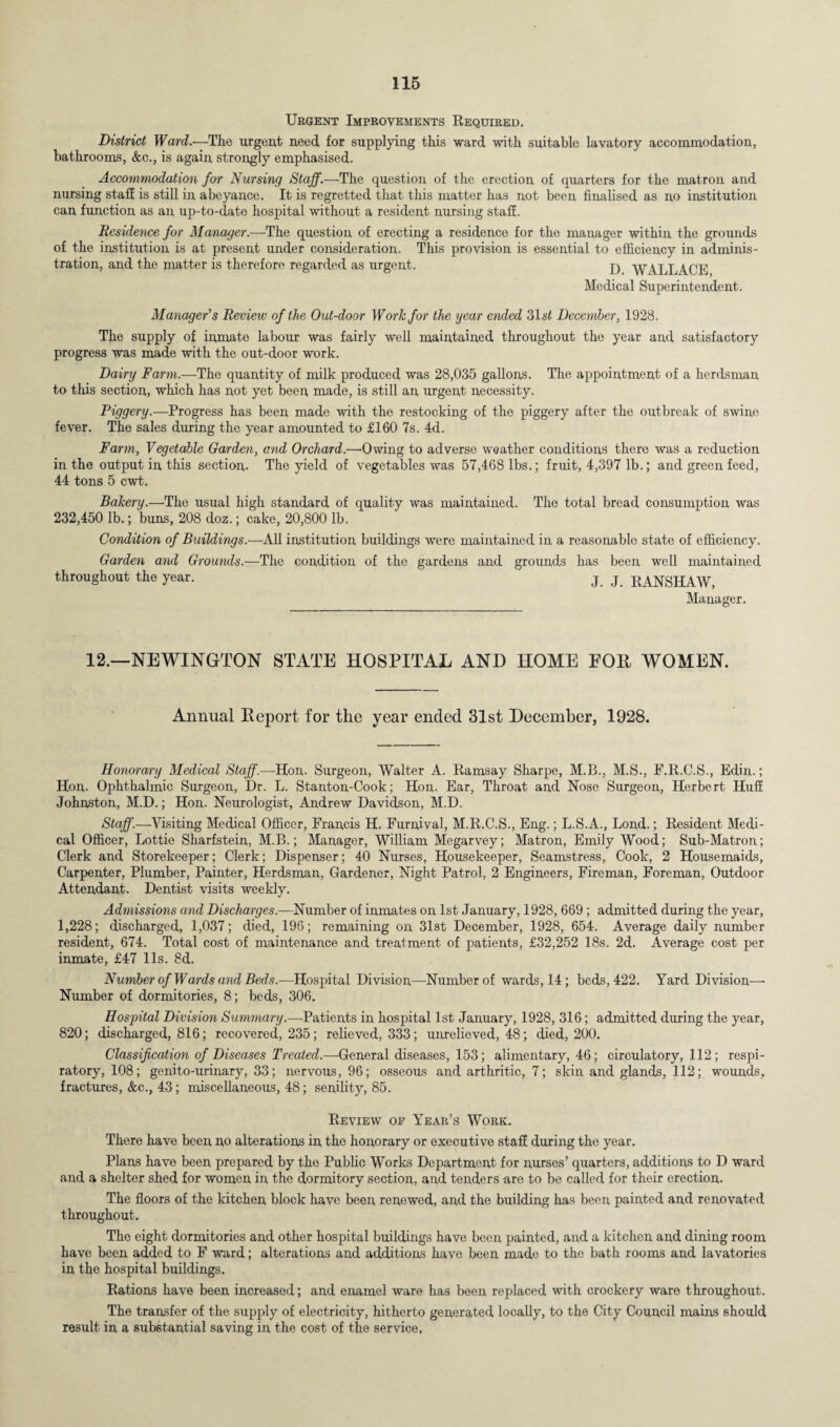 Urgent Improvements Required. District Ward.—The urgent need for supplying this ward with suitable lavatory accommodation, bathrooms, &c., is again strongly emphasised. Accommodation for Nursing Staff.—The question of the erection of quarters for the matron and nursing staff is still in abeyance. It is regretted that this matter has not been finalised as no institution can function as an up-to-date hospital without a resident nursing staff. Residence for Manager.—The question of erecting a residence for the manager within the grounds of the institution is at present under consideration. This provision is essential to efficiency in adminis¬ tration, and the matter is therefore regarded as urgent. jj 'VVALLACE Medical Superintendent. Manager's Review of the Out-door Work for the year ended 31s£ December, 1928. The supply of inmate labour was fairly well maintained throughout the year and satisfactory progress was made with the out-door work. Dairy Farm.—The quantity of milk produced was 28,035 gallons. The appointment of a herdsman to this section, which has not yet been made, is still an urgent necessity. Piggery.—Progress has been made with the restocking of the piggery after the outbreak of swine fever. The sales during the year amounted to £160 7s. 4d. Farm, Vegetable Garden, and Orchard.—Owing to adverse weather conditions there was a reduction in the output in this section. The yield of vegetables was 57,468 lbs.; fruit, 4,397 lb.; and green feed, 44 tons 5 cwt. Bakery.—The usual high standard of quality was maintained. The total bread consumption was 232,450 lb.; buns, 208 doz.; cake, 20,800 lb. Condition of Buildings.—All institution buildings were maintained in a reasonable state of efficiency. Garden and Grounds.—The condition of the gardens and grounds has been well maintained throughout the year. j. j. RANSHAW, Manager. 12.—NEWINGTON STATE HOSPITAL AND HOME FOR WOMEN. Annual Report for the year ended 31st December, 1928. Honorary Medical Staff.—Hon. Surgeon, Walter A. Ramsay Sharpe, M.B., M.S., F.R.C.S., Edin.; Hon. Ophthalmic Surgeon, Dr. L. Stanton-Cook; Hon. Ear, Throat and Nose Surgeon, Herbert Huff Johnston, M.D.; Hon. Neurologist, Andrew Davidson, M.D. Staff.—Visiting Medical Officer, Francis H. Furnival, M.R.C.S., Eng.; L.S.A., Lond.; Resident Medi¬ cal Officer, Lottie Sharfstein, M.B.; Manager, William Megarvey; Matron, Emily Wood; Sub-Matron; Clerk and Storekeeper; Clerk; Dispenser; 40 Nurses, Housekeeper, Seamstress, Cook, 2 Housemaids, Carpenter, Plumber, Painter, Herdsman, Gardener, Night Patrol, 2 Engineers, Fireman, Foreman, Outdoor Attendant. Dentist visits weekly. Admissions and Discharges.—Number of inmates on 1st January, 1928, 669; admitted during the year, 1,228; discharged, 1,037; died, 196; remaining on 31st December, 1928, 654. Average daily number resident, 674. Total cost of maintenance and treatment of patients, £32,252 18s. 2d. Average cost per inmate, £47 11s. 8d. Number of Wards and Beds.—Hospital Division—Number of wards, 14; beds, 422. Yard Division—- Number of dormitories, 8; beds, 306. Hospital Division Summary.—Patients in hospital 1st January, 1928, 316; admitted during the year, 820; discharged, 816; recovered, 235; relieved, 333; unrelieved, 48; died, 200. Classification of Diseases Treated.—-General diseases, 153; alimentary, 46; circulatory, 112; respi¬ ratory, 108; genito-urinary, 33; nervous, 96; osseous and arthritic, 7; skin and glands, 112; wounds, fractures, &c., 43; miscellaneous, 48; senility, 85. Review of Year’s Work. There have been no alterations in the honorary or executive staff during the year. Plans have been prepared by the Public Works Department for nurses’ quarters, additions to D ward and a shelter shed for women in the dormitory section, and tenders are to be called for their erection. The floors of the kitchen block have been renewed, and the building has been painted and renovated throughout. The eight dormitories and other hospital buildings have been painted, and a kitchen and dining room have been added to F ward; alterations and additions have been made to the bath rooms and lavatories in the hospital buildings. Rations have been increased; and enamel ware has been replaced with crockery ware throughout. The transfer of the supply of electricity, hitherto generated locally, to the City Council mains should result in a substantial saving in the cost of the service.