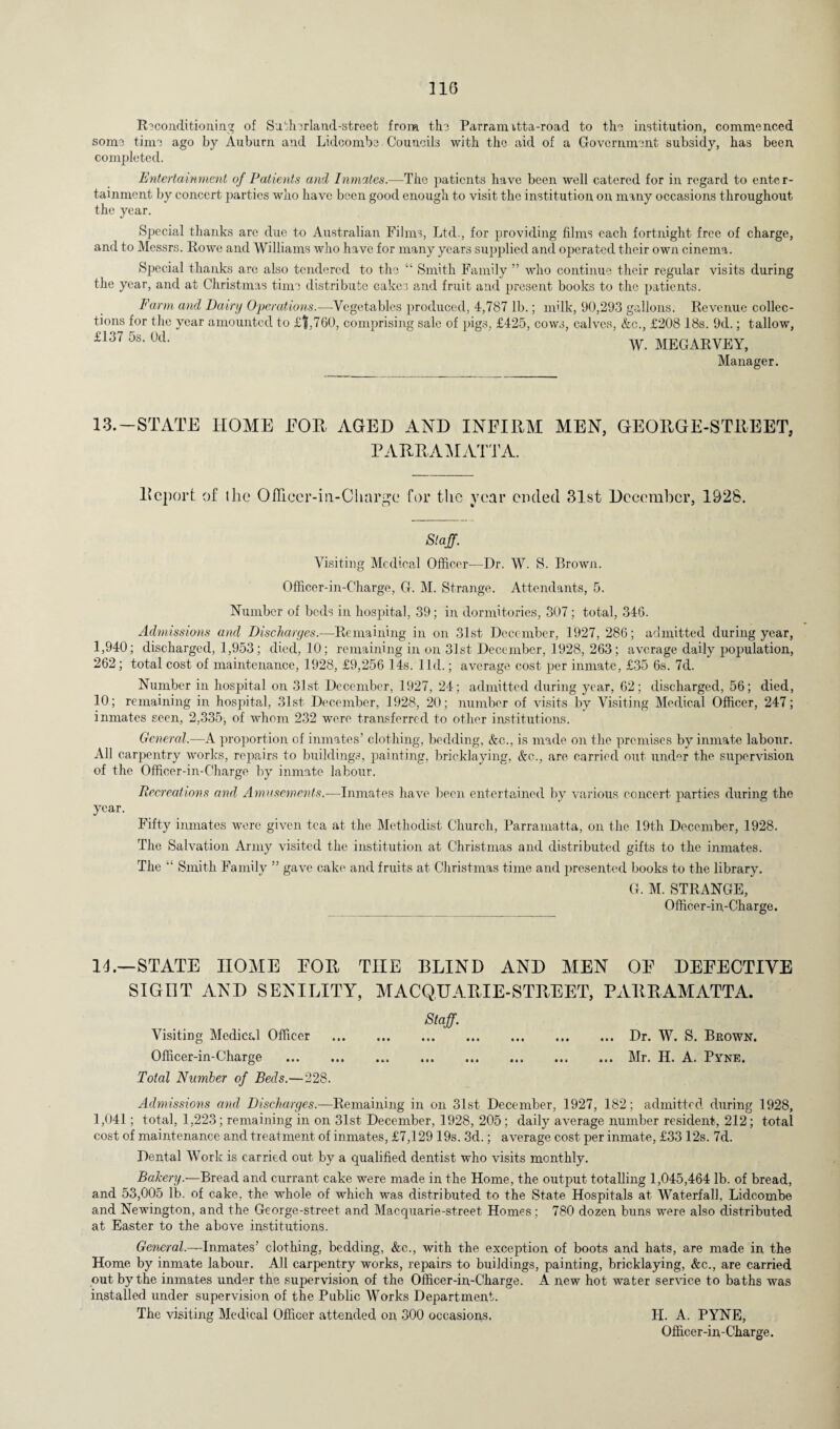 Reconditioning of Sutherland-street from the Parramitta-road to the institution, commenced some time ago by Auburn and Lidcombe Councils with the aid of a Government subsidy, has been completed. Entertainment of Patients and Inmates.—The patients have been well catered for in regard to enter¬ tainment by concert parties who have been good enough to visit the institution on many occasions throughout the year. Special thanks are due to Australian Films, Ltd., for providing films each fortnight free of charge, and to Messrs. Rowe and Williams who have for many years supplied and operated their own cinema. Special thanks are also tendered to the “ Smith Family ” who continue their regular visits during the year, and at Christmas time distribute cakes and fruit and present books to the patients. Farm and Dairy Operations.—Vegetables produced, 4,787 lb.; milk, 90,293 gallons. Revenue collec¬ tions for the year amounted to £f,760, comprising sale of pigs, £425, cows, calves, &c., £208 18s. 9d.; tallow, £137 5s. Od. w MEGARYEY, Manager. 13.—STATE HOME EOR AGED AND INFIRM MEN, GEORGE-STREET, PARRAMATTA. Report of the Officer-in-Charge for the year ended 31st December, 1928. Staff. Visiting Medical Officer—Dr. W. S. Brown. Officer-in-Chargo, G. M. Strange. Attendants, 5. Number of beds in hospital, 39; in dormitories, 307; total, 346. Admissions and Discharges.—Remaining in on 31st December, 1927, 286; admitted during year, 1,940; discharged, 1,953; died, 10; remaining in on 31st December, 1928, 263; average daily population, 262; total cost of maintenance, 1928, £9,256 14s. lid.; average cost per inmate, £35 6s. 7d. Number in hospital on 31st December, 1927, 24; admitted during year, 62; discharged, 56; died, 10; remaining in hospital, 31st December, 1928, 20; number of visits by Visiting Medical Officer, 247; inmates seen, 2,335^ of whom 232 were transferred to other institutions. General.—A proportion of inmates’ clothing, bedding, &c., is made on the premises by inmate labour. All carpentry works, repairs to buildings, painting, bricklaying, Ac., are carried out under the supervision of the Officer-in-Charge by inmate labour. Recreations and Amusements.—Inmates have been entertained by various concert parties during the year. Fifty inmates were given tea at the Methodist Church, Parramatta, on the 19th December, 1928. The Salvation Army visited the institution at Christmas and distributed gifts to the inmates. The “ Smith Family ” gave cake and fruits at Christmas time and presented books to the library. G. M. STRANGE, Officer-in-Charge. II.—STATE HOME FOR THE BLIND AND MEN OF DEFECTIVE SIGHT AND SENILITY, MACQUARIE-STREET, PARRAMATTA. Staff. Visiting Medical Officer . Officer-in-Charge Total Number of Beds.—228. Admissions and Discharges.—Remaining in on 31st December, 1927, 182; admitted during 1928, 1,041; total, 1,223; remaining in on 31st December, 1928, 205; daily average number resident, 212; total cost of maintenance and treatment of inmates, £7,129 19s. 3d.; average cost per inmate, £33 12s. 7d. Dental Work is carried out by a qualified dentist who visits monthly. Bakery.—Bread and currant cake were made in the Home, the output totalling 1,045,464 lb. of bread, and 53,005 lb. of cake, the whole of which was distributed to the State Hospitals at Waterfall, Lidcombe and Newington, and the George-street and Macquarie-street Homes; 780 dozen buns were also distributed at Easter to the above institutions. General.—Inmates’ clothing, bedding, &c., with the exception of boots and hats, are made in the Home by inmate labour. All carpentry works, repairs to buildings, painting, bricklaying, &c., are carried out by the inmates under the supervision of the Officer-in-Charge. A new hot water service to baths was installed under supervision of the Public Works Department. The visiting Medical Officer attended on 300 occasions. ... Dr. W. S. Brown. ... Mr. II. A. Pyne. H. A. PYNE, Officer-in-Charge.