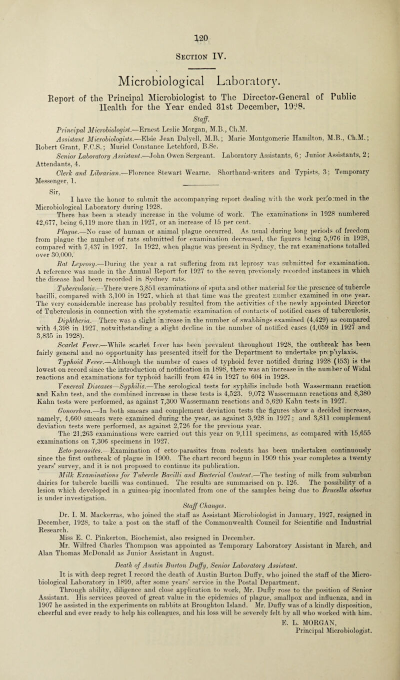 Section IV. Microbiological Laboratory. o j Deport of the Principal Microbiologist to The Director-General of Public Health for the Year ended 31st December, 10:’8. Staff. Principal Microbiologist.—Ernest Leslie Morgan, M.B., Cli.M. Assistant Microbiologists.—Elsie Jean Dalyell, M.B.; Marie Montgomerie Hamilton, M.B., Ch.M.; Robert Grant, F.C.S.; Muriel Constance Letchford, B.Sc. Senior Laboratory Assistant.—John Owen Sergeant. Laboratory Assistants, 6; Junior Assistants, 2; Attendants, 4. Clerk and Librarian.—Florence Stewart Wearne. Shorthand-writers and Typists, 3; Temporary Messenger, 1. Sir, I have the honor to submit the accompanying report dealing with the work performed in the Microbiological Laboratory during 1928. There has been a steady increase in the volume of work. The examinations in 1928 numbered 42,677, being 6,119 more than in 1927, or an increase of 15 per cent. Plague.—No case of human or animal plague occurred. As usual during long periods of freedom from plague the number of rats submitted for examination decreased, the figures being 5,976 in 1928, compared with 7,437 in 1927. In 1922, when plague was present in Sydney, the rat examinations totalled over 30,000. Pat Ijeprosy.-—During the year a rat suffering from rat leprosy was submitted for examination. A reference was made in the Annual Report for 1927 to the seven previously recorded instances in which the disease had been recorded in Sydney rats. Tuberculosis.—There were 3,851 examinations of sputa and other material for the presence of tubercle bacilli, compared with 3,100 in 1927. which at that time was the greatest number examined in one year. The very considerable increase has probably resulted from the activities of the newly appointed Director of Tuberculosis in connection with the systematic examination of contacts of notified cases of tuberculosis. Diphtheria.—There was a slight increase in the number of swabbings examined (4,429) as compared with 4,398 in 1927, notwithstanding a slight decline in the number of notified cases (4,059 in 1927 and 3,835 in 1928). Scarlet Fever.—While scarlet fiver has been prevalent throughout 1928, the outbreak has been fairly general and no opportunity has presented itself for the Department to undertake prcphylaxis. Typhoid Fever.—Although the number of cases of typhoid fever notified during 1928 (153) is the lowest on record since the introduction of notification in 1898, there was an increase in the number of Widal reactions and examinations for typhoid bacilli from 474 in 1927 to 604 in 1928. Venereal Diseases—Syphilis.—The serological tests for syphilis include both Wassermann reaction and Kahn test, and the combined increase in these tests is 4,523. 9,072 Wassermann reactions and 8,380 Kahn tests were performed, as against 7,300 Wassermann reactions and 5,620 Kahn tests in 1927. Gonorrhoea.—In both smears and complement deviation tests the figures show a decided increase, namely, 4,660 smears were examined during the year, as against 3,928 in 1927; and 3,811 complement deviation tests were performed, as against 2,726 for the previous year. The 21,263 examinations were carried out this year on 9,111 specimens, as compared with 15,655 examinations on 7,306 specimens in 1927. Ecto-parasites.—Examination of ecto-parasites from rodents has been undertaken continuously since the first outbreak of plague in 1900. The chart record begun in 1909 this year completes a twenty years’ survey, and it is not proposed to continue its publication. Milk Examinations for Tubercle Bacilli and Bacterial Content.—The testing of milk from suburban dairies for tubercle bacilli was continued. The results are summarised on p. 126. The possibility of a lesion which developed in a guinea-pig inoculated from one of the samples being due to Brucella abortus is under investigation. Staff Changes. Dr. I. M. Mackerras, who joined the staff as Assistant Microbiologist in January, 1927, resigned in December, 1928, to take a post on the staff of the Commonwealth Council for Scientific and Industrial Research. Miss E. C. Pinkerton, Biochemist, also resigned in December. Mr. Wilfred Charles Thompson was appointed as Temporary Laboratory Assistant in March, and Alan Thomas McDonald as Junior Assistant in August. Death of Austin Burton Duffy, Senior Laboratory Assistant. It is with deep regret I record the death of Austin Burton Duffy, who joined the staff of the Micro¬ biological Laboratory in 1899, after some years’ service in the Postal Department. Through ability, diligence and close application to work, Mr. Duffy rose to the position of Senior Assistant. His services proved of great value in the epidemics of plague, smallpox and influenza, and in 1907 he assisted in the experiments on rabbits at Broughton Island. Mr. Duffy wras of a kindly disposition, cheerful and ever ready to help his colleagues, and his loss will be severely felt by all who worked with him. E. L. MORGAN, Principal Microbiologist.