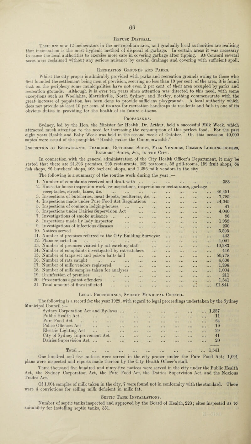 Refuse Disposal. There are now 12 incinerators in the metropolitan area, and gradually local authorities are realising that incineration is the most hygienic method of disposal of garbage. In certain areas it was necessary to cause the local authorities to exercise more care in covering garbage after tipping. At Concord several acres were reclaimed without any serious nuisance by careful drainage and covering with sufficient spoil. Recreation Grounds and Parks. Whilst the city proper is admirably provided with parks and recreation grounds owing to those who first founded the settlement being men of prevision, securing no less than 19 per cent, of the area, it is found that on the periphery some municipalities have not even 2 per cent, of their area occupied by parks and recreation grounds. Although it is over ten years since attention was directed to this need, with some exceptions such as Woollahra, Marrickville, North Sydney, and Bexley, nothing commensurate with the great increase of population has been done to provide sufficient playgrounds. A local authority which does not provide at least 10 per cent, of its area for recreation handicaps its residents and fails in one of its obvious duties in providing for the health of its future citizens. Propaganda. Sydney, led by the Hon. the Minister for Health, Dr. Arthur, held a successful Milk Week, which attracted much attention to the need for increasing the consumption of this perfect food. For the past eight years Health and Baby Week was held in the second week of October. On this occasion 40,000 copies were issued of the pamphlet “ Health makes the Commonwealth.” Inspection of Restaurants, Tearooms, Butchers’ Shops, Milk Vendors, Common Lodging-houses, Barbers’ Shops, &c., in the City. In connection with the general administration of the City Health Officer’s Department, it may be stated that there are 21,393 premises, 295 restaurants, 209 tearooms, 52 grill-rooms, 159 fruit shops, 84 fish shops, 86 butchers’ shops, 468 barbers’ shops, and 1,296 milk vendors in the city. The following is a summary of the routine work during the year :— 1. Number of complaints received and dealt with ... • • • • • • 383 2. House-to-house inspection work, re-inspections, inspections re restaurants, garbage receptacles, streets, lanes, &c. 46,451 3. Inspections of butcheries, meat depots, poulterers, &c. ... 7,785 4. Inspections made under Pure Food Act Regulations 14,345 5. Inspections of common lodging-houses 47 6. Inspections under Dairies Supervision Act 4,040 7. Investigations of smoke nuisance ... 86 8. Inspections made by lady inspector 1,958 9. Investigations of infectious diseases 230 10. Notices served 3,595 11. Number of premises referred to the City Building Surveyor 443 12. Plans reported on 1,091 13. Number of premises visited by rat-catching staff 10,283 14. Number of complaints investigated by rat-catchers 416 15. Number of traps set and poison baits laid 50,778 16. Number of rats caught 4,606 17. Number of milk vendors registered 1,296 18. Number of milk samples taken for analyses 1,004 19. Disinfection of premises 211 20. Prosecutions against offenders 1,541 21. Total amount of fines inflicted • £1,844 Legal Proceedings, Sydney Municipal Council. The following is a record for the year 1929, with regard to legal proceedings undertaken by the Sydney Municipal Council Sydney Corporation Act and By-laws. . 1,357 Public Health Act... . 11 Pure Food Act . 64 Police Offences Act . 19 Electric Lighting Act . 29 City of Sydney Improvement Act . . 41 Dairies Supervision Act ... . 20 Total. .1,541 One hundred and five notices were served in the city proper under the Pure Food Act; 1,091 plans were inspected and reports made thereon by the City Health Officer’s staff. Three thousand five hundred and ninty-five notices were served in the city under the Public Health Act, the Sydney Corporation Act, the Pure Food Act, the Dairies Supervision Act, and the Noxious Trades Act. Of 1,004 samples of milk taken in the city, 7 were found not in conformity with the standard. There were 4 convictions for selling milk deficient in milk fat. Septic Tank Installations. Number of septic tanks inspected and approved by the Board of Health, 220; sites inspected as to suitability for installing septic tanks, 351.