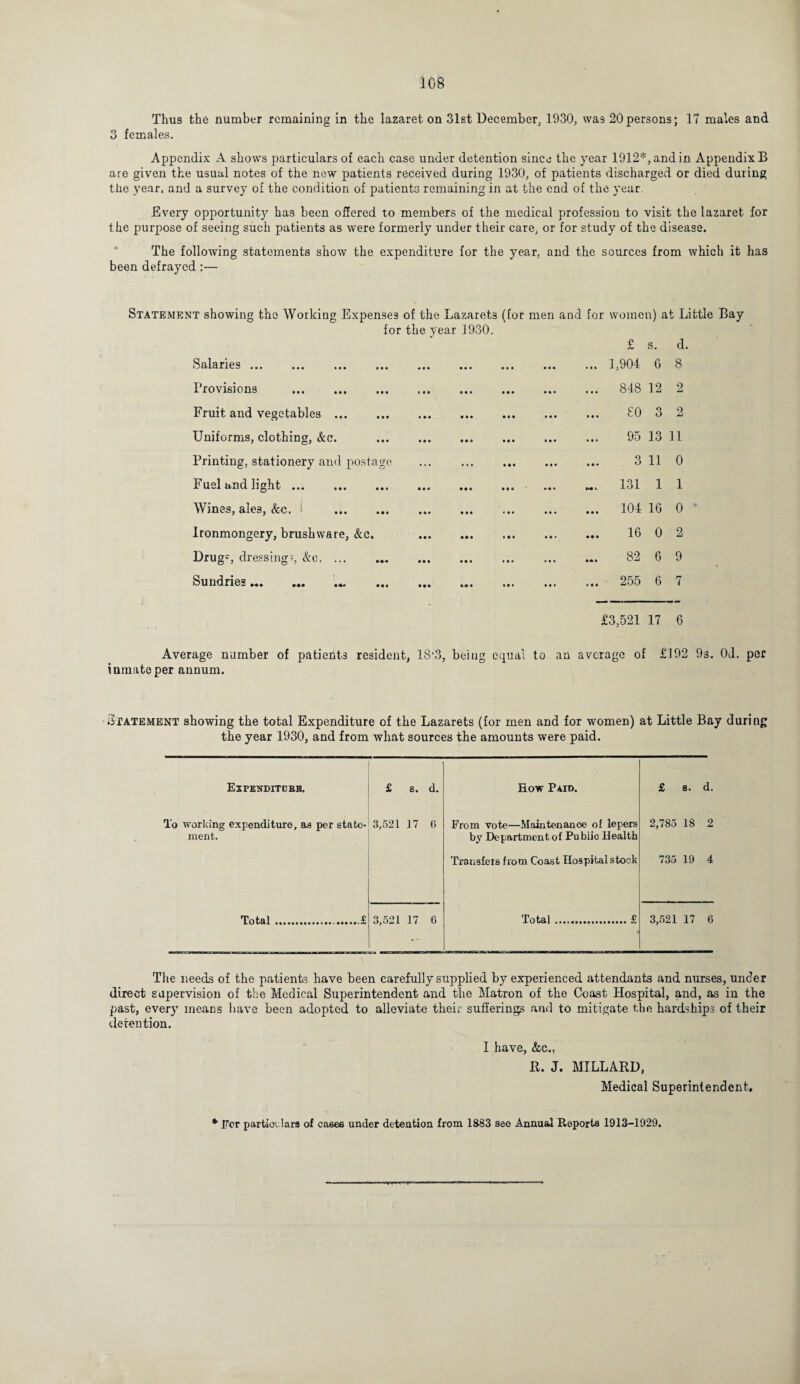 Thus the number remaining in the lazaret on 31st December, 1930, was 20persons; 17 males and 3 females. Appendix A shows particulars of each case under detention since the year 1912*, and in Appendix B are given the usual notes of the new patients received during 1930, of patients discharged or died during the year, and a survey of the condition of patients remaining in at the end of the year. Every opportunity has been offered to members of the medical profession to visit the lazaret for the purpose of seeing such patients as were formerly under their care, or for study of the disease. The following statements show the expenditure for the year, and the sources from which it has been defrayed :— Statement showing the Working Expenses of the Lazarets (for men and for women) at Little Bay for the year 1930. Salaries. Provisions . Fruit and vegetables . Uniforms, clothing, &c. Printing, stationery and postage Fuel and light. Wines, ales, &c. - . Ironmongery, brushware, &c. Drug-, dressing', &e.. Sundries • • • »•* • • « « £ s. d. 1,904 6 8 848 12 2 £0 3 2 95 13 11 3 11 0 131 1 1 104 16 0 ' 16 0 2 82 6 9 255 6 7 £3,521 17 6 Average number of patients resident, 1S‘3, being equal to an average of £192 93. 0d. per inmate per annum. Statement showing the total Expenditure of the Lazarets (for men and for women) at Little Bay during the year 1930, and from what sources the amounts were paid. Extenditcer. £ s. d. Row Paio. £ s. d. To working expenditure, as per state- 3,521 17 6 From vote—Maintenance of lepers 2,785 18 2 ment. by Department of Public Health Transfers from Coast Hospital stock 735 19 4 Total.£ 3,521 17 6 Total...£ 3,521 17 6 The needs of the patients have been carefully supplied by experienced attendants and nurses, under direct supervision of the Medical Superintendent and the Matron of the Coast Hospital, and, as in the past, every means have been adopted to alleviate their sufferings and to mitigate the hardships of their detention. I have, &c.. R. J. MILLARD, Medical Superintendent, * Per particulars of eases under detention from 1883 see Annual Reports 1913-1929.