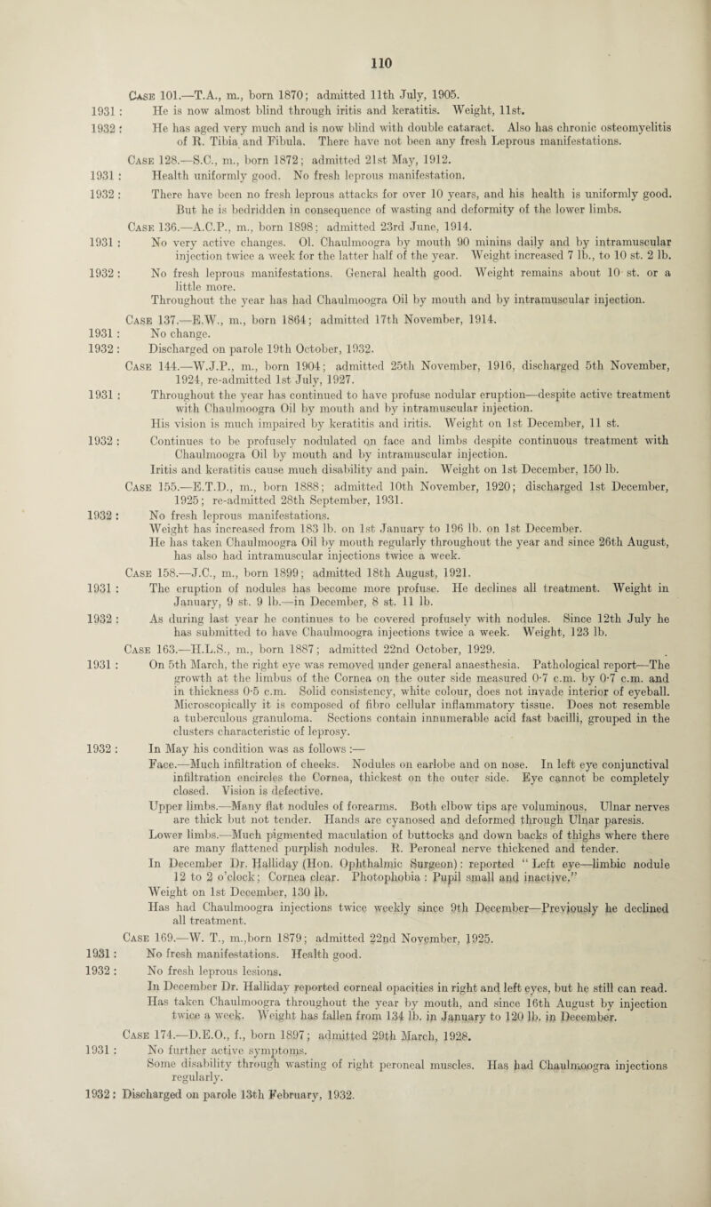 Case 101.—T.A., m., born 1870; admitted 11th July, 1905. 1931 : He is now almost blind through iritis and keratitis. Weight, list. 1932 : He has aged very much and is now blind with double cataract. Also has chronic osteomyelitis of R. Tibia and Fibula. There have not been any fresh Leprous manifestations. Case 128.—S.C., m., born 1872; admitted 21st May, 1912. 1931 : Health uniformly good. No fresh leprous manifestation. 1932 : There have been no fresh leprous attacks for over 10 years, and his health is uniformly good. But he is bedridden in consequence of wasting and deformity of the lower limbs. Case 136.—A.C.P., m., born 1898; admitted 23rd June, 1914. 1931 : No very active changes. 01. Chaulmoogra by mouth 90 minins daily and by intramuscular injection twice a week for the latter half of the year. Weight increased 7 lb., to 10 st. 2 lb. 1932 : No fresh leprous manifestations. General health good. Weight remains about 10 st. or a little more. Throughout the year has had Chaulmoogra Oil by mouth and by intramuscular injection. Case 137.—E.W., m., born 1864; admitted 17th November, 1914. 1931 : No change. 1932 : Discharged on parole 19th October, 1932. Case 144.—W.J.P., m., born 1904; admitted 25th November, 1916, discharged 5th November, 1924, re-admitted 1st July, 1927. 1931 : Throughout the year has continued to have profuse nodular eruption—despite active treatment with Chaulmoogra Oil by mouth and by intramuscular injection. His vision is much impaired by keratitis and iritis. Weight on 1st December, 11 st. 1932 : Continues to be profusely nodulated on face and limbs despite continuous treatment with Chaulmoogra Oil by mouth and by intramuscular injection. Iritis and keratitis cause much disability and pain. Weight on 1st December, 150 lb. Case 155.—E.T.D., m., born 1888; admitted 10th November, 1920; discharged 1st December, 1925; re-admitted 28th September, 1931. 1932 : No fresh leprous manifestations. Weight has increased from 183 lb. on 1st January to 196 lb. on 1st December. He has taken Chaulmoogra Oil by mouth regularly throughout the year and since 26th August, has also had intramuscular injections twice a week. Case 158.—J.C., m., born 1899; admitted 18th August, 1921. 1931 : The eruption of nodules has become more profuse. He declines all treatment. Weight in January, 9 st. 9 lb.—in December, 8 st. 11 lb. 1932 : As during last year he continues to be covered profusely with nodules. Since 12th July he has submitted to have Chaulmoogra injections twice a week. Weight, 123 lb. Case 163.—H.L.S., m., born 1887; admitted 22nd October, 1929. 1931 : On 5th March, the right eye was removed under general anaesthesia. Pathological report—The growth at the limbus of the Cornea on the outer side measured 0-7 c.m. by 0-7 c.m. and in thickness 0-5 c.m. Solid consistency, white colour, does not invade interior of eyeball. Microscopically it is composed of fibro cellular inflammatory tissue. Does not resemble a tuberculous granuloma. Sections contain innumerable acid fast bacilli, grouped in the clusters characteristic of leprosy. 1932 : In May his condition was as follows :— Face.-—Much infiltration of cheeks. Nodules on earlobe and on nose. In left eye conjunctival infiltration encircles the Cornea, thickest on the outer side. Eye cannot be completely closed. Vision is defective. Upper limbs.—Many flat nodules of forearms. Both elbow tips are voluminous. Ulnar nerves are thick but not tender. Hands are cyanosed and deformed through Ulnar paresis. Lower limbs.—Much pigmented maculation of buttocks and down backs of thighs where there are many flattened purplish nodules. R. Peroneal nerve thickened and tender. In December Dr. Halliday (Hon. Ophthalmic Surgeon): reported “ Left eye—limbic nodule 12 to 2 o’clock; Cornea clear. Photophobia : Pupil small and inactive.” Weight on 1st December, 130 lb. Has had Chaulmoogra injections twice weekly since 9th December—Previously he declined all treatment. Case 169.—W. T., m.,born 1879; admitted 22nd November, 1925. 1931 : No fresh manifestations. Health good. 1932 : No fresh leprous lesions. In December Dr. Halliday reported corneal opacities in right and left eyes, but he still can read. Has taken Chaulmoogra throughout the year by mouth, and since 16th August by injection twice a week. Weight has fallen from 134 lb. in January to 120 lb. in December. Case 174.—D.E.O., f., born 1897; admitted 29th March, 1928. 1931 : No further active symptoms. Some disability through wasting of right peroneal muscles. Has had Ckaulnmogra injections regularly. 1932 : Discharged on parole 13th February, 1932.