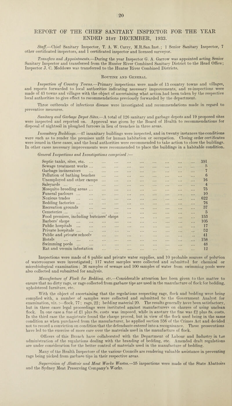 REPORT OF THE CHIEF SANITARY INSPECTOR FOR THE YEAR ENDED 31st DECEMBER, 1933. Staff.—Chief Sanitary Inspector, T. A. W. Curry, M.R.San.Inst.; 1 Senior Sanitary Inspector, 7 other certificated inspectors, and 1 certificated inspector and licensed surveyor. Transfers and Appointments.—During the year Inspector G. A. Garrow was appointed acting Senior Sanitary Inspector and transferred from the Hunter River Combined Sanitary District to the Head Office; Inspector J. C. Meddows was transferred to the Hunter River Combined Districts. Routine and General. Inspection of Country Towns.—Primary inspections were made of 13 country towns and villages, and reports forwarded to local authorities indicating necessary improvements, and re-inspections were made of 43 towns and villages with the object of ascertaining what action had been taken by the respective local authorities to give effect to recommendations previously forwarded by the department. Three outbreaks of infectious disease were investigated and recommendations made in regard to preventive measures. Sanitary and Garbage Depot Sites.—A total of 126 sanitary and garbage depots and 19 proposed sites were inspected and reported on. Approval was given by the Board of Health to recommendations for disposal of nightsoil in ploughed furrows in lieu of trenches in three areas. Insanitary Buildings.—47 insanitary buildings were inspected, and in twenty instances the conditions were such as to render the premises unfit for human habitation or occupation. Closing order certificates were issued in these cases, and the local authorities were recommended to take action to close the buildings. In other cases necessary improvements were recommended to place the buildings in a habitable condition. General Inspections and Investigations comprised :— Septic tanks, sites, etc. ... Sewage treatment works. Garbage incinerators . Pollution of bathing beaches . Unemployed and other camps ... Saleyards ... Mosquito breeding areas ... Funeral parlours ... Noxious trades Bedding factories ... Recreation grounds Cemeteries ... Food premises, including butchers’ shops Barbers’ shops . . Public hospitals Private hospitals ... Public and private schools . Hotels . . Swimming pools . Rat and vermin infestation ... . 391 6 7 6 16 4 75 10 622 76 37 5 153 105 17 52 41 158 48 12 Inspections were made of 6 public and private water supplies, and 10 probable sources of poluGon of watercourses were investigated; 117 water samples were collected and submitted for chemical or microbiological examination : 36 samples of sewage and 100 samples of water from swimming pools were also collected and submitted for analysis. Manufacture of Flock for Bedding, etc.—Considerable attention has been given to this matter to ensure that no dirty rags, or rags collected from garbage tips are used in the manufacture of flock for bedding, upholstered furniture, etc. With the object of ascertaining that the regulations respecting rags, flock and bedding were being complied with, a number of samples were collected and submitted to the Government Analyst for examination, viz. —flock, 77 ; rags, 22 ; bedding material 20. The results generally have been satisfactory, but in three cases legal proceedings were instituted against manufacturers on charges of using unclean flock. In one case a fine of £1 plus 8s. costs was imposed, while in anotner the fine was £2 plus 8s. costs. In the third case the magistrate found the charge proved, but in view' of the flock used being in the same condition as when purchased from the manufacturer, he applied section 556 of the Crimes Act and decided not to record a conviction on condition that the defendants entered into a recognisance. These prosecutions have led to the exercise of more care over the materials used in the manufacture of flock. Officers of this Branch have collaborated writh the Department of Labour and Industry in tne administration of the regulations dealing with the branding of bedding, etc. Amended draft regulations are under consideration for the better control of materials used in the manufacture of bedding. Many of the Health Inspectors of the various Councils are rendering valuable assistance in preventing rags being nicked from garbage tips in their respective areas. Supervision of Abattoir and Meat Works Wastes.—35 inspections were made of the State Abattoirs and the Sydney Meat Preserving Company’s Works,