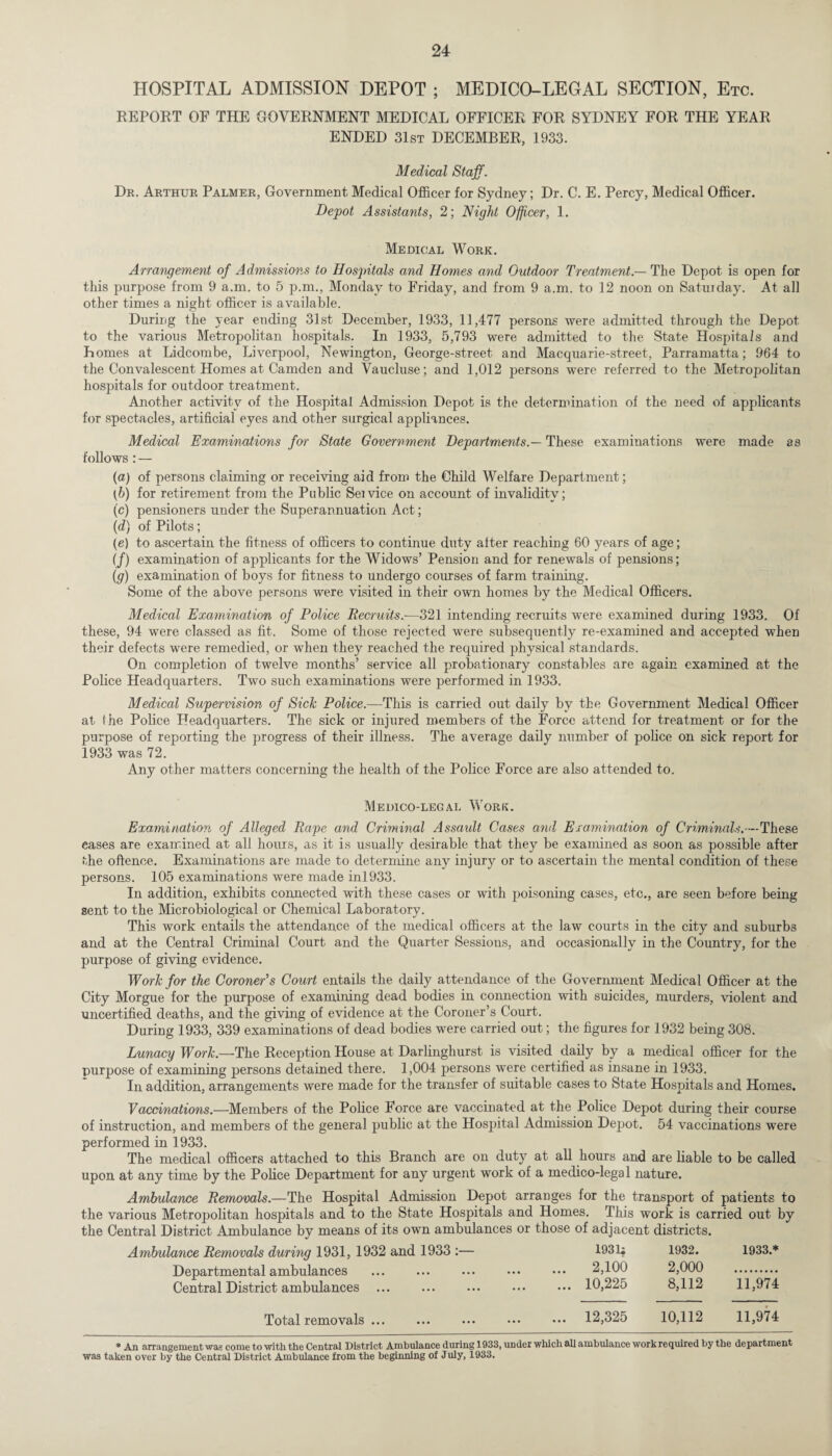 HOSPITAL ADMISSION DEPOT ; MEDICO-LEGAL SECTION, Etc. REPOET OF THE GOVERNMENT MEDICAL OFFICER FOR SYDNEY FOR THE YEAR ENDED 31st DECEMBER, 1933. Medical Staff. Dr. Arthur Palmer, Government Medical Officer for Sydney; Dr. C. E. Percy, Medical Officer. Depot Assistants, 2; Night Officer, 1. Medical Work. Arrangement of Admissions to Hospitals and Homes and Outdoor Treatment — The Depot is open for this purpose from 9 a.m. to 5 p.m., Monday to Friday, and from 9 a.m. to 12 noon on Saturday. At all other times a night officer is available. During the year ending 31st December, 1933, 11,477 persons were admitted through the Depot to the various Metropolitan hospitals. In 1933, 5,793 were admitted to the State Hospitals and Homes at Lidcombe, Liverpool, Newington, George-street. and Macquarie-street, Parramatta; 964 to the Convalescent Homes at Camden and Vaucluse; and 1,012 persons were referred to the Metropolitan hospitals for outdoor treatment. Another activity of the Hospital Admission Depot is the determination of the need of applicants for spectacles, artificial eyes and other surgical appliances. Medical Examinations for State Government Departments.— These examinations were made as follows : — (a) of persons claiming or receiving aid from the Child Welfare Department; [h) for retirement from the Public Seivice on account of invalidity; (c) pensioners under the Superannuation Act; (d) of Pilots; (e) to ascertain the fitness of officers to continue duty after reaching 60 years of age; (/) examination of applicants for the Widows’ Pension and for renewals of pensions; (g) examination of boys for fitness to undergo courses of farm training. Some of the above persons were visited in their own homes by the Medical Officers. Medical Examination of Police Recruits.—321 intending recruits were examined during 1933. Of these, 94 were classed as fit. Some of those rejected were subsequently re-examined and accepted when their defects were remedied, or when they reached the required physical standards. On completion of twelve months’ service all probationary constables are again examined at the Police Headquarters. Two such examinations were performed in 1933. Medical Supervision of Sick Police.—This is carried out daily by the Government Medical Officer at the Police Headquarters. The sick or injured members of the Force attend for treatment or for the purpose of reporting the progress of their illness. The average daily number of police on sick report for 1933 was 72. Any other matters concerning the health of the Police Force are also attended to. Medico-legal Work. Examination of Alleged Rape and Criminal Assault Cases and Examination of Criminals.-—These eases are examined at all hours, as it is usually desirable that they be examined as soon as possible after the offence. Examinations are made to determine any injury or to ascertain the mental condition of these persons. 105 examinations were made inl933. In addition, exhibits connected with these cases or with poisoning cases, etc., are seen before being sent to the Microbiological or Chemical Laboratory. This work entails the attendance of the medical officers at the law courts in the city and suburbs and at the Central Criminal Court and the Quarter Sessions, and occasionally in the Country, for the purpose of giving evidence. Work for the Coroner's Court entails the daily attendance of the Government Medical Officer at the City Morgue for the purpose of examining dead bodies in connection with suicides, murders, violent and uncertified deaths, and the giving of evidence at the Coroner’s Court. During 1933, 339 examinations of dead bodies were carried out; the figures for 1932 being 308. Lunacy Work.—The Reception House at Darlinghurst is visited daily by a medical officer for the purpose of examining persons detained there. 1,004 persons were certified as insane in 1933. In addition, arrangements were made for the transfer of suitable cases to State Hospitals and Homes. Vaccinations.—Members of the Police Force are vaccinated at the Police Depot during their course of instruction, and members of the general public at the Hospital Admission Depot. 54 vaccinations were performed in 1933. The medical officers attached to this Branch are on duty at all hours and are liable to be called upon at any time by the Police Department for any urgent work of a medico-legal nature. Ambulance Removals.—The Hospital Admission Depot arranges for the transport of patients to the various Metropolitan hospitals and to the State Hospitals and Homes. This work is carried out by the Central District Ambulance by means of its own ambulances or those of adjacent districts. Ambulance Removals during 1931, 1932 and 1933 :— Departmental ambulances Central District ambulances Total removals ... 1931; 1932. 1933.* ... 2,100 2,000 ... 10,225 8,112 11,974 ... 12,325 10,112 11,974 * An arrangement waa come to with the Central District Ambulance during 1933, under which all ambulance work required by the department was taken over by the Central District Ambulance from the beginning of July, 1933.