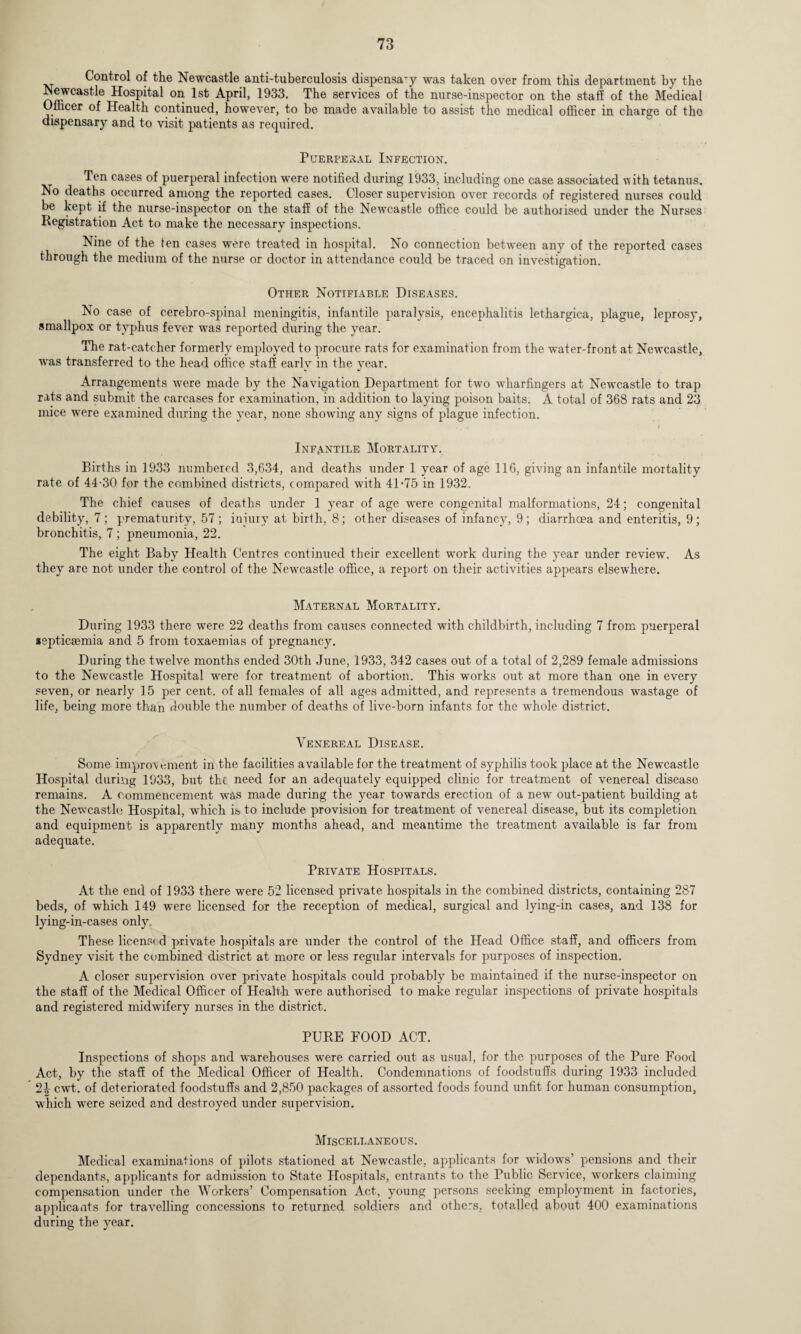 Control of the Newcastle anti-tuberculosis dispensary was taken over from this department by the Newcastle Hospital on 1st April, 1933. The services of the nurse-inspector on the staff of the Medical Officer of Health continued, however, to be made available to assist the medical officer in charge of the dispensary and to visit patients as required. Puerperal Infection. Ten cases of puerperal infection were notified during 1933, including one case associated with tetanus. No deaths occurred among the reported cases. Closer supervision over records of registered nurses could be kept if the nurse-inspector on the staff of the Newcastle office could be authorised under the Nurses Registration Act to make the necessary inspections. Nine of the ten cases were treated in hospital. No connection between any of the reported cases through the medium of the nurse or doctor in attendance could be traced on investigation. Other Notifiable Diseases. No case of cerebro-spinal meningitis, infantile paralysis, encephalitis lethargica, plague, leprosy, smallpox or typhus fever was reported during the year. The rat-catcher formerly employed to procure rats for examination from the water-front at Newcastle, ■was transferred to the head office staff early in the year. Arrangements were made by the Navigation Department for two wharfingers at Newcastle to trap rats and submit the carcases for examination, in addition to laying poison baits. A total of 368 rats and 23 mice were examined during the year, none showing any signs of plague infection. • ' . -i 1 Infantile Mortality. Births in 1933 numbered 3,634, and deaths under 1 year of age 116, giving an infantile mortality rate of 44-30 for the combined districts, compared with 41-75 in 1932. The chief causes of deaths under 1 year of age were congenital malformations, 24; congenital debility, 7; prematurity, 57; injury at birth, 8; other diseases of infancy, 9; diarrhoea and enteritis, 9; bronchitis, 7 ; pneumonia, 22. The eight Baby Health Centres continued their excellent work during the year under review. As they are not under the control of the Newcastle office, a report on their activities appears elsewhere. Maternal Mortality. During 1933 there were 22 deaths from causes connected with childbirth, including 7 from puerperal septicaemia and 5 from toxaemias of pregnancy. During the twelve months ended 30th June, 1933, 342 cases out of a total of 2,289 female admissions to the Newcastle Hospital were for treatment of abortion. This works out at more than one in every seven, or nearly 15 per cent, of all females of all ages admitted, and represents a tremendous wastage of life, being more than double the number of deaths of live-born infants for the whole district. Venereal Disease. Some improvement in the facilities available for the treatment of syphilis took place at the Newcastle Hospital during 1933, but the need for an adequately equipped clinic for treatment of venereal disease remains. A commencement was made during the year towards erection of a new out-patient building at the Newcastle Hospital, which is to include provision for treatment of venereal disease, but its completion and equipment is apparently many months ahead, and meantime the treatment available is far from adequate. Private Hospitals. At the end of 1933 there were 52 licensed private hospitals in the combined districts, containing 287 beds, of which 149 were licensed for the reception of medical, surgical and lying-in cases, and 138 for lying-in-cases only. These licensed private hospitals are under the control of the Head Office staff, and officers from Sydney visit the combined district at more or less regular intervals for purposes of inspection. A closer supervision over private hospitals could probably be maintained if the nurse-inspector on the staff of the Medical Officer of Health were authorised to make regular inspections of private hospitals and registered midwifery nurses in the district. PURE FOOD ACT. Inspections of shops and warehouses were carried out as usual, for the purposes of the Pure Food Act, by the staff of the Medical Officer of Health. Condemnations of foodstuffs during 1933 included 2§ cwt. of deteriorated foodstuffs and 2,850 packages of assorted foods found unfit for human consumption, which were seized and destroyed under supervision. Miscellaneous. Medical examinations of pilots stationed at Newcastle, applicants for widows’ pensions and their dependants, applicants for admission to State Hospitals, entrants to the Public Service, workers claiming compensation under the Workers’ Compensation Act, young persons seeking employment in factories, applicants for travelling concessions to returned soldiers and others, totalled about 400 examinations during the year.