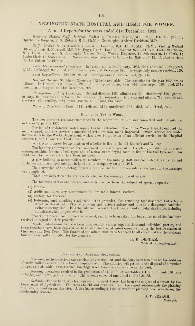 9.—NEWINGTON STATE HOSPITAL AND HOME EOR WOMEN. Annual Report for tlie years ended 31st December, 1933. Honorary Medical Staff.—Surgeon, Walter A. Ramsay Sharpe, M.B., M.S., F.R.C.S. (Edin.); Ophthalmic Surgeon, F. G. Roberts, M.B., Ch.M.,; Neurologist, Andrew Davidson, M.D. Staff.-—Medical Superintendent, Howard K. Denham, B.A., I.L.B., M.B., Ch.M.; Visiting Medical Officer, Francis H. Furnivall, M.R.C.S. (Eng.), L.S.A. (Bond.) ; Resident Medical Officer, Lottie Sharfstein, M.B., Ch.M.; Manager, S. T. Creagh; Matron, Emily Wood; Dispenser, 1; Sub-matron, 1; Clerk, 1; Junior Clerk, 1; Storekeeper, 1; Nurses, 42; other Female Staff, 6; other Male Staff, 12. A Dentist visits the Institution fortnightly. Total Admissions and Discharges.-—In Institution on 1st January, 1933, 055; admitted during year, 1,105 ; discharged, 993 ; died, 237 ; remaining on 31st December, 590. Average daily number resident, 039. Total Expenditure.—£25,272 12s. 8d. Average annual cost per bed, £39 11s. Hospital Division Statistics.-—There are 392 beds available. The statistics for the year 1933 are as follows:—In Hospital, 1st January, 1933, 301 ; admitted during year, 814; discharged, 030; died, 237; remaining in hospital on 31st December, 308. Classification of Cases Discharged.-—General diseases, 135; alimentary, 21; circulatory, 190; genito¬ urinary, 48; osseous and arthritic, 15; nervous, 82; respiratory, 70; skin and glands, 71; wounds and fractures, 46; senility, 148; miscellaneous, 35. Total, 867 cases. Result of Treatment.—Cured, 174; relieved, 319; unrelieved, 137; died, 237. Total, 867. Review of Year's Work. The new entrance roadway mentioned in the report for 1931-32 was completed and put into use in the early part of 1933. Portion of the domestic water supply has had attention. The Public Works Department had the main cleaned, and the services connected thereto are now much improved. Other services are under investigation by the Works Department, with a view to provision of an efficient service to the Hospital sections G and H and the Yard division. Work is in progress for installation of a boiler in lieu of the old Babcock and Willcox. The laundry equipment has been improved by re-arrangement of the plant, substitution of a new washing machine for one of old type, and of a new steam drying room in lieu of the fuel type one. An additional hydro extractor has been installed. A new building to accommodate 23 members of the nursing staff was completed towards the end of the year, and arrangements put in hand for its occupancy early in 1934. The conversion of the cottage formerly occupied by the foreman into a residence for the manager was completed. Three new inspection pits were constructed on the sewerage line of service. The following works are needed, and each one has been the subject of special request :— (1) Morgue. (2) Additional dormitory accommodation for male inmate workers. (3) Cottage for Overseer. (4) Reforming and remaking roads within the grounds; also remaking roadway from Sutherland- street to Day-street. This latter is an Institution roadway and it is in a dangerous condition owing to corrugation. It is the only road access to the Hospital, and all vehicular traffic, including ambulances, has to pass over it. Properly protected coal bunkers are a need, and have been asked for, but so far no advice has been received in regard to their provision. Regular entertainments have been provided by various organisations and individual parties, and these functions have been enjoyed, as have also the special entertainments during the festive season of Christmas and New Year. The thanks of the administration is tendered to all concerned for the pleasant functions and gifts provided for the inmates. H. K. DENHAM, Medical Superintendent. Farming and Dairying Operations. The work in these sections was satisfactorily carried out, and the dairy herd benefited by the addition of twelve milking cows from the Coast Hospital herd. This addition will permit of the disposal of a number of aged animals which have reached the stage when they are unprofitable in the herd. Farming operations resulted in the production of 01,100 lb. of vegetables, 1,418 lb. of fruit, 104 tons of fodder, and 39,200 gallons of milk. The revenue collected amounted to £446 3s. 8d. Orchard.—The orchard, which comprises an area of 1 acre, has been the subject of a report by the Department of Agriculture. The trees are old and exhausted, and the report recommends the planting of a now orchard on another site. A site has accordingly been selected for planting new trees during the forthcoming season, S, T. CREAGH, Manager*