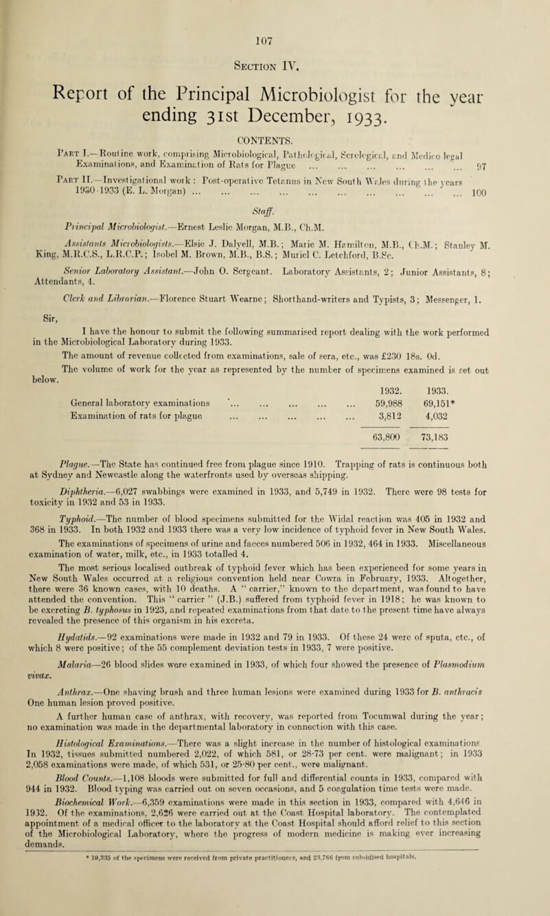 Section IV. Report of the Principal Microbiologist for the year- ending 31st December, 1933. CONTENTS. Part I.—Rouline work, comprising Microbiological, Pathological, Serological, and Medico legal Examinations, and Examination of Rats lor Plague . Part II.—Investigational work : Post-operative Tetanus in New South Wales dining the years 1930 -1933 (E. L. Morgan). . 97 100 Staff. Principal Microbiologist.-—Ernest Leslie Morgan, M.B., Clr.M. Assistants Microbiologists.—Elsie J. Dalyell, M.B.; Marie M. Hamilton, M.B., Cfc.M.; Stanley M. King, M.R.C.S., L.R.C.P.; Isobel M. Brown, M.B., B.S.; Muriel C. Letchford, B.Sc. Senior Laboratory Assistant.—John 0. Sergeant. Laboratory Assistants, 2; Junior Assistants, 8; Attendants, 4. Clerk and Librarian.—Florence Stuart Wearne; Shorthand-writers and Typists, 3; Messenger, 1. Sir, I have the honour to submit the following summarised report dealing with the work performed in the Microbiological Laboratory during 1933. The amount of revenue collected from examinations, sale of sera, etc., was £230 18s. Od. The volume of work for the year as represented by the number of specimens examined is set out below. 1932. 1933. General laboratory examinations ... ... . 59,988 69,151* Examination of rats for plague ... ... ... . 3,812 4,032 63,800 73,183 Plague.—The State has continued free from plague since 1910. Trapping of rats is continuous both at Sydney and Newcastle along the waterfronts used by overseas shipping. Diphtheria.—6,027 swabbings wTcre examined in 1933, and 5,749 in 1932. There were 98 tests for toxicity in 1932 and 53 in 1933. Typhoid.—The number of blood specimens submitted for the Widal reaction was 405 in 1932 and 368 in 1933. In both 1932 and 1933 there was a very low incidence of typhoid fever in New South Wales. The examinations of specimens of urine and faeces numbered 506 in 1932, 464 in 1933. Miscellaneous examination of water, milk, etc., in 1933 totalled 4. The most serious localised outbreak of typhoid fever which has been experienced for some years in New South Wales occurred at a religious convention held near G’owra in February, 1933. Altogether, there were 36 known cases, with 10 deaths. A “carrier,” known to the department, was found to have attended the convention. This “ carrier ” (J.B.) suffered from typhoid fever in 1918; he was known to be excreting B. typhosus in 1923, and repeated examinations from that date to the present time have always revealed the presence of this organism in his excreta. Hydatids.—92 examinations were made in 1932 and 79 in 1933. Of these 24 were of sputa, etc., of which 8 were positive; of the 55 complement deviation tests in 1933, 7 were positive. Malaria—26 blood slides were examined in 1933, of which four showed the presence of Plasmodium vivdx. Anthrax— One shaving brush and three human lesions were examined during 1933 for B. anthracis One human lesion proved positive. A further human case of anthrax, with recovery, was reported from Tocumwal during the year; no examination was made in the departmental laboratory in connection with this case. Histological Examinations.—There was a slight increase in the number of histological examinations In 1932, tissues submitted numbered 2,022, of which 581, or 28*73 per cent, were malignant; in 1933 2,058 examinations were made, of which 531, or 25*80 per cent., were malignant. Blood Counts.—1,108 bloods were submitted for full and differential counts in 1933, compared with 944 in 1932. Blood typing was carried out on seven occasions, and 5 coagulation time tests were made. Biochemical Work.—6,359 examinations were made in this section in 1933, compared wdtk 4,646 in 1932. Of the examinations. 2,626 were earried out at the Coast Hospital laboratory. The contemplated appointment of a medical officer to the laboratory at the Coast Hospital should afford relief to this section of the Microbiological Laboratory, where the progress of modern medicine is making ever increasing demands. * 10,335 of the specimens were received from private practitioners, and 23,766 ffom subsidised hospitals.
