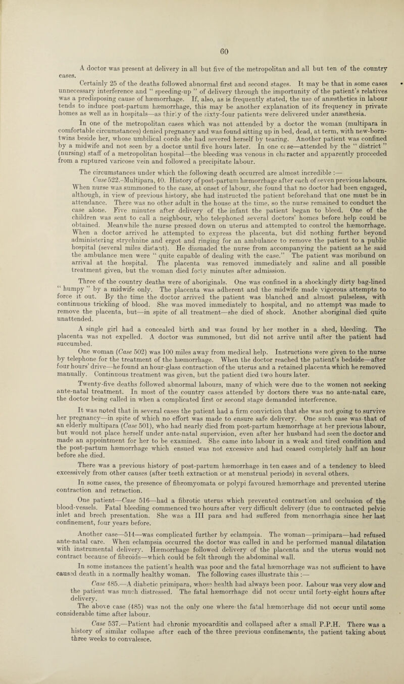 A doctor was present at delivery in all but five of the metropolitan and all but ten of the country cases. Certainly 25 of the deaths followed abnormal first and second stages. It may be that in some cases unnecessary interference and “ speeding-up ” of delivery through the importunity of the patient’s relatives was a predisposing cause of haemorrhage. If, also, as is frequently stated, the use of anaesthetics in labour tends to induce post-partum haemorrhage, this may be another explanation of its frequency in private homes as well as in hospitals—as thirty of the sixty-four patients were delivered under anaesthesia. In one of the metropolitan cases which was not attended by a doctor the woman (multipara in comfortable circumstances) denied pregnancy and was found sitting up in bed, dead, at term, with new-born- twins beside her, whose umbilical cords she had severed herself by tearing. Another patient was confined by a midwife and not seen bj^ a doctor until five hours later. In one case—attended by the “ district ” (nursing) staff of a metropolitan hospital—the bleeding was venous in character and apparently proceeded from a ruptured varicose vein and followed a precipitate labour. The circumstances under which the following death occurred are almost incredible :— Case 522,-Multipara, 40. History of post-partum haemorrhage after each of seven previous labours. When nurse was summoned to the case, at onset of labour, she found that no doctor had been engaged, although, in view of previous history, she had instructed the patient beforehand that one must be in attendance. There was no other adult in the house at the time, so the nurse remained to conduct the case alone. Five minutes after delivery of the infant the patient began to bleed. One of the children was sent to call a neighbour, who telephoned several doctors’ homes before help could be obtained. Meanwhile the nurse pressed down on uterus and attempted to control the haemorrhage. When a doctor arrived he attempted to express the placenta, but did nothing further beyond administering strychnine and ergot and ringing for an ambulance to remove the patient to a public hospital (several miles distant). He dissuaded the nurse from accompanying the patient as he said the ambulance men were “ quite capable of dealing with the case.” The patient was moribund on arrival at the hospital. The placenta was removed immediately and saline and all possible treatment given, but the woman died forty minutes after admission. Three of the country deaths were of aboriginals. One was confined in a shockingly dirty bag-lined  humpy ” by a midwife only. The placenta was adherent and the midwife made vigorous attempts to force it out. By the time the doctor arrived the patient was blanched and almost pulseless, with continuous trickling of blood. She was moved immediately to hospital, and no attempt was made to remove the placenta, but—in spite of all treatment—she died of shock. Another aboriginal died quite unattended. A single girl had a concealed birth and was found by her mother in a shed, bleeding. The placenta was not expelled. A doctor was summoned, but did not arrive until after the patient had succumbed. One woman (Case 502) was 100 miles away from medical help. Instructions were given to the nurse by telephone for the treatment of the haemorrhage. When the doctor reached the patient’s bedside—after four hours’ drive—he found an hour-glass contraction of the uterus and a retained placenta which he removed manually. Continuous treatment was given, but the patient died two hours later. Twenty-five deaths followed abnormal labours, many of which were due to the women not seeking ante-natal treatment. In most of the country cases attended by doctors there was no ante-natal care, the doctor being called in when a complicated first or second stage demanded interference. It was noted that in several cases the patient had a firm conviction that she was not going to survive her pregnancy—in spite of which no effort was made to ensure safe delivery. One such case was that of an elderly multipara (Case 501), who had nearly died from post-partum haemorrhage at her previous labour, but would not place herself under ante-natal supervision, even after her husband had seen the doctor and made an appointment for her to be examined. She came into labour in a weak and tired condition and the post-partum haemorrhage which ensued was not excessive and had ceased completely half an hour before she died. There was a previous history of post-partum haemorrhage in ten cases and of a tendency to bleed excessively from other causes (after teeth extraction or at menstrual periods) in several others. In some cases, the presence of fibromyomata or polypi favoured haemorrhage and prevented uterine contraction and retraction. One patient—Case 516—had a fibrotic uterus which prevented contraction and occlusion of the blood-vessels. Fatal bleeding commenced two hours after very difficult delivery (due to contracted pelvic inlet and brech presentation. She was a III para and had suffered from menorrhagia since her last confinement, four years before. Another case—514—was complicated further by eclampsia. The woman—primipara—had refused ante-natal care. When eclampsia occurred the doctor was called in and he performed manual dilatation with instrumental delivery. Haemorrhage followed delivery of the placenta and the uterus would not contract because of fibroids—which could be felt through the abdominal wall. In some instances the patient’s health was poor and the fatal haemorrhage was not sufficient to have caused death in a normally healthy woman. The following cases illustrate this :— Case 485.—A diabetic primipara, whose health had always been poor. Labour was very slow and the patient was much distressed. The fatal haemorrhage did not occur until forty-eight hours after delivery. The above case (485) was not the only one where-the fatal haemorrhage did not occur until some considerable time after labour. Case 537.—Patient had chronic myocarditis and collapsed after a small P.P.H. There was a history of similar collapse after each of the three previous confinements, the patient taking about three weeks to convalesce.