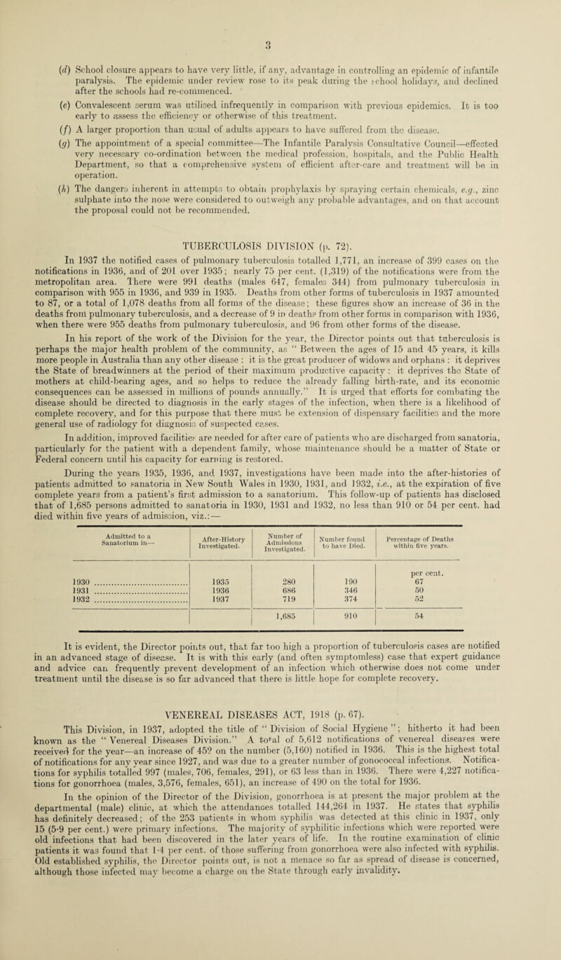 (d) School closure appears to have very little, if any, advantage in controlling an epidemic of infantile paralysis. The epidemic under review rose to its peak during the school holidays, and declined after the schools had re-commenced. (e) Convalescent serum was utilised infrequently in comparison with previous epidemics. It is too early to assess the efficiency or otherwise of this treatment. (/) A larger proportion than usual of adults appears to have suffered from the disease. (g) Tire appointment of a special committee—The Infantile Paralysis Consultative Council—effected very necessary co-ordination between the medical profession, hospitals, and the Public Health Department, so that a c omprehensive system of efficient after-care and treatment will be in operation. (h) The dangers inherent in attempts to obtain prophylaxis by spraying certain chemicals, e.g., zinc sulphate into the nose were considered to outweigh any probable advantages, and on that account the proposal could not be recommended. TUBERCULOSIS DIVISION (p. 72). In 1937 the notified cases of pulmonary tuberculosis totalled 1,771, an increase of 399 cases on the notifications in 1936, and of 201 over 1935; nearly 75 per cent. (1,319) of the notifications were from the metropolitan area. There were 991 deaths (males 647, females 344) from pulmonary tuberculosis in comparison with 955 in 1936, and 939 in 1935. Deaths from other forms of tuberculosis in 1937 amounted to 87, or a total of 1,078 deaths from all forms of the disease; these figures show an increase of 36 in the deaths from pulmonary tuberculosis, and a decrease of 9 in deaths from other forms in comparison with 1936, when there were 955 deaths from pulmonary tuberculosis, and 96 from other forms of the disease. In his report of the work of the Division for the year, the Director points out that tuberculosis is perhaps the major health problem of the community, as “ Between the ages of 15 and 45 years, it kills more people in Australia than any other disease : it is the great producer of widows and orphans : it deprives the State of breadwinners at the period of their maximum productive capacity : it deprives the State of mothers at child-bearing ages, and so helps to reduce the already falling birth-rate, and its economic consequences can be assessed in millions of pounds annually.” It is Urged that efforts for combating the disease should be directed to diagnosis in the early stages of the infection, when there is a likelihood of complete recovery, and for this purpose that there must be extension of dispensary facilities and the more general use of radiology foi diagnosis of suspected cases. In addition, improved facilities are needed for after care of patients who are discharged from sanatoria, particularly for the patient with a dependent family, whose maintenance should be a matter of State or Federal concern until his capacity for earning is restored. During the years 1935, 1936, and 1937, investigations have been made into the after-histories of patients admitted, to sanatoria in New South Wales in 1930, 1931, and J932, i.e., at the expiration of five complete years from a patient’s first admission to a sanatorium. This follow-up of patients has disclosed that of 1,685 persons admitted to sanatoria in 1930, 1931 and 1932, no less than 910 or 54 per cent, had within five years of admission, viz.: — Admitted to a Sanatorium in— After-History Investigated. Number of Admissions Investigated. Number found to have Died. Percentage of Deaths within five years. 1930 . 1935 280 190 per cent. 67 1931 . 1936 686 346 50 1932 . 1937 719 374 52 1,685 910 54 It is evident, the Director points out, that far too high a proportion of tuberculosis cases are notified in an advanced stage of disease. It is with this early (and often symptomless) case that expert guidance and advice can frequently prevent development of an infection which otherwise does not come under treatment until the disease is so far advanced that there is little hope for complete recovery. VENEREAL DISEASES ACT, 1918 (p. 67). This Division, in 1937, adopted the title of “Division of Social Hygiene”; hitherto it had been known as the “ Venereal Diseases Division.” A to+al of 5,612 notifications of venereal diseases were received for the year—an increase of 452 on the number (5,160) notified in 1936. This is the highest total of notifications for any year since 1927, and was due to a greater number ot gonococcal infections. Notifica¬ tions for syphilis totalled 997 (males, 706, females, 291), or 63 less than in 1936. 1 here were 4,227 notifica¬ tions for gonorrhoea (males, 3,576, females, 651), an increase of 490 on the total for 1936. In the opinion of the Director of the Division, gonorrhoea is at present the major problem at the departmental (male) clinic, at which the attendances totalled 144,264 in 1937. He states that syphilis has definitely decreased; of the 253 patients in whom syphilis was detected at this clinic in 1937, only 15 (5-9 per cent.) were primary infections. The majority of syphilitic infections which were reported were old infections that had been discovered in the later years of life. In the routine examination of clinic patients it was found that D4 per cent, of those suffering from gonorrhoea were also infected with syphilis. Old established syphilis, the Director points out, is not a menace so far as spread of disease is concerned, although those infected may become a charge on the State through early invalidity.