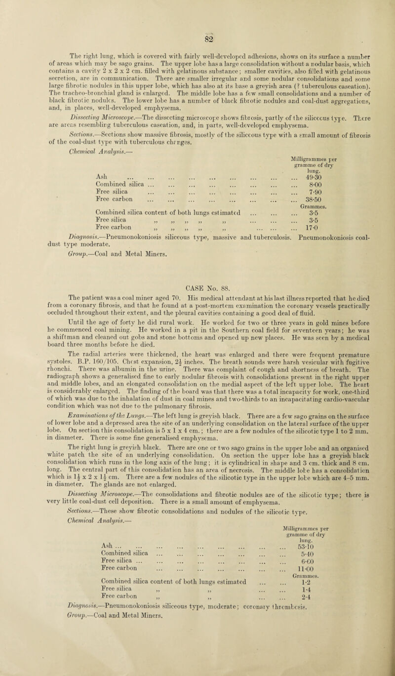 The right lung, which is covered with fairly well-developed adhesions, shows on its surface a number of areas which may be sago grains. The upper lobe has a large consolidation without a nodular basis, which contains a cavity 2x2x2 cm. filled with gelatinous substance; smaller cavities, also filled with gelatinous secretion, are in communication. There are smaller irregular and some nodular consolidations and some large fibrotic nodules in this upper lobe, which has also at its base a greyish area (? tuberculous caseation). The tracheo-bronchial gland is enlarged. The middle lobe has a few small consolidations and a number of black fibrotic nodules. The lower lobe has a number of black fibrotic nodules and coal-dust aggregations, and, in places, well-developed emphysema. Dissecting Microscope.—The dissecting microscope shows fibrosis, partly of the siliceous type. There are areas resembling tuberculous caseation, and, in parts, well-developed emphysema. Sections.—Sections showT massive fibrosis, mostly of the siliceous type with a small amount of fibrosis of the coal-dust type with tuberculous charges. Chemical Analysis.— Ash Combined silica Free silica Free carbon Milligrammes per gramme of drjr lung. ... 49-30 8-00 7-90 ... 38-50 Grammes. Combined silica content of both lungs estimated ... ... ... 3-5 Free silica „ „ „ „ „ . 3-5 Free carbon „ „ „ „ „ . 17-0 Diagnosis.—Pneumonokoniosis siliceous type, massive and tuberculosis. Pneumonokoniosis coal- dust type moderate. Group.—Coal and Metal Miners. CASE No. 88. The patient was a coal miner aged 70. His medical attendant at his last illness reported that he died from a coronary fibrosis, and that he found at a post-mortem examination the coronary vessels practically occluded throughout their extent, and the pleural cavities containing a good deal of fluid. Until the age of forty he did rural work. He worked for two or three years in gold mines before he commenced coal mining. He worked in a pit in the Southern coal field for seventeen years; he was a shiftman and cleaned out gobs and stone bottoms and opened up new places. He was seen by a medical board three months before he died. The radial arteries were thickened, the heart was enlarged and there were frequent premature systoles. B.P. 160/105. Chest expansion, 2£ inches. The breath sounds were harsh vesicular with fugitive rhonchi. There was albumin in the urine. There was complaint of cough and shortness of breath. The radiograph shows a generalised fine to early nodular fibrosis with consolidations present in the right upper and middle lobes, and an elongated consolidation on the medial aspect of the left upper lobe. The heart is considerably enlarged. The finding of the board was that there was a total incapacity for work, one-third of which was due to the inhalation of dust in coal mines and two-thirds to an incapacitating cardio-vascular condition which was not due to the pulmonary fibrosis. Examinations of the Lungs.—The left lung is greyish black. There are a few sago grains on the surface of lower lobe and a depressed area the site of an underlying consolidation on the lateral surface of the upper lobe. On section this consolidation is 5 x 1 x 4 cm.; there are a few nodules of the silicotic type 1 to 2 mm. in diameter. There is some fine generalised emphysema. The right lung is greyish black. There are one or two sago grains in the upper lobe and an organised white patch the site of an underlying consolidation. On section the upper lobe has a greyish black consolidation which runs in the long axis of the lung; it is cylindrical in shape and 3 cm. thick and 8 cm. long. The central part of this consolidation has an area of necrosis. The middle lobe has a consolidation which is 1^ x 2 x 1J cm. There are a few nodules of the silicotic type in the upper lobe which are 4-5 mm. in diameter. The glands are not enlarged. Dissecting Microscope.—The consolidations and fibrotic nodules are of the silicotic type; there is very little coal-dust cell deposition. There is a small amount of emphysema. Sections— These show fibrotic consolidations and nodules of the silicotic type. Chemical Analysis.— Milligrammes per gramme of dry lung. Ash ... ... . 53-10 Combined silica ... ... ... ... ... ... ... 5.40 Free silica. 6-00 Free carbon . . . 11-00 Grammes. Combined silica content of both lungs estimated ... ... 1-2 Free silica ,, „ ... ... 4.4 Free carbon ,, ,, . 2-4 Diagnosis.—Pneumonokoniosis siliceous type, moderate; coronary thrombosis.