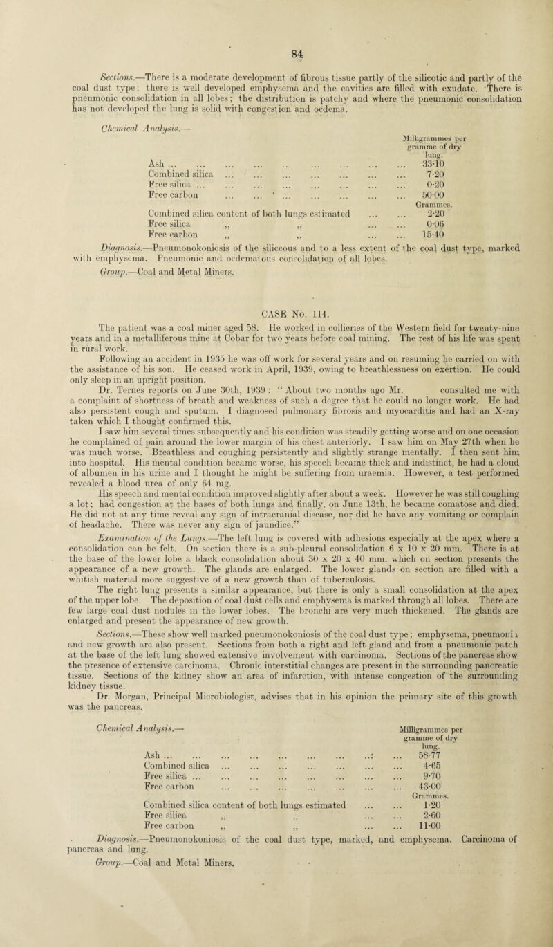 Sections.—There is a moderate development of fibrous tissue partly of the silicotic and partly of the coal dust type; there is well developed emphysema and the cavities are filled with exudate. There is pneumonic consolidation in all lobes; the distribution is patchy and where the pneumonic consolidation has not developed the lung is solid with congestion and oedema. Chemical Analysis.— Milligrammes per gramme of dry lung. Ash. 33-10 Combined silica ... ... ... ... ... ... ... 7-20 Free silica ... ... ... ... ... ... ... ... 0-20 Free carbon ... ... ' ... ... ... ... ... 50-00 Grammes. Combined silica content of both lungs estimated ... ... 2-20 Free silica ,, „ ...... 0-0G Free carbon ,, ,, ... ... 15-40 Diagnosis.—Pneumonokoniosis of the siliceous and to a less extent of the coal dust type, marked with emphysema. Pneumonic and ocdematous consolidation of all lobes. Group.—Coal and Metal Miners. CASE No. 114. The patient was a coal miner aged 58. He worked in collieries of the Western field for twenty-nine years and in a metalliferous mine at Cobar for two years before coal mining. The rest of his life was spent in rural work. Following an accident in 1935 he was off work for several years and on resuming he carried on with the assistance of his son. He ceased work in April, 1939, owing to breathlessness on exertion. He could only sleep in an upright position. Dr. Ternes reports on June 30th, 1939 : “ About two months ago Mr. consulted me with a complaint of shortness of breath and weakness of such a degree that he could no longer work. He had also persistent cough and sputum. I diagnosed pulmonary fibrosis and myocarditis and had an X-ray taken which I thought confirmed this. I saw him several times subsequently and his condition was steadily getting worse and on one occasion he complained of pain around the lower margin of his chest anteriorly. I saw him on May 27th when he was much worse. Breathless and coughing persistently and slightly strange mentally. I then sent him into hospital. His mental condition became worse, his speech became thick and indistinct, he had a cloud of albumen in his urine and I thought he might be suffering from uraemia. However, a test performed revealed a blood urea of only 64 mg. His speech and mental condition improved slightly after about a week. However he was still coughing a lot; had congestion at the bases of both lungs and finally, on June 13th, he became comatose and died. He did not at any time reveal any sign of intracranial disease, nor did he have any vomiting or complain of headache. There was never any sign of jaundice.” Examination of the Lungs.—-The left lung is covered with adhesions especially at the apex where a consolidation can be felt. On section there is a sub-pleural consolidation 6 x 10 x 20 mm. There is at the base of the lower lobe a black consolidation about 30 x 20 x 40 mm. which on section presents the appearance of a new growth. The glands are enlarged. The lower glands on section are filled with a whitish material more suggestive of a new growth than of tuberculosis. The right lung presents a similar appearance, but there is only a small consolidation at the apex of the upper lobe. The deposition of coal dust cells and emphysema is marked through all lobes. There are few large coal dust nodules in the lower lobes. The bronchi are very much thickened. The glands are enlarged and present the appearance of new growth. Sections.—These show well marked pneumonokoniosis of the coal dust type; emphysema, pneumoni i and new growth are also present. Sections from both a right and left gland and from a pneumonic patch at the base of the left lung showed extensive involvement with carcinoma. Sections of the pancreas show the presence of extensive carcinoma. Chronic interstitial changes are present in the surrounding pancreatic tissue. Sections of the kidney show an area of infarction, with intense congestion of the surrounding kidney tissue. Dr. Morgan, Principal Microbiologist, advises that in his opinion the primary site of this growth was the pancreas. Chemical Analysis.— Ash ... Milligrammes per gramme of dry lung. 58-77 Combined silica . 4-65 Free silica ... . ... 9-70 Free carbon . ... 43-00 Combined silica content of both lungs estimated Grammes. 1-20 Free silica ,, 5 > 2-60 Free carbon ,, 11-00 Diagnosis.—Pneumonokoniosis of the coal dust type, marked, and emphysema. Carcinoma of pancreas and lung.