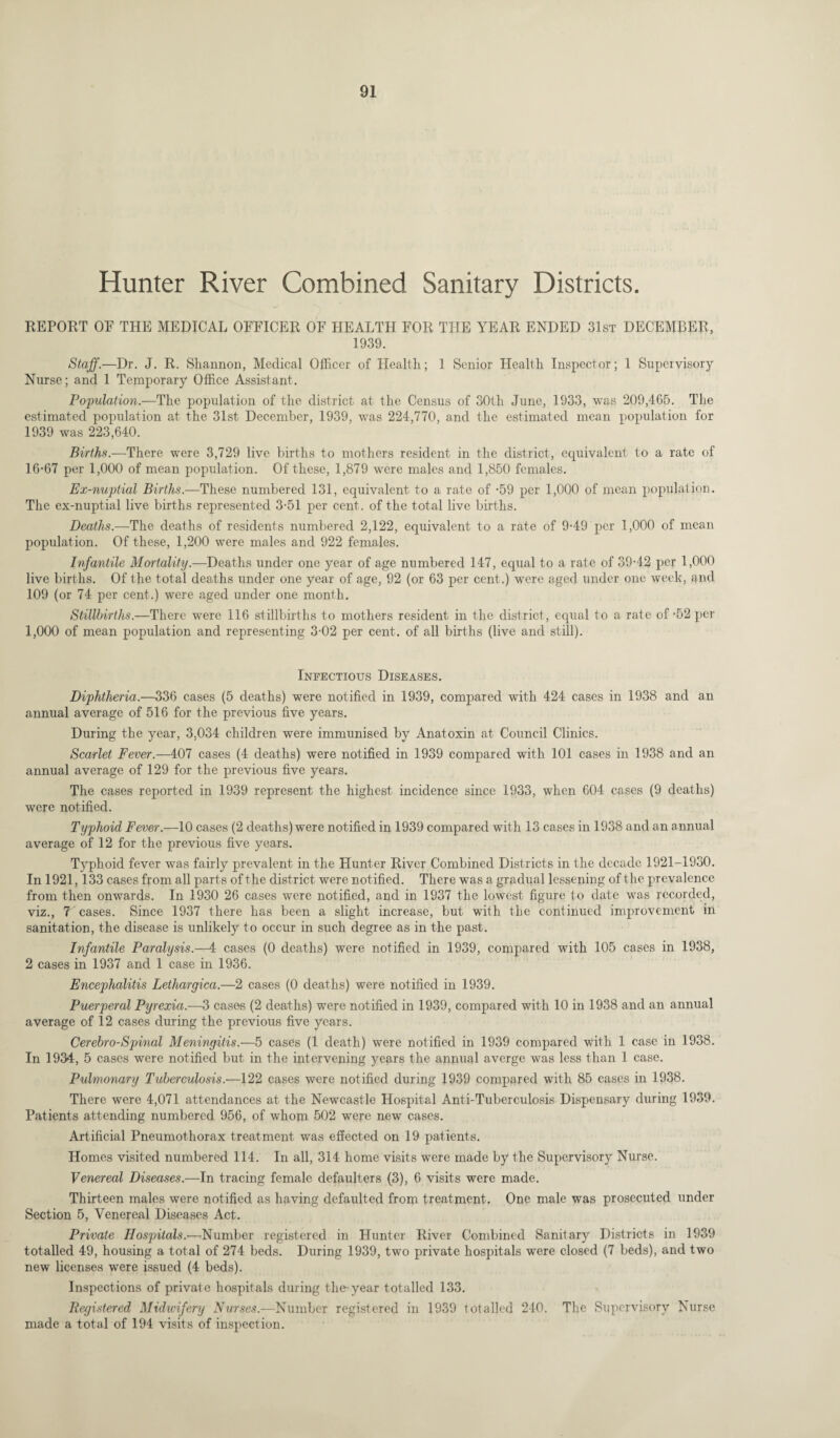 Hunter River Combined Sanitary Districts. REPORT OF THE MEDICAL OFFICER OF HEALTH FOR THE YEAR ENDED 31st DECEMBER, 1939. Staff.—Dr. J. R. Shannon, Medical Officer of Health; 1 Senior Health Inspector; 1 Supervisory Nurse; and 1 Temporary Office Assistant. Population.—The population of the district at the Census of 30th June, 1933, was 209,465. The estimated population at the 31st December, 1939, was 224,770, and the estimated mean population for 1939 was 223,640. Births.—There were 3,729 live births to mothers resident in the district, equivalent to a rate of 16-67 per 1,000 of mean population. Of these, 1,879 were males and 1,850 females. Ex-nuptial Births.—These numbered 131, equivalent to a rate of -59 per 1,000 of mean population. The ex-nuptial live births represented 3-51 per cent, of the total live births. Deaths.—The deaths of residents numbered 2,122, equivalent to a rate of 9-49 per 1,000 of mean population. Of these, 1,200 were males and 922 females. Infantile Mortality.—Deaths under one year of age numbered 147, equal to a rate of 39-42 per 1,000 live births. Of the total deaths under one year of age, 92 (or 63 per cent.) were aged under one week, and 109 (or 74 per cent.) were aged under one month. Stillbirths.—There were 116 stillbirths to mothers resident in the district, equal to a rate of-52 per 1,000 of mean population and representing 3-02 per cent, of all births (live and still). Infectious Diseases. Diphtheria.—336 cases (5 deaths) were notified in 1939, compared with 424 cases in 1938 and an annual average of 516 for the previous five years. During the year, 3.034 children were immunised by Anatoxin at Council Clinics. Scarlet Fever.—407 cases (4 deaths) were notified in 1939 compared with 101 cases in 1938 and an annual average of 129 for the previous five years. The cases reported in 1939 represent the highest incidence since 1933, when 604 cases (9 deaths) were notified. Typhoid Fever.—10 cases (2 deaths) were notified in 1939 compared with 13 cases in 1938 and an annual average of 12 for the previous five years. Typhoid fever was fairly prevalent in the Hunter River Combined Districts in the decade 1921-1930. In 1921,133 cases from all parts of the district were notified. There was a gradual lessening of the prevalence from then onwards. In 1930 26 cases were notified, and in 1937 the lowest figure to date was recorded, viz., 7 cases. Since 1937 there has been a slight increase, but with the continued improvement in sanitation, the disease is unlikely to occur in such degree as in the past. Infantile Paralysis.—4 cases (0 deaths) were notified in 1939, compared with 105 cases in 1938, 2 cases in 1937 and 1 case in 1936. Encephalitis Lethargica.—2 cases (0 deaths) were notified in 1939. Puerperal Pyrexia.-—3 cases (2 deaths) were notified in 1939, compared with 10 in 1938 and an annual average of 12 cases during the previous five years. Cerebro-Spinal Meningitis.—5 cases (1 death) were notified in 1939 compared with 1 case in 1938. In 1934, 5 cases were notified but in the intervening years the annual averge was less than 1 case. Pulmonary Tuberculosis.—122 cases were notified during 1939 compared with 85 cases in 1938. There were 4,071 attendances at the Newcastle Hospital Anti-Tuberculosis Dispensary during 1939. Patients attending numbered 956, of whom 502 were new cases. Artificial Pneumothorax treatment was effected on 19 patients. Homes visited numbered 114. In all, 314 home visits were made by the Supervisory Nurse. Venereal Diseases.-—In tracing female defaulters (3), 6 visits were made. Thirteen males were notified as having defaulted from treatment. One male was prosecuted under Section 5, Venereal Diseases Act. Private Hospitals.—Number registered in Hunter River Combined Sanitary Districts in 1939 totalled 49, housing a total of 274 beds. During 1939, two private hospitals were closed (7 beds), and two new licenses were issued (4 beds). Inspections of private hospitals during the-year totalled 133. Registered Midwifery Nurses.—Number registered in 1939 totalled 240. The Supervisory Nurse made a total of 194 visits of inspection.