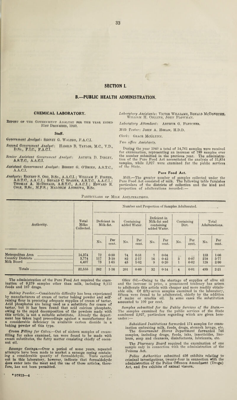 SECTION I. B.—PUBLIC HEALTH ADMINISTRATION. CHEMICAL LABORATORY. Report of the Government Analyst for the irEAR ended 31st December, 1940. Staff. Government Analyst: Sidney G. Walton, F.A.C.I. Second Government Analyst: Harold B. Taylor, M.C., Y.D , D.Sc., F.I.C., F.A.C.I. Senior Assistant Government Analyst: Arthur D. Dlbley, A.S.T.C., A.A.G.I. Assistant Government Analyst: Robert G. O’Brien, A.S.T.C., A.A.C.I. Analysts: Ernest S. Ogg, B.Sc., A.A.C.I.; William F. Fisher, A.S.T.C., A.A.C.I.; Ronald C. Sparks, A.S.T.C., A.A.C.I.; Thomas A. McDonald, A.S.T.C., A.A.C.I.; Edward R. Cole, B.Sc., M.P.S.; Malcolm Andrews, B.Sc. Laboratory Assistants: Victor Williams, Ronald McDonough, William H. Collins, John Plowman. Laboratory Attendant: Arthur G. Fletcher. Milk Tester: John A. Horan, H.D.D. Clerk: Grace McGlynn. Two office Assistants. During the year 1940 a total of 34,761 samples were received for examination, representing an increase of 789 samples over the number submitted in the previous year. The administra¬ tion of the Pure Food Act necessitated the analysis of 31,834 samples, while 2,927 were examined for the public services of the State. Pure Food Act. Milk.—The greater number of samples collected under the Pure Food Act consisted of milk. The following table furnishes particulars of the districts of collection and the kind and proportion of adulterations recorded:— Particulars of Milk Adulterations. Authority. Total Milks Collected. Number and Proportion of Samples Adulterated. - Deficient in Milk-fat. Containing added Water. Deficient in Milk-fat and containing added Water. Containing Dirt. Total Adulterations. No. Per cent. No. Per cent. No. Per cent. No. Per cent. No. Per cent. Metropolitan Area . 14,374 72 0-50 74 0-51 7 004 153 106 Country Districts . 3,774 117 310 82 217 16 0-42 3 007 218 5-77 Milk Board . 4,407 73 1-65 45 102 9 0-20 1 002 128 2-90 Totals . 22,555 262 116 201 0-89 32 014 4 001 499 2-21 The administration of the Pure Food Act required the exam¬ ination of 9,279 samples other than milk, including 9,112 foods and 167 drugs. Baking Powder.—Considerable difficulty has been experienced by manufacturers of cream of tartar baking powder and self- raising flour in procuring adequate supplies of cream of tartar. Acid phosphates are being used as a substitute for cream of tartar, but it has been found that acid calcium phosphate, owing to the rapid decomposition of the powders made with this article, is not a suitable substitute. Already the depart¬ ment has taken legal proceedings against a manufacturer for a considerable deficiency in available carbon dioxide in a baking powder of this type. Cream Filling for Cakes.—Out of sixteen samples of cream¬ filling for cakes examined, ten were found to be made with cream substitutes, the fatty matter consisting chiefly of cocoa- nut oil. Sausage Casings.—Over a period of some years, repeated attempts have been made to market a sausage casing contain¬ ing a considerable quantiy of formaldehyde. Tests carried out in this laboratory, however, indicate that formaldehyde does enter into the meat and the use of these articles, there¬ fore, has not been permitted. Olive Oil.—Owing to the shortage of supplies of olive oil and the increase in price, a pronounced tendency has arisen to adulterate this article with cheaper and more readily obtain¬ able oils. Of fifty-seven samples examined in the laboratory, fifteen were found to be adulterated, chiefly by the addition of maize or arachis oil. In some cases the substitution amounted to 100 per cent. Samples submitted for the Public Services of the State.— The samples examined for the public services of the State numbered 2,927, particulars regarding which are given here¬ under :— Subsidised Institutions forwarded 174 samples for exam¬ ination embracing milk, foods, drugs, stomach lavage, etc. The Government Stores Department forwarded 746 samples, including drugs, foods, inks, insecticides, lino¬ leum, soap and cleansers, disinfectants, lubricants, etc. The Pharmacy Board required the examination of one sample only in connection with the administration of the Poisons Act. Police Authorities submitted 456 exhibits relating to criminal investigations, twenty-four in connection with the administration of the Police Offences Amendment (Drugs) Act, and five exhibits of animal viscera. * 97813—4