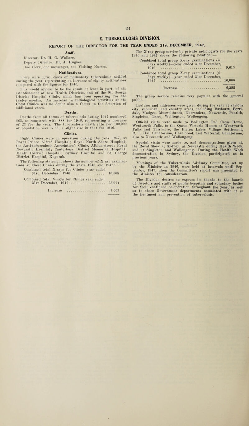 E. TUBERCULOSIS DIVISION. REPORT OF THE DIRECTOR FOR THE YEAR ENDED 31*t DECEMBER, 1947. Staff. Director, Dr. H. G. Wallace. Deputy Director, Dr. J. Hughes. One Clerk, one messenger, ten Visiting Nurses. Notifications. There were 1,751 cases of pulmonary tuberculosis notified during the year, representing an increase of eighty notifications compared with the figures for 1946. This would appear to be the result at least in part, of the establishment of new Health Districts, and of the St. George District Hospital Clinic, which has been operating for the twelve months. An increase in radiological activities at the Chest Clinics was no doubt also a factor in the detection of additional cases. Deaths. Deaths from all forms of tuberculosis during 1947 numbered 865, as compared with 888 for 1946, representing a decrease of 23 for the year. The tuberculosis death rate per 100,000 of population was 37.53, a slight rise in that for 1946. Clinics. Eight Clinics were in operation during the year 1947, at Royal Prince Alfred Hospital; Royal North Shore Hospital; the Anti-tuberculosis Association’s Clinic, Albion-street: Royal Newcastle Hospital; Canterbury District Memorial Hospital; Manly District Hospital; Sydney Hospital and St. George District Hospital, Kogarali. The following statement shows the number of X-ray examina¬ tions at Chest Clinics during the years 1946 and 1947: — Combined total X-rays for Clinics year ended 31st December, 1946 . 16,368 The X-ray group service by private radiologists for the years 1946 and 1947 shows the following position:— Combined total group X-ray examinations (4 days weekly)—year ended 31st December, 1946 . . .‘... 9,615 Combined total group X-ray examinations (6 days weekly)—year ended 31st December, 1947 . . .*.. 16,000 Increase 6,385 The group service remains very popular with the general public. Lectures and addresses were given during the year at various city, suburban, and country areas, including Bathurst, Berri- dale, Mudgee, Muswellbrook, Narrandera, Newcastle, Penrith, Singleton, Taree, Wellington, Wollongong. Official visits were made to Bodington Red Cross Home, Wentworth Falls, to the Queen Victoria Homes at Wentworth Falls and Thirlmere, the Picton Lakes Village Settlement, R. T. Hall Sanatorium, Hazelbrook and Waterfall Sanatorium, also to Newcastle and Wollongong. Special visits were made to, and demonstrations given at, the Royal Show at Sydney, at Newcastle during Health Week, and at Singleton and Wollongong. During the Health Week demonstration in Sydney, the Division participated as in previous years. Meetings of the Tuberculosis Advisory Committee, set up by the Minister in 1946, were held at intervals until Sep¬ tember, 1947, when the Committee’s report was presented to the Minister for consideration. Combined total X-rays for Clinics year ended 31st December, 1947 . 23,971 Increase . 7,603 The Division desires to express its thanks to the boards of directors and staffs of public hospitals and voluntary bodies for their continued co-operation throughout the year, as well as to those Government departments associated with it in the treatment and prevention of tuberculosis.