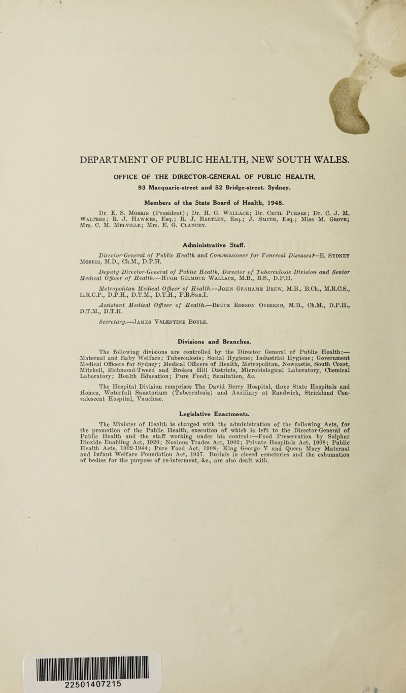 DEPARTMENT OF PUBLIC HEALTH, NEW SOUTH WALES. OFFICE OF THE DIRECTOR-GENERAL OF PUBLIC HEALTH, 93 Macquarie-street and 52 Bridge-street. Sydney. Members of the State Board of Health, 1948. Dr. E. S. Morris (President); Dr. H. G. Wallace; Dr. Cecil Purser; Dr. C. J. M. Walters; E. J. Hawkes, Esq.; R. J. Bartley, Esq.; J. Smith, Esq.; Miss M. Grove; Mrs. C. M. Melville.; Mrs. E. G. Clancey. Administrative Staff. Director-General of Public Health and Commissioner for Venereal Diseases?— E. Sydney Morris, M.D., Ch.M., D.P.H. Deputy Director-General of Public Health, Director of Tuberculosis Division and Senior Medical Officer of Health.—Hugh Gilmour Wallace, M.B., B.S., D.P.H. Metropolitan Medical Officer of Health.—John Grahame Drew, M.B., B.Ch., M.R.O.S., L.R.C.P., D.P.H., D.T.M., D.T.H., F.R.San.I. Assistant Medical Officer of Health.—Bruce Robson Overend, M.B., Ch.M., D.P.H., D.T.M., D.T.H. Secretary.—James Valentine Boyle. Divisions and Branches. The following divisions are controlled by the Director General of Public Health:— Maternal and Baby Welfare; Tuberculosis; Social Hygiene; Industrial Hygiene; Government Medical Officers for Sydney; Medical Officers of Health, Metropolitan, Newcastle, South Coast, Mitchell, Richmond-Tweed and Broken Hill Districts, Microbiological Laboratory, Chemical Laboratory; Health Education; Pure Food; Sanitation, &c. The Hospital Division comprises The David Berry Hospital, three State Hospitals and Homes, Waterfall Sanatorium (Tuberculosis) and Auxiliary at Randwick, Strickland Con¬ valescent Hospital, Vaucluse. Legislative Enactments. The Minister of Health is charged with the administration of the following Acts, for the promotion of the Public Health, execution of which is left to the Director-General of Public Health and the staff working under his control:—Food Preservation by Sulphur Dioxide Enabling Act, 1920; Noxious Trades Act, 1902; Private Hospitals Act, 1908; Public Health Acts, 1902-1944; Pure Food Act, 1908; King George V and Queen Mary Maternal and Infant Welfare Foundation Act, 1937. Burials in closed cemeteries and the exhumation of bodies for the purpose of re-interment, &e., are also dealt with. *V